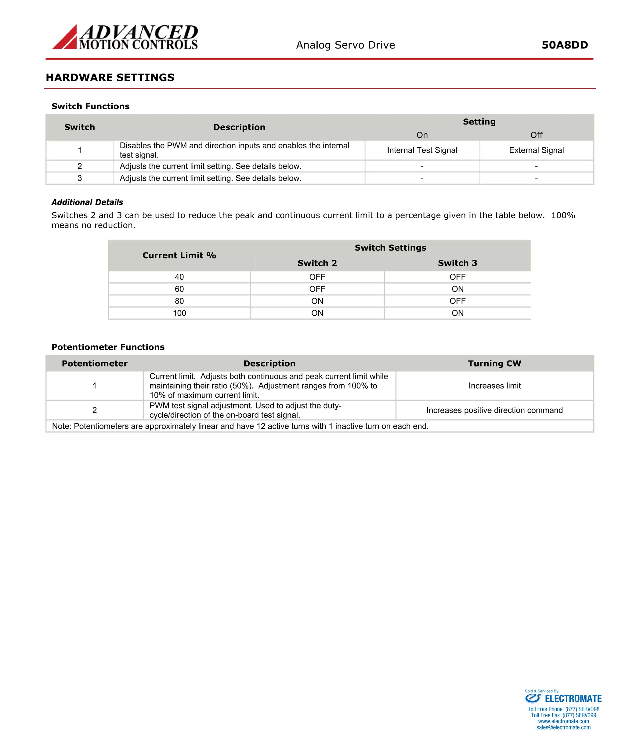 Analog Servo Drive 50A8DD 
HARDWARE SETTINGS 
Switch Functions 
Setting 
Switch 
Description 
On 
Off 
1 
Disables the PWM and direction inputs and enables the internal test signal. 
Internal Test Signal 
External Signal 
2 
Adjusts the current limit setting. See details below. 
- 
- 
3 
Adjusts the current limit setting. See details below. 
- 
- 
Additional Details 
Switches 2 and 3 can be used to reduce the peak and continuous current limit to a percentage given in the table below. 100% means no reduction. 
Switch Settings 
Current Limit % 
Switch 2 
Switch 3 
40 
OFF 
OFF 
60 
OFF 
ON 
80 
ON 
OFF 
100 
ON 
ON 
Potentiometer Functions 
Potentiometer 
Description 
Turning CW 
1 
Current limit. Adjusts both continuous and peak current limit while maintaining their ratio (50%). Adjustment ranges from 100% to 10% of maximum current limit. 
Increases limit 
2 
PWM test signal adjustment. Used to adjust the duty- cycle/direction of the on-board test signal. 
Increases positive direction command 
Note: Potentiometers are approximately linear and have 12 active turns with 1 inactive turn on each end. 
ELECTROMATE 
Toll Free Phone (877) SERVO98 
Toll Free Fax (877) SERV099 
www.electromate.com 
sales@electromate.com 
Sold & Serviced By: 
 