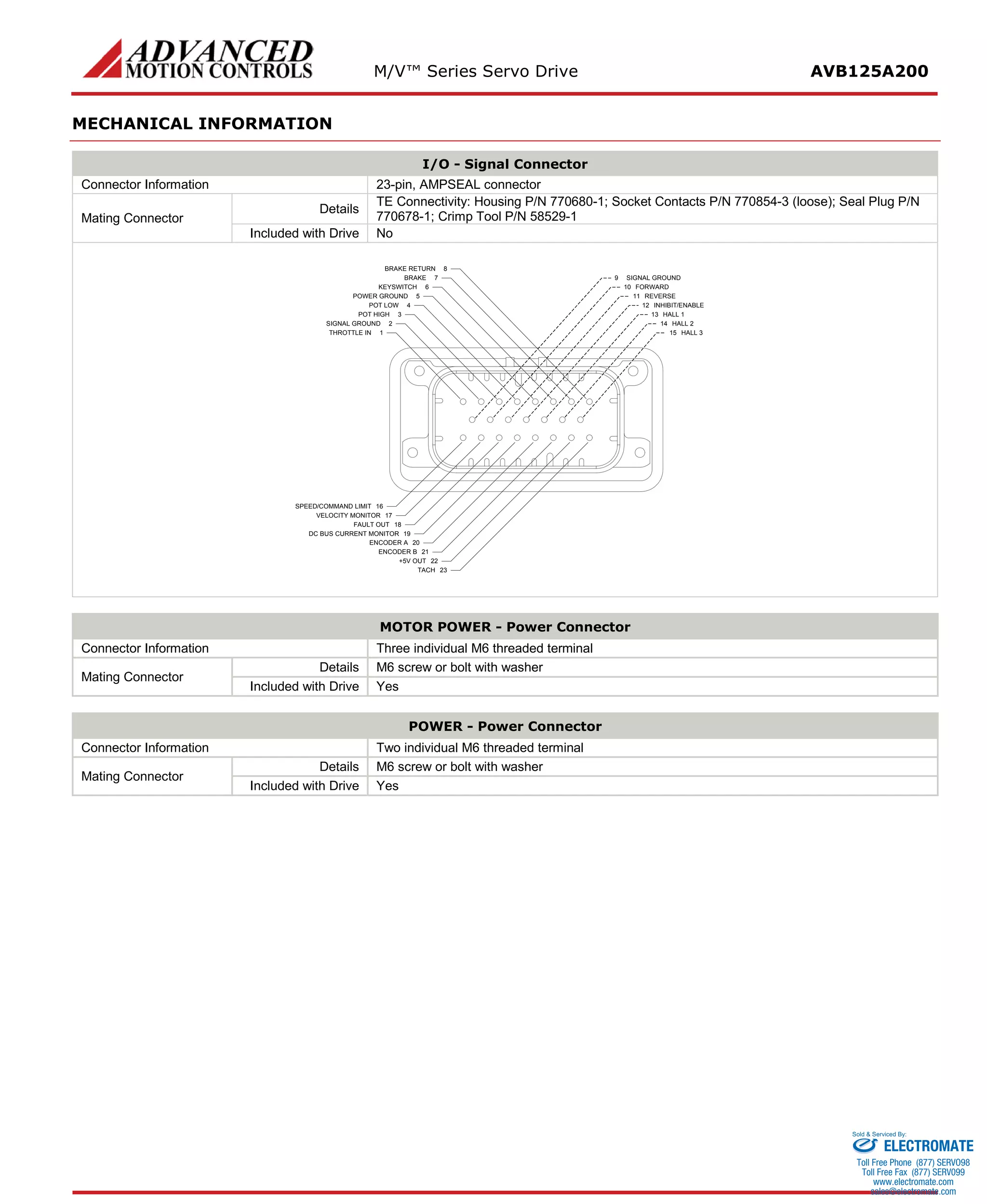 M/V™ Series Servo Drive AVB125A200 
MECHANICAL INFORMATION 
I/O - Signal Connector 
Connector Information 
23-pin, AMPSEAL connector 
Mating Connector 
Details 
TE Connectivity: Housing P/N 770680-1; Socket Contacts P/N 770854-3 (loose); Seal Plug P/N 770678-1; Crimp Tool P/N 58529-1 
Included with Drive 
No 
1THROTTLE IN15HALL 316SPEED/COMMAND LIMIT2SIGNAL GROUND3POT HIGH4POT LOW5POWER GROUND6KEYSWITCH7BRAKE8BRAKE RETURN14HALL 213HALL 112INHIBIT/ENABLE11REVERSE10FORWARD9SIGNAL GROUND17VELOCITY MONITOR18FAULT OUT19DC BUS CURRENT MONITOR20ENCODER A21ENCODER B22+5V OUT23TACH 
MOTOR POWER - Power Connector 
Connector Information 
Three individual M6 threaded terminal 
Mating Connector 
Details 
M6 screw or bolt with washer 
Included with Drive 
Yes 
POWER - Power Connector 
Connector Information 
Two individual M6 threaded terminal 
Mating Connector 
Details 
M6 screw or bolt with washer 
Included with Drive 
Yes 
ELECTROMATE 
Toll Free Phone (877) SERVO98 
Toll Free Fax (877) SERV099 
www.electromate.com 
sales@electromate.com 
Sold & Serviced By: 
 