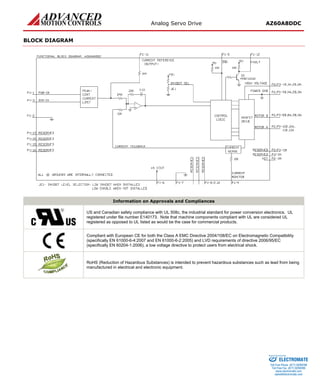 Analog Servo Drive AZ60A8DDC 
BLOCK DIAGRAM 
Information on Approvals and Compliances 
US and Canadian safety compliance with UL 508c, the industrial standard for power conversion electronics. UL registered under file number E140173. Note that machine components compliant with UL are considered UL registered as opposed to UL listed as would be the case for commercial products. 
Compliant with European CE for both the Class A EMC Directive 2004/108/EC on Electromagnetic Compatibility (specifically EN 61000-6-4:2007 and EN 61000-6-2:2005) and LVD requirements of directive 2006/95/EC (specifically EN 60204-1:2006), a low voltage directive to protect users from electrical shock. 
RoHS (Reduction of Hazardous Substances) is intended to prevent hazardous substances such as lead from being manufactured in electrical and electronic equipment. 
ELECTROMATE 
Toll Free Phone (877) SERVO98 
Toll Free Fax (877) SERV099 
www.electromate.com 
sales@electromate.com 
Sold & Serviced By: 
 