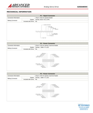 Analog Servo Drive AZ60A8DDC 
MECHANICAL INFORMATION 
P1 - Signal Connector 
Connector Information 
16-pin, 2.54 mm spaced header 
Mating Connector 
Details 
Samtec: BCS-116-L-S-PE 
Included with Drive 
No 
PWM INPUT1SIGNAL GND2DIRECTION3CURRENT MONITOR4INHIBIT IN5SIGNAL GND7CURRENT REFERENCE11FAULT OUT12+6V 30mA OUT6 
P2 - Power Connector 
Connector Information 
22-pin, 2.54 mm spaced, dual-row header 
Mating Connector 
Details 
Samtec: SSM-111-L-DV 
Included with Drive 
No 
MOTOR A11aMOTOR A11bMOTOR A10aMOTOR A10bMOTOR B9aMOTOR B9bMOTOR B8aMOTOR B8bPWR GND5aPWR GND4aPWR GND5bNC3bPWR GND4bHIGH VOLTAGE2bHIGH VOLTAGE1bHIGH VOLTAGE1aHIGH VOLTAGE2aNC (KEY)3a 
P3 - Power Connector 
Connector Information 
22-pin, 2.54 mm spaced, dual-row header 
Mating Connector 
Details 
Samtec: SSM-111-L-DV 
Included with Drive 
No 
MOTOR A11aMOTOR A11bMOTOR A10aMOTOR A10bMOTOR B9aMOTOR B9bMOTOR B8aMOTOR B8bPWR GND5aPWR GND4aPWR GND5bNC3bPWR GND4bHIGH VOLTAGE2bHIGH VOLTAGE1bHIGH VOLTAGE1aHIGH VOLTAGE2aNC3a 
ELECTROMATE 
Toll Free Phone (877) SERVO98 
Toll Free Fax (877) SERV099 
www.electromate.com 
sales@electromate.com 
Sold & Serviced By: 
 