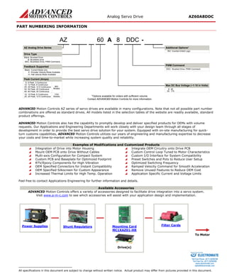 Analog Servo Drive AZ60A8DDC 
PART NUMBERING INFORMATION 
A860-DDCBlank:Current Mode onlyE:Encoder Velocity Mode AvailableH:Hall velocity Mode AvailableBrushed DriveBlank: AZ Analog Drive SeriesAZDrive TypeDDC:Brushed Drive, PWM CommandB:Brushless driveBDC:Brushless Drive, PWM CommandFeedback Supported6:6 Peak, 3 Continuous8:80Inverted Inhibit LogicINV: *Options available for orders with sufficient volume. Contact ADVANCED Motion Controls for more information. 10:10 Peak, 6 Continuous20:175Peak Current (Amps) 12:12 Peak, 6 ContinuousMax DC Bus Voltage (~1:10 in Volts) PWM CommandAdditional Options* 25:25 Peak, 12.5 Continuous25:25 Peak, 12.5 Continuous40:40 Peak, 20 Continuous80V Models175V Models60:60 Peak, 30 Continuous 
ADVANCED Motion Controls AZ series of servo drives are available in many configurations. Note that not all possible part number combinations are offered as standard drives. All models listed in the selection tables of the website are readily available, standard product offerings. 
ADVANCED Motion Controls also has the capability to promptly develop and deliver specified products for OEMs with volume requests. Our Applications and Engineering Departments will work closely with your design team through all stages of development in order to provide the best servo drive solution for your system. Equipped with on-site manufacturing for quick- turn customs capabilities, ADVANCED Motion Controls utilizes our years of engineering and manufacturing expertise to decrease your costs and time-to-market while increasing system quality and reliability. 
Examples of Modifications and Customized Products 
 Integration of Drive into Motor Housing 
 Integrate OEM Circuitry onto Drive PCB 
 Mount OEM PCB onto Drive Without Cables 
 Custom Control Loop Tuned to Motor Characteristics 
 Multi-axis Configuration for Compact System 
 Custom I/O Interface for System Compatibility 
 Custom PCB and Baseplate for Optimized Footprint 
 Preset Switches and Pots to Reduce User Setup 
 RTV/Epoxy Components for High Vibration 
 Optimized Switching Frequency 
 OEM Specified Connectors for Instant Compatibility 
 Ramped Velocity Command for Smooth Acceleration 
 OEM Specified Silkscreen for Custom Appearance 
 Remove Unused Features to Reduce OEM Cost 
 Increased Thermal Limits for High Temp. Operation 
 Application Specific Current and Voltage Limits 
Feel free to contact Applications Engineering for further information and details. 
Available Accessories 
ADVANCED Motion Controls offers a variety of accessories designed to facilitate drive integration into a servo system. 
Visit www.a-m-c.com to see which accessories will assist with your application design and implementation. 
Power Supplies 
Shunt Regulators 
Mounting Card 
MC1XAZ01-HR 
Filter Cards 
To Motor 
Drive(s) 
All specifications in this document are subject to change without written notice. Actual product may differ from pictures provided in this document. 
ELECTROMATE 
Toll Free Phone (877) SERVO98 
Toll Free Fax (877) SERV099 
www.electromate.com 
sales@electromate.com 
Sold & Serviced By: 
