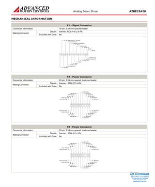 Analog Servo Drive AZBE25A20 
MECHANICAL INFORMATION 
P1 - Signal Connector 
Connector Information 
16-pin, 2.54 mm spaced header 
Mating Connector 
Details 
Samtec: BCS-116-L-S-PE 
Included with Drive 
No 
+REF IN1SIGNAL GND2-REF IN3CURRENT MONITOR4INHIBIT IN5+V HALL OUT6SIGNAL GND7HALL 18HALL 29HALL 310CURRENT REFERENCE11FAULT OUT12ENCODER-A IN14OFFSET16ENCODER-B IN13VEL MONITOR OUT / TACH IN15 
P2 - Power Connector 
Connector Information 
22-pin, 2.54 mm spaced, dual-row header 
Mating Connector 
Details 
Samtec: SSM-111-L-DV 
Included with Drive 
No 
MOTOR A11aMOTOR A11bMOTOR A10aMOTOR A10bMOTOR B9aMOTOR B9bMOTOR B8aMOTOR B8bMOTOR C7aMOTOR C7bMOTOR C6aMOTOR C6bPWR GND5aPWR GND4aPWR GND5bNC3bPWR GND4bHIGH VOLTAGE2bHIGH VOLTAGE1bHIGH VOLTAGE1aHIGH VOLTAGE2aNC (KEY)3a 
P3 - Power Connector 
Connector Information 
22-pin, 2.54 mm spaced, dual-row header 
Mating Connector 
Details 
Samtec: SSM-111-L-DV 
Included with Drive 
No 
MOTOR A11aMOTOR A11bMOTOR A10aMOTOR A10bMOTOR B9aMOTOR B9bMOTOR B8aMOTOR B8bMOTOR C7aMOTOR C7bMOTOR C6aMOTOR C6bPWR GND5aPWR GND4aPWR GND5bNC3bPWR GND4bHIGH VOLTAGE2bHIGH VOLTAGE1bHIGH VOLTAGE1aHIGH VOLTAGE2aNC3a 
ELECTROMATE 
Toll Free Phone (877) SERVO98 
Toll Free Fax (877) SERV099 
www.electromate.com 
sales@electromate.com 
Sold & Serviced By: 
 