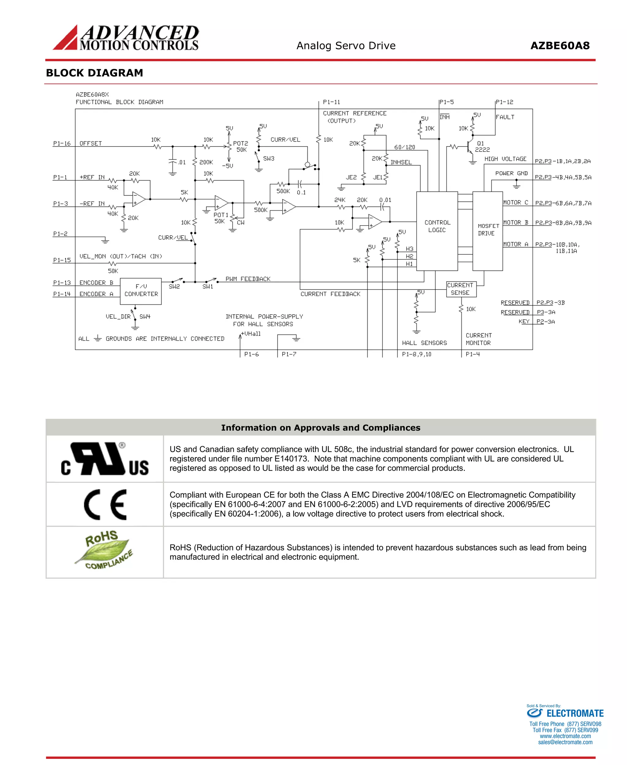 Analog Servo Drive AZBE60A8 
BLOCK DIAGRAM 
Information on Approvals and Compliances 
US and Canadian safety compliance with UL 508c, the industrial standard for power conversion electronics. UL registered under file number E140173. Note that machine components compliant with UL are considered UL registered as opposed to UL listed as would be the case for commercial products. 
Compliant with European CE for both the Class A EMC Directive 2004/108/EC on Electromagnetic Compatibility (specifically EN 61000-6-4:2007 and EN 61000-6-2:2005) and LVD requirements of directive 2006/95/EC (specifically EN 60204-1:2006), a low voltage directive to protect users from electrical shock. 
RoHS (Reduction of Hazardous Substances) is intended to prevent hazardous substances such as lead from being manufactured in electrical and electronic equipment. 
ELECTROMATE 
Toll Free Phone (877) SERVO98 
Toll Free Fax (877) SERV099 
www.electromate.com 
sales@electromate.com 
Sold & Serviced By: 
 