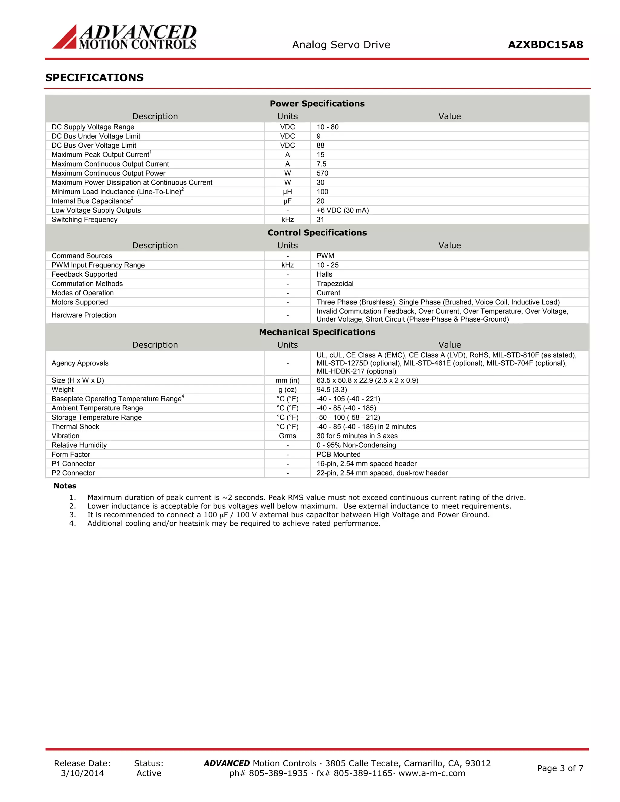 Analog Servo Drive AZXBDC15A8 
Release Date: 
3/10/2014 
Status: 
Active 
ADVANCED Motion Controls · 3805 Calle Tecate, Camarillo, CA, 93012 
ph# 805-389-1935 · fx# 805-389-1165· www.a-m-c.com Page 3 of 7 
SPECIFICATIONS 
Power Specifications 
Description 
Units 
Value 
DC Supply Voltage Range 
VDC 
10 - 80 
DC Bus Under Voltage Limit 
VDC 
9 
DC Bus Over Voltage Limit 
VDC 
88 
Maximum Peak Output Current1 
A 
15 
Maximum Continuous Output Current 
A 
7.5 
Maximum Continuous Output Power 
W 
570 
Maximum Power Dissipation at Continuous Current 
W 
30 
Minimum Load Inductance (Line-To-Line)2 
μH 
100 
Internal Bus Capacitance3 
μF 
20 
Low Voltage Supply Outputs 
- 
+6 VDC (30 mA) 
Switching Frequency 
kHz 
31 
Control Specifications 
Description 
Units 
Value 
Command Sources 
- 
PWM 
PWM Input Frequency Range 
kHz 
10 - 25 
Feedback Supported 
- 
Halls 
Commutation Methods 
- 
Trapezoidal 
Modes of Operation 
- 
Current 
Motors Supported 
- 
Three Phase (Brushless), Single Phase (Brushed, Voice Coil, Inductive Load) 
Hardware Protection 
- 
Invalid Commutation Feedback, Over Current, Over Temperature, Over Voltage, Under Voltage, Short Circuit (Phase-Phase & Phase-Ground) 
Mechanical Specifications 
Description 
Units 
Value 
Agency Approvals 
- 
UL, cUL, CE Class A (EMC), CE Class A (LVD), RoHS, MIL-STD-810F (as stated), MIL-STD-1275D (optional), MIL-STD-461E (optional), MIL-STD-704F (optional), MIL-HDBK-217 (optional) 
Size (H x W x D) 
mm (in) 
63.5 x 50.8 x 22.9 (2.5 x 2 x 0.9) 
Weight 
g (oz) 
94.5 (3.3) 
Baseplate Operating Temperature Range4 
°C (°F) 
-40 - 105 (-40 - 221) 
Ambient Temperature Range 
°C (°F) 
-40 - 85 (-40 - 185) 
Storage Temperature Range 
°C (°F) 
-50 - 100 (-58 - 212) 
Thermal Shock 
°C (°F) 
-40 - 85 (-40 - 185) in 2 minutes 
Vibration 
Grms 
30 for 5 minutes in 3 axes 
Relative Humidity 
- 
0 - 95% Non-Condensing 
Form Factor 
- 
PCB Mounted 
P1 Connector 
- 
16-pin, 2.54 mm spaced header 
P2 Connector 
- 
22-pin, 2.54 mm spaced, dual-row header 
Notes 
1. Maximum duration of peak current is ~2 seconds. Peak RMS value must not exceed continuous current rating of the drive. 
2. Lower inductance is acceptable for bus voltages well below maximum. Use external inductance to meet requirements. 
3. It is recommended to connect a 100 μF / 100 V external bus capacitor between High Voltage and Power Ground. 
4. Additional cooling and/or heatsink may be required to achieve rated performance.  