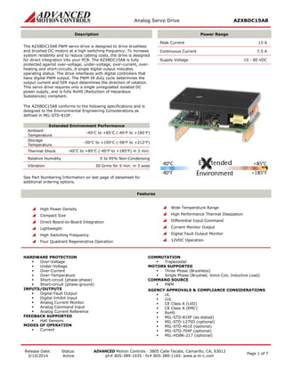 Analog Servo Drive AZXBDC15A8 
Release Date: 
3/10/2014 
Status: 
Active 
ADVANCED Motion Controls · 3805 Calle Tecate, Camarillo, CA, 93012 
ph# 805-389-1935 · fx# 805-389-1165· www.a-m-c.com Page 1 of 7 
Description 
Power Range 
The AZXBDC15A8 PWM servo drive is designed to drive brushless and brushed DC motors at a high switching frequency. To increase system reliability and to reduce cabling costs, the drive is designed for direct integration into your PCB. The AZXBDC15A8 is fully protected against over-voltage, under-voltage, over-current, over- heating and short-circuits. A single digital output indicates operating status. The drive interfaces with digital controllers that have digital PWM output. The PWM IN duty cycle determines the output current and DIR input determines the direction of rotation. This servo drive requires only a single unregulated isolated DC power supply, and is fully RoHS (Reduction of Hazardous Substances) compliant. 
The AZXBDC15A8 conforms to the following specifications and is designed to the Environmental Engineering Considerations as defined in MIL-STD-810F. 
Extended Environment Performance 
Ambient Temperature 
-40°C to +85°C (-40°F to +185°F) 
Storage Temperature 
-50°C to +100°C (-58°F to +212°F) 
Thermal Shock 
-40°C to +85°C (-40°F to +185°F) in 2 min. 
Relative Humidity 
0 to 95% Non-Condensing 
Vibration 
30 Grms for 5 min. in 3 axes 
See Part Numbering Information on last page of datasheet for additional ordering options. 
Peak Current 15 A 
Continuous Current 7.5 A 
Supply Voltage 10 - 80 VDC 
Features 
 High Power Density 
 Compact Size 
 Direct Board-to-Board Integration 
 Lightweight 
 High Switching Frequency 
 Four Quadrant Regenerative Operation 
 Wide Temperature Range 
 High Performance Thermal Dissipation 
 Differential Input Command 
 Current Monitor Output 
 Digital Fault Output Monitor 
 12VDC Operation 
HARDWARE PROTECTION 
 Over-Voltage 
 Under-Voltage 
 Over-Current 
 Over-Temperature 
 Short-circuit (phase-phase) 
 Short-circuit (phase-ground) 
INPUTS/OUTPUTS 
 Digital Fault Output 
 Digital Inhibit Input 
 Analog Current Monitor 
 Analog Command Input 
 Analog Current Reference 
FEEDBACK SUPPORTED 
 Hall Sensors 
MODES OF OPERATION 
 Current 
COMMUTATION 
 Trapezoidal 
MOTORS SUPPORTED 
 Three Phase (Brushless) 
 Single Phase (Brushed, Voice Coil, Inductive Load) 
COMMAND SOURCE 
 PWM 
AGENCY APPROVALS & COMPLIANCE CONSIDERATIONS 
 UL 
 cUL 
 CE Class A (LVD) 
 CE Class A (EMC) 
 RoHS 
 MIL-STD-810F (as stated) 
 MIL-STD-1275D (optional) 
 MIL-STD-461E (optional) 
 MIL-STD-704F (optional) 
 MIL-HDBK-217 (optional)  
