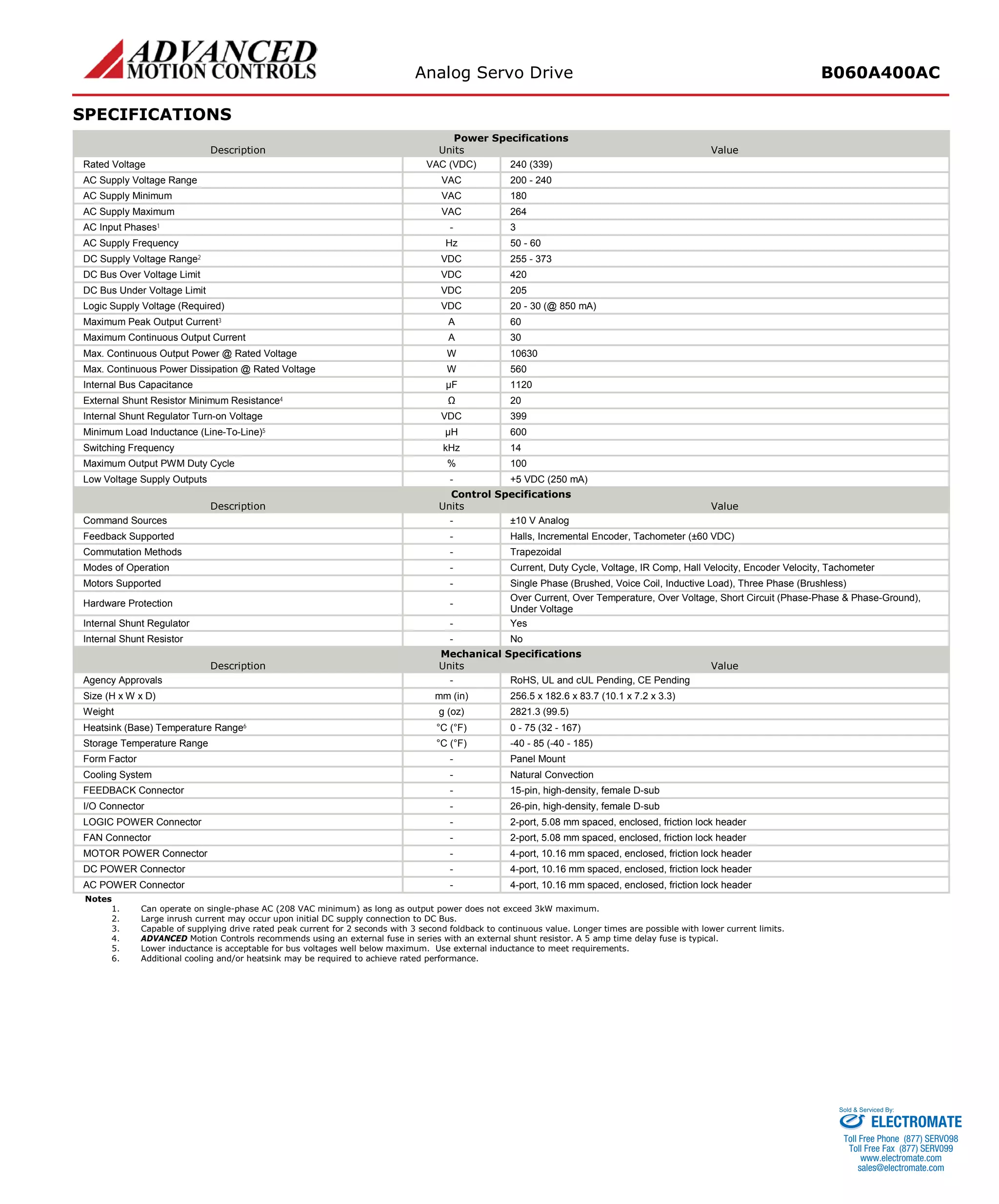Analog Servo Drive B060A400AC 
SPECIFICATIONS 
Power Specifications 
Description 
Units 
Value 
Rated Voltage 
VAC (VDC) 
240 (339) 
AC Supply Voltage Range 
VAC 
200 - 240 
AC Supply Minimum 
VAC 
180 
AC Supply Maximum 
VAC 
264 
AC Input Phases1 
- 
3 
AC Supply Frequency 
Hz 
50 - 60 
DC Supply Voltage Range2 
VDC 
255 - 373 
DC Bus Over Voltage Limit 
VDC 
420 
DC Bus Under Voltage Limit 
VDC 
205 
Logic Supply Voltage (Required) 
VDC 
20 - 30 (@ 850 mA) 
Maximum Peak Output Current3 
A 
60 
Maximum Continuous Output Current 
A 
30 
Max. Continuous Output Power @ Rated Voltage 
W 
10630 
Max. Continuous Power Dissipation @ Rated Voltage 
W 
560 
Internal Bus Capacitance 
μF 
1120 
External Shunt Resistor Minimum Resistance4 
Ω 
20 
Internal Shunt Regulator Turn-on Voltage 
VDC 
399 
Minimum Load Inductance (Line-To-Line)5 
μH 
600 
Switching Frequency 
kHz 
14 
Maximum Output PWM Duty Cycle 
% 
100 
Low Voltage Supply Outputs 
- 
+5 VDC (250 mA) 
Control Specifications 
Description 
Units 
Value 
Command Sources 
- 
±10 V Analog 
Feedback Supported 
- 
Halls, Incremental Encoder, Tachometer (±60 VDC) 
Commutation Methods 
- 
Trapezoidal 
Modes of Operation 
- 
Current, Duty Cycle, Voltage, IR Comp, Hall Velocity, Encoder Velocity, Tachometer 
Motors Supported 
- 
Single Phase (Brushed, Voice Coil, Inductive Load), Three Phase (Brushless) 
Hardware Protection 
- 
Over Current, Over Temperature, Over Voltage, Short Circuit (Phase-Phase & Phase-Ground), Under Voltage 
Internal Shunt Regulator 
- 
Yes 
Internal Shunt Resistor 
- 
No 
Mechanical Specifications 
Description 
Units 
Value 
Agency Approvals 
- 
RoHS, UL and cUL Pending, CE Pending 
Size (H x W x D) 
mm (in) 
256.5 x 182.6 x 83.7 (10.1 x 7.2 x 3.3) 
Weight 
g (oz) 
2821.3 (99.5) 
Heatsink (Base) Temperature Range6 
°C (°F) 
0 - 75 (32 - 167) 
Storage Temperature Range 
°C (°F) 
-40 - 85 (-40 - 185) 
Form Factor 
- 
Panel Mount 
Cooling System 
- 
Natural Convection 
FEEDBACK Connector 
- 
15-pin, high-density, female D-sub 
I/O Connector 
- 
26-pin, high-density, female D-sub 
LOGIC POWER Connector 
- 
2-port, 5.08 mm spaced, enclosed, friction lock header 
FAN Connector 
- 
2-port, 5.08 mm spaced, enclosed, friction lock header 
MOTOR POWER Connector 
- 
4-port, 10.16 mm spaced, enclosed, friction lock header 
DC POWER Connector 
- 
4-port, 10.16 mm spaced, enclosed, friction lock header 
AC POWER Connector 
- 
4-port, 10.16 mm spaced, enclosed, friction lock header 
Notes 
1. Can operate on single-phase AC (208 VAC minimum) as long as output power does not exceed 3kW maximum. 
2. Large inrush current may occur upon initial DC supply connection to DC Bus. 
3. Capable of supplying drive rated peak current for 2 seconds with 3 second foldback to continuous value. Longer times are possible with lower current limits. 
4. ADVANCED Motion Controls recommends using an external fuse in series with an external shunt resistor. A 5 amp time delay fuse is typical. 
5. Lower inductance is acceptable for bus voltages well below maximum. Use external inductance to meet requirements. 
6. Additional cooling and/or heatsink may be required to achieve rated performance. 
ELECTROMATE 
Toll Free Phone (877) SERVO98 
Toll Free Fax (877) SERV099 
www.electromate.com 
sales@electromate.com 
Sold & Serviced By: 
 