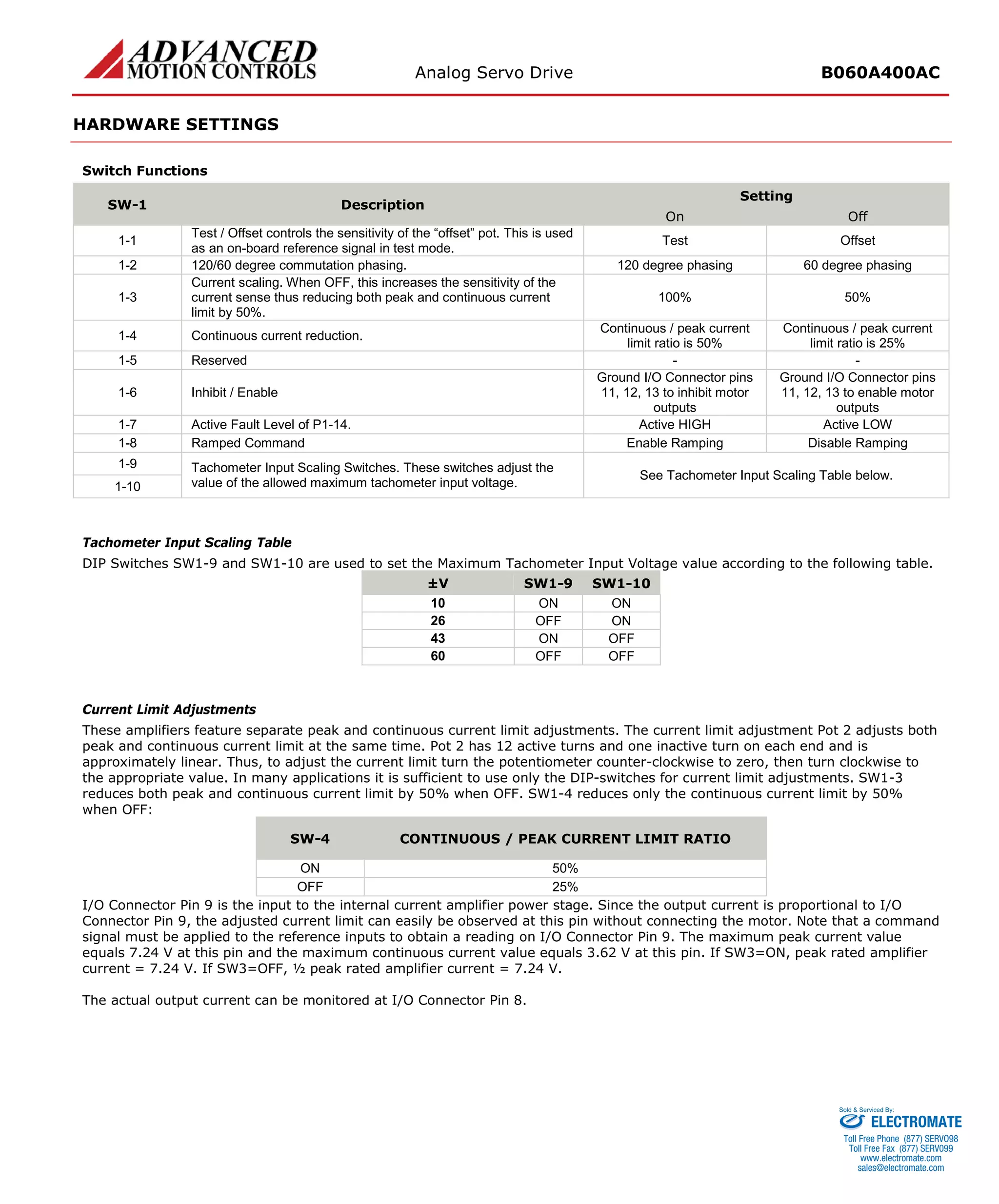 Analog Servo Drive B060A400AC 
HARDWARE SETTINGS 
Switch Functions 
SW-1 
Description 
Setting 
On 
Off 
1-1 
Test / Offset controls the sensitivity of the “offset” pot. This is used as an on-board reference signal in test mode. 
Test 
Offset 
1-2 
120/60 degree commutation phasing. 
120 degree phasing 
60 degree phasing 
1-3 
Current scaling. When OFF, this increases the sensitivity of the current sense thus reducing both peak and continuous current limit by 50%. 
100% 
50% 
1-4 
Continuous current reduction. 
Continuous / peak current limit ratio is 50% 
Continuous / peak current limit ratio is 25% 
1-5 
Reserved 
- 
- 
1-6 
Inhibit / Enable 
Ground I/O Connector pins 11, 12, 13 to inhibit motor outputs 
Ground I/O Connector pins 11, 12, 13 to enable motor outputs 
1-7 
Active Fault Level of P1-14. 
Active HIGH 
Active LOW 
1-8 
Ramped Command 
Enable Ramping 
Disable Ramping 
1-9 
Tachometer Input Scaling Switches. These switches adjust the value of the allowed maximum tachometer input voltage. 
See Tachometer Input Scaling Table below. 
1-10 
Tachometer Input Scaling Table 
DIP Switches SW1-9 and SW1-10 are used to set the Maximum Tachometer Input Voltage value according to the following table. 
±V 
SW1-9 
SW1-10 
10 
ON 
ON 
26 
OFF 
ON 
43 
ON 
OFF 
60 
OFF 
OFF 
Current Limit Adjustments 
These amplifiers feature separate peak and continuous current limit adjustments. The current limit adjustment Pot 2 adjusts both peak and continuous current limit at the same time. Pot 2 has 12 active turns and one inactive turn on each end and is approximately linear. Thus, to adjust the current limit turn the potentiometer counter-clockwise to zero, then turn clockwise to the appropriate value. In many applications it is sufficient to use only the DIP-switches for current limit adjustments. SW1-3 reduces both peak and continuous current limit by 50% when OFF. SW1-4 reduces only the continuous current limit by 50% when OFF: 
SW-4 
CONTINUOUS / PEAK CURRENT LIMIT RATIO 
ON 
50% 
OFF 
25% 
I/O Connector Pin 9 is the input to the internal current amplifier power stage. Since the output current is proportional to I/O Connector Pin 9, the adjusted current limit can easily be observed at this pin without connecting the motor. Note that a command signal must be applied to the reference inputs to obtain a reading on I/O Connector Pin 9. The maximum peak current value equals 7.24 V at this pin and the maximum continuous current value equals 3.62 V at this pin. If SW3=ON, peak rated amplifier current = 7.24 V. If SW3=OFF, ½ peak rated amplifier current = 7.24 V. 
The actual output current can be monitored at I/O Connector Pin 8. 
ELECTROMATE 
Toll Free Phone (877) SERVO98 
Toll Free Fax (877) SERV099 
www.electromate.com 
sales@electromate.com 
Sold & Serviced By: 
 