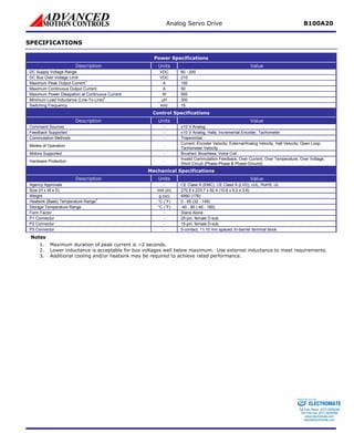 Analog Servo Drive B100A20 
SPECIFICATIONS 
Power Specifications 
Description 
Units 
Value 
DC Supply Voltage Range 
VDC 
60 - 200 
DC Bus Over Voltage Limit 
VDC 
210 
Maximum Peak Output Current1 
A 
100 
Maximum Continuous Output Current 
A 
50 
Maximum Power Dissipation at Continuous Current 
W 
500 
Minimum Load Inductance (Line-To-Line)2 
μH 
300 
Switching Frequency 
kHz 
15 
Control Specifications 
Description 
Units 
Value 
Command Sources 
- 
±10 V Analog 
Feedback Supported 
- 
±10 V Analog, Halls, Incremental Encoder, Tachometer 
Commutation Methods 
- 
Trapezoidal 
Modes of Operation 
- 
Current, Encoder Velocity, External/Analog Velocity, Hall Velocity, Open Loop, Tachometer Velocity 
Motors Supported 
- 
Brushed, Brushless, Voice Coil 
Hardware Protection 
- 
Invalid Commutation Feedback, Over Current, Over Temperature, Over Voltage, Short Circuit (Phase-Phase & Phase-Ground) 
Mechanical Specifications 
Description 
Units 
Value 
Agency Approvals 
- 
CE Class A (EMC), CE Class A (LVD), cUL, RoHS, UL 
Size (H x W x D) 
mm (in) 
270.5 x 233.7 x 92.4 (10.6 x 9.2 x 3.6) 
Weight 
g (oz) 
4990 (176) 
Heatsink (Base) Temperature Range3 
°C (°F) 
0 - 65 (32 - 149) 
Storage Temperature Range 
°C (°F) 
-40 - 85 (-40 - 185) 
Form Factor 
- 
Stand Alone 
P1 Connector 
- 
25-pin, female D-sub 
P2 Connector 
- 
15-pin, female D-sub 
P3 Connector 
- 
5-contact, 11.10 mm spaced, tri-barrier terminal block 
Notes 
1. 
Maximum duration of peak current is ~2 seconds. 
2. 
Lower inductance is acceptable for bus voltages well below maximum. Use external inductance to meet requirements. 
3. 
Additional cooling and/or heatsink may be required to achieve rated performance. 
ELECTROMATE 
Toll Free Phone (877) SERVO98 
Toll Free Fax (877) SERV099 
www.electromate.com 
sales@electromate.com 
Sold & Serviced By: 
 