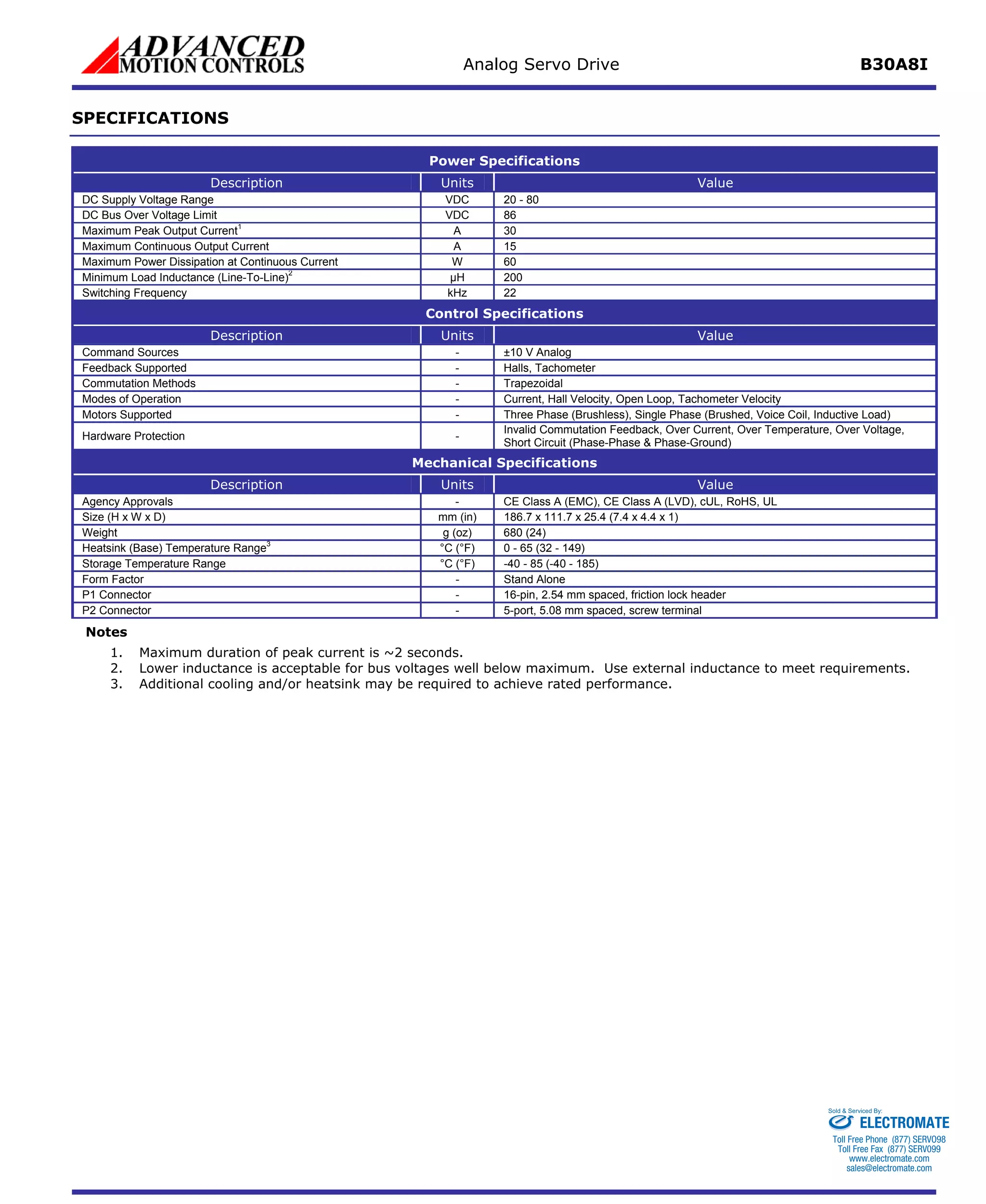 Analog Servo Drive B30A8I 
SPECIFICATIONS 
Power Specifications 
Description 
Units 
Value 
DC Supply Voltage Range 
VDC 
20 - 80 
DC Bus Over Voltage Limit 
VDC 
86 
Maximum Peak Output Current1 
A 
30 
Maximum Continuous Output Current 
A 
15 
Maximum Power Dissipation at Continuous Current 
W 
60 
Minimum Load Inductance (Line-To-Line)2 
μH 
200 
Switching Frequency 
kHz 
22 
Control Specifications 
Description 
Units 
Value 
Command Sources 
- 
±10 V Analog 
Feedback Supported 
- 
Halls, Tachometer 
Commutation Methods 
- 
Trapezoidal 
Modes of Operation 
- 
Current, Hall Velocity, Open Loop, Tachometer Velocity 
Motors Supported 
- 
Three Phase (Brushless), Single Phase (Brushed, Voice Coil, Inductive Load) 
Hardware Protection 
- 
Invalid Commutation Feedback, Over Current, Over Temperature, Over Voltage, Short Circuit (Phase-Phase & Phase-Ground) 
Mechanical Specifications 
Description 
Units 
Value 
Agency Approvals 
- 
CE Class A (EMC), CE Class A (LVD), cUL, RoHS, UL 
Size (H x W x D) 
mm (in) 
186.7 x 111.7 x 25.4 (7.4 x 4.4 x 1) 
Weight 
g (oz) 
680 (24) 
Heatsink (Base) Temperature Range3 
°C (°F) 
0 - 65 (32 - 149) 
Storage Temperature Range 
°C (°F) 
-40 - 85 (-40 - 185) 
Form Factor 
- 
Stand Alone 
P1 Connector 
- 
16-pin, 2.54 mm spaced, friction lock header 
P2 Connector 
- 
5-port, 5.08 mm spaced, screw terminal 
Notes 
1. 
Maximum duration of peak current is ~2 seconds. 
2. 
Lower inductance is acceptable for bus voltages well below maximum. Use external inductance to meet requirements. 
3. 
Additional cooling and/or heatsink may be required to achieve rated performance. 
ELECTROMATE 
Toll Free Phone (877) SERVO98 
Toll Free Fax (877) SERV099 
www.electromate.com 
sales@electromate.com 
Sold & Serviced By: 
 