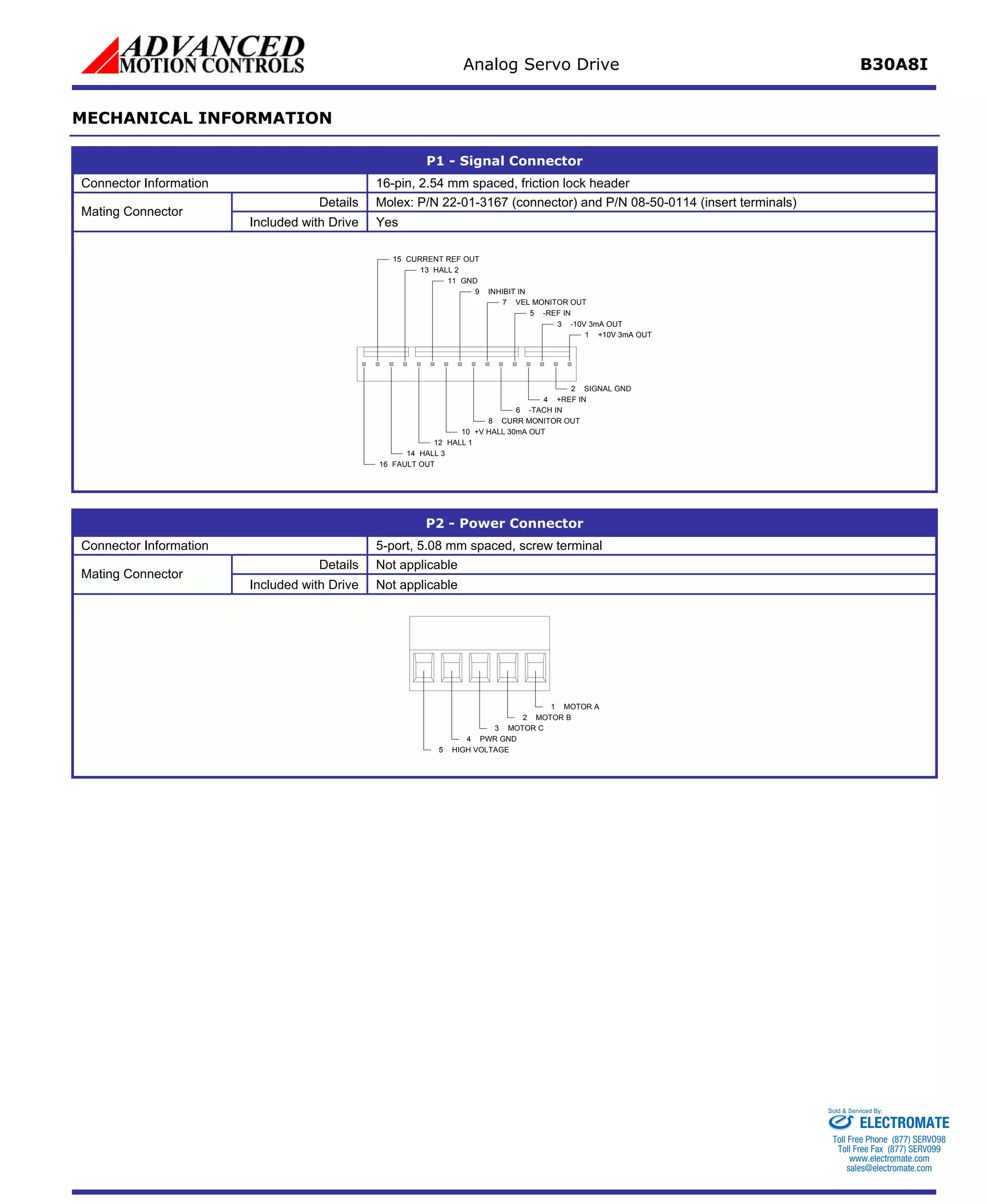 Analog Servo Drive B30A8I 
MECHANICAL INFORMATION 
P1 - Signal Connector 
Connector Information 
16-pin, 2.54 mm spaced, friction lock header 
Details 
Molex: P/N 22-01-3167 (connector) and P/N 08-50-0114 (insert terminals) 
Mating Connector 
Included with Drive 
Yes +10V 3mA OUT1SIGNAL GND2-10V 3mA OUT3+REF IN4-REF IN5-TACH IN6VEL MONITOR OUT7CURR MONITOR OUT8INHIBIT IN9+V HALL 30mA OUT10GND11HALL 112HALL 314FAULT OUT16HALL 213CURRENT REF OUT15 
P2 - Power Connector 
Connector Information 
5-port, 5.08 mm spaced, screw terminal 
Details 
Not applicable 
Mating Connector 
Included with Drive 
Not applicable MOTOR A1MOTOR B2MOTOR C3PWR GND4HIGH VOLTAGE5 
ELECTROMATE 
Toll Free Phone (877) SERVO98 
Toll Free Fax (877) SERV099 
www.electromate.com 
sales@electromate.com 
Sold & Serviced By: 
 