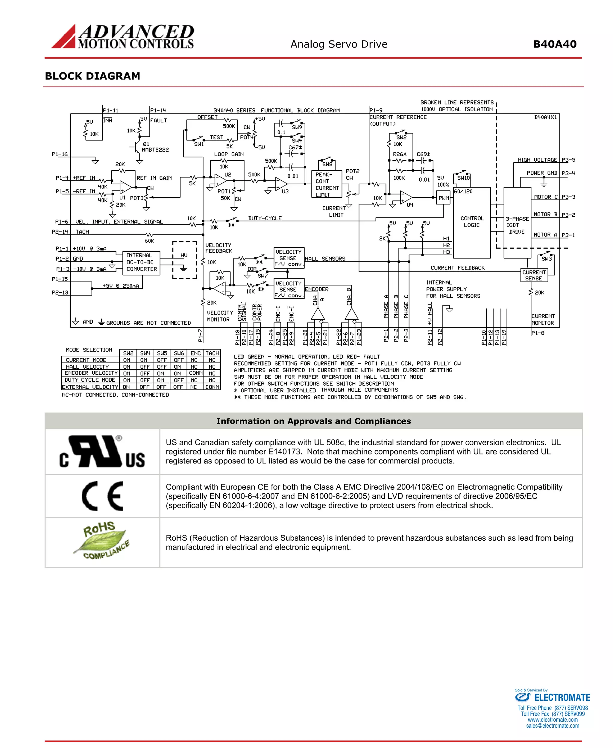 Analog Servo Drive B40A40 
BLOCK DIAGRAM 
Information on Approvals and Compliances 
US and Canadian safety compliance with UL 508c, the industrial standard for power conversion electronics. UL registered under file number E140173. Note that machine components compliant with UL are considered UL registered as opposed to UL listed as would be the case for commercial products. 
Compliant with European CE for both the Class A EMC Directive 2004/108/EC on Electromagnetic Compatibility (specifically EN 61000-6-4:2007 and EN 61000-6-2:2005) and LVD requirements of directive 2006/95/EC (specifically EN 60204-1:2006), a low voltage directive to protect users from electrical shock. 
RoHS (Reduction of Hazardous Substances) is intended to prevent hazardous substances such as lead from being manufactured in electrical and electronic equipment. 
ELECTROMATE 
Toll Free Phone (877) SERVO98 
Toll Free Fax (877) SERV099 
www.electromate.com 
sales@electromate.com 
Sold & Serviced By: 
 