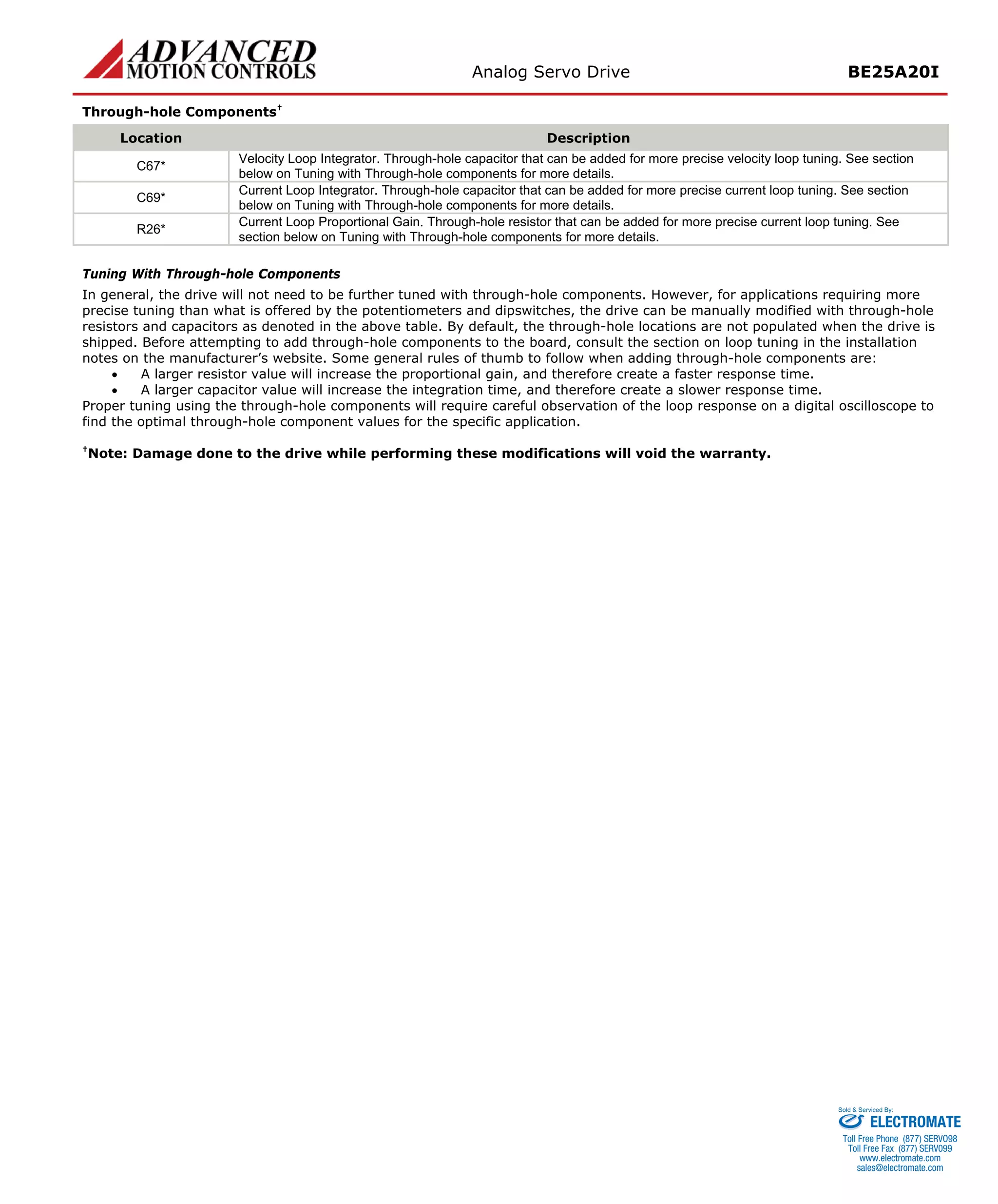 Analog Servo Drive BE25A20I 
Through-hole Components† 
Location 
Description 
C67* 
Velocity Loop Integrator. Through-hole capacitor that can be added for more precise velocity loop tuning. See section below on Tuning with Through-hole components for more details. 
C69* 
Current Loop Integrator. Through-hole capacitor that can be added for more precise current loop tuning. See section below on Tuning with Through-hole components for more details. 
R26* 
Current Loop Proportional Gain. Through-hole resistor that can be added for more precise current loop tuning. See section below on Tuning with Through-hole components for more details. 
Tuning With Through-hole Components 
In general, the drive will not need to be further tuned with through-hole components. However, for applications requiring more precise tuning than what is offered by the potentiometers and dipswitches, the drive can be manually modified with through-hole resistors and capacitors as denoted in the above table. By default, the through-hole locations are not populated when the drive is shipped. Before attempting to add through-hole components to the board, consult the section on loop tuning in the installation notes on the manufacturer’s website. Some general rules of thumb to follow when adding through-hole components are: 
• 
A larger resistor value will increase the proportional gain, and therefore create a faster response time. 
• 
A larger capacitor value will increase the integration time, and therefore create a slower response time. 
Proper tuning using the through-hole components will require careful observation of the loop response on a digital oscilloscope to find the optimal through-hole component values for the specific application. 
†Note: Damage done to the drive while performing these modifications will void the warranty. 
ELECTROMATE 
Toll Free Phone (877) SERVO98 
Toll Free Fax (877) SERV099 
www.electromate.com 
sales@electromate.com 
Sold & Serviced By: 
 