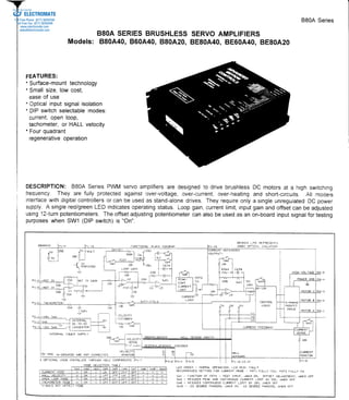 BSOA SERIES BRUSHLESS 
Models: 880A40, 860A40, 880A20, 
BSOA 
SERVO AMPLIFIERS 
8E80A40, BE60A40, BE80A20 
Series 
ELECTROMATE 
Toll Free Phone (877) SERVO98 
Toll Free Fax (877) SERV099 
www.electromate.com 
sales@electromate.com 
FEATURES: 
* Surface-moutnetc hnology 
- Small size, low cost, 
ease of use 
. Opticailn puts ignails olation 
. DIPs witchs electablem odes: 
currento, penl oop, 
tachometeor,r HALLv elocity 
'Four quadrant 
regenerativoep eration 
DESGRIPTION:B B0AS eriesP WM servoa mplifiersa re designedt o driveb rushlessD C motorsa t a high switching 
frequency. They are fully protecteda gainst over-voltage,o ver-current,o ver-heatinga nd short-circuits. All rnodets 
intenacew tthd igitalc ontrolleros r can be useda s stand-alonder ives.T heyr equireo nlya singleu nreguiatedD C power 
supply.A singler eciigreeLnE D indicateso peratings tatus.L oopg ain,c urrentli mit,i nputg aina nd offsetc an be adjusted 
using1 2-turnp otentiometersT. he offseta djustingp otentiometecr an also be useda s an on-boardi nputs ignalf ortesting 
purposes when SWl (DlP switch) is "On". 
BROKIN L ] N E RIPPESEIIS 
IOOOU I]PTICAL I S O L A I I O I 
INTERNAL 
DC IO_DC 
CONUERTER 
X OPTIONAL USER INSTALLED THROU6H HOLE COIPONEIITS 
CURREN T 
L I N-I IT 
CURRENT " 
LED GREEN - NORtrAL OPERAIlON, L f , D RED_ TAULT 
RECOTflENDED 9ETTIdG FOR CURREIT NODE - P O T I FULLY C C ! , POT3 FULLY C ! 
SqI'FUNCTION OT P O f 9 - TEST INPUT, IHEI ON, OFFSET ADJUSIHENT, I I H E N OTF 
S!3 _ REDUCES PEAK AND CONTINUOUS CURRENT L I N I T A Y 5 O Z , I H E N OFF 
SlA _ FEDUCES COHTINUOUS CURREHT L I N ] T ! Y 5 O Z , l H E N OFF 
SIIO - L2O l E 6 R E E PHASING, I H E N O N , 6 0 DEGREE P H A S I N 6 , I H E N OFF 
l ru.o.,r" 
+ AND =-6R0uNns aRE Nor coNNrcrED i l o N l 
Sold & Serviced By: 
 