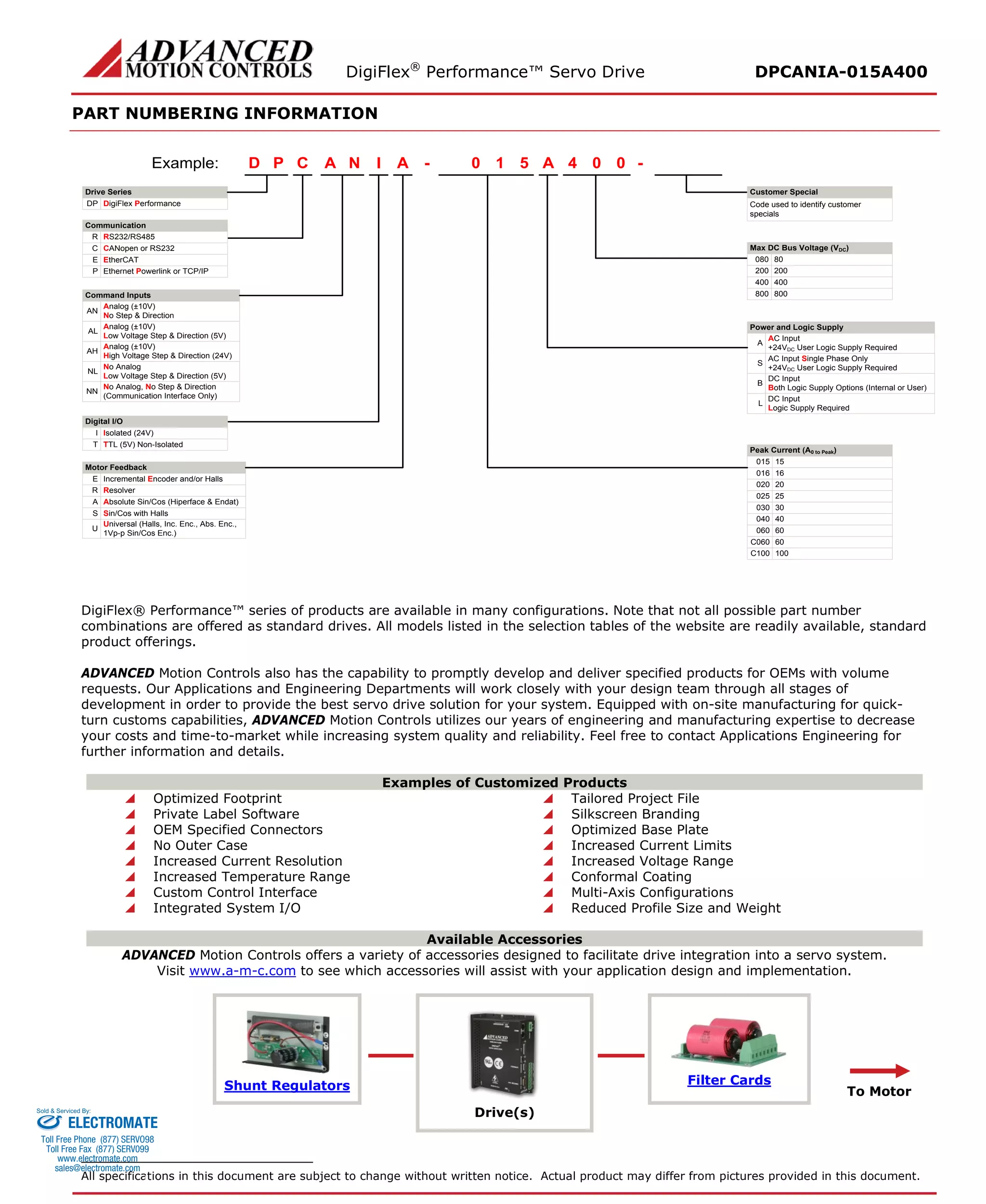 DigiFlex® Performance™ Servo Drive DPCANIA-015A400 
PART NUMBERING INFORMATION 
- Drive SeriesDigiFlex PerformanceCommunicationCommand InputsCPDINAA510A004Example: DPRS232/RS485RCANopen or RS232CEthernet Powerlink or TCP/IPPAnalog (±10V) No Step & DirectionANAnalog (±10V) Low Voltage Step & Direction (5V)ALAnalog (±10V) High Voltage Step & Direction (24V)AHNo AnalogLow Voltage Step & Direction (5V)NLNo Analog, No Step & Direction(Communication Interface Only)NNDigital I/OIsolated (24V)ITTL (5V) Non-IsolatedTMotor FeedbackIncremental Encoder and/or HallsEResolverRAbsolute Sin/Cos (Hiperface & Endat)ASin/Cos with HallsSMax DC Bus Voltage (VDC) 80080200200400400800800AC Input+24VDC User Logic Supply RequiredAAC Input Single Phase Only+24VDC User Logic Supply RequiredSDC InputBoth Logic Supply Options (Internal or User)BDC InputLogic Supply RequiredL15015160162002025025300304004060C060100C100- Code used to identify customer specialsPower and Logic SupplyPeak Current (A0 to Peak) Customer SpecialEtherCATEUniversal (Halls, Inc. Enc., Abs. Enc., 1Vp-p Sin/Cos Enc.)U60060 
DigiFlex® Performance™ series of products are available in many configurations. Note that not all possible part number combinations are offered as standard drives. All models listed in the selection tables of the website are readily available, standard product offerings. 
ADVANCED Motion Controls also has the capability to promptly develop and deliver specified products for OEMs with volume requests. Our Applications and Engineering Departments will work closely with your design team through all stages of development in order to provide the best servo drive solution for your system. Equipped with on-site manufacturing for quick- turn customs capabilities, ADVANCED Motion Controls utilizes our years of engineering and manufacturing expertise to decrease your costs and time-to-market while increasing system quality and reliability. Feel free to contact Applications Engineering for further information and details. 
Examples of Customized Products 
 Optimized Footprint 
 Tailored Project File 
 Private Label Software 
 Silkscreen Branding 
 OEM Specified Connectors 
 Optimized Base Plate 
 No Outer Case 
 Increased Current Limits 
 Increased Current Resolution 
 Increased Voltage Range 
 Increased Temperature Range 
 Conformal Coating 
 Custom Control Interface 
 Multi-Axis Configurations 
 Integrated System I/O 
 Reduced Profile Size and Weight 
Available Accessories 
ADVANCED Motion Controls offers a variety of accessories designed to facilitate drive integration into a servo system. 
Visit www.a-m-c.com to see which accessories will assist with your application design and implementation. 
Shunt Regulators 
Drive(s) 
Filter Cards 
To Motor 
All specifications in this document are subject to change without written notice. Actual product may differ from pictures provided in this document. 
ELECTROMATE 
Toll Free Phone (877) SERVO98 
Toll Free Fax (877) SERV099 
www.electromate.com 
sales@electromate.com 
Sold & Serviced By: 
