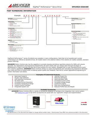 DigiFlex® Performance™ Servo Drive DPCANIA-030A400 
PART NUMBERING INFORMATION 
- Drive SeriesDigiFlex PerformanceCommunicationCommand InputsCPDINAA030A004Example: DPRS232/RS485RCANopen or RS232CEthernet Powerlink or TCP/IPPAnalog (±10V) No Step & DirectionANAnalog (±10V) Low Voltage Step & Direction (5V)ALAnalog (±10V) High Voltage Step & Direction (24V)AHNo AnalogLow Voltage Step & Direction (5V)NLNo Analog, No Step & Direction(Communication Interface Only)NNDigital I/OIsolated (24V)ITTL (5V) Non-IsolatedTMotor FeedbackIncremental Encoder and/or HallsEResolverRAbsolute Sin/Cos (Hiperface & Endat)ASin/Cos with HallsSMax DC Bus Voltage (VDC) 80080200200400400800800AC Input+24VDC User Logic Supply RequiredAAC Input Single Phase Only+24VDC User Logic Supply RequiredSDC InputBoth Logic Supply Options (Internal or User)BDC InputLogic Supply RequiredL15015160162002025025300304004060C060100C100- Code used to identify customer specialsPower and Logic SupplyPeak Current (A0 to Peak) Customer SpecialEtherCATEUniversal (Halls, Inc. Enc., Abs. Enc., 1Vp-p Sin/Cos Enc.)U60060 
DigiFlex® Performance™ series of products are available in many configurations. Note that not all possible part number combinations are offered as standard drives. All models listed in the selection tables of the website are readily available, standard product offerings. 
ADVANCED Motion Controls also has the capability to promptly develop and deliver specified products for OEMs with volume requests. Our Applications and Engineering Departments will work closely with your design team through all stages of development in order to provide the best servo drive solution for your system. Equipped with on-site manufacturing for quick- turn customs capabilities, ADVANCED Motion Controls utilizes our years of engineering and manufacturing expertise to decrease your costs and time-to-market while increasing system quality and reliability. Feel free to contact Applications Engineering for further information and details. 
Examples of Customized Products 
 Optimized Footprint 
 Tailored Project File 
 Private Label Software 
 Silkscreen Branding 
 OEM Specified Connectors 
 Optimized Base Plate 
 No Outer Case 
 Increased Current Limits 
 Increased Current Resolution 
 Increased Voltage Range 
 Increased Temperature Range 
 Conformal Coating 
 Custom Control Interface 
 Multi-Axis Configurations 
 Integrated System I/O 
 Reduced Profile Size and Weight 
Available Accessories 
ADVANCED Motion Controls offers a variety of accessories designed to facilitate drive integration into a servo system. 
Visit www.a-m-c.com to see which accessories will assist with your application design and implementation. 
Drive(s) 
Filter Cards 
To Motor 
All specifications in this document are subject to change without written notice. Actual product may differ from pictures provided in this document. 
ELECTROMATE 
Toll Free Phone (877) SERVO98 
Toll Free Fax (877) SERV099 
www.electromate.com 
sales@electromate.com 
Sold & Serviced By: 
