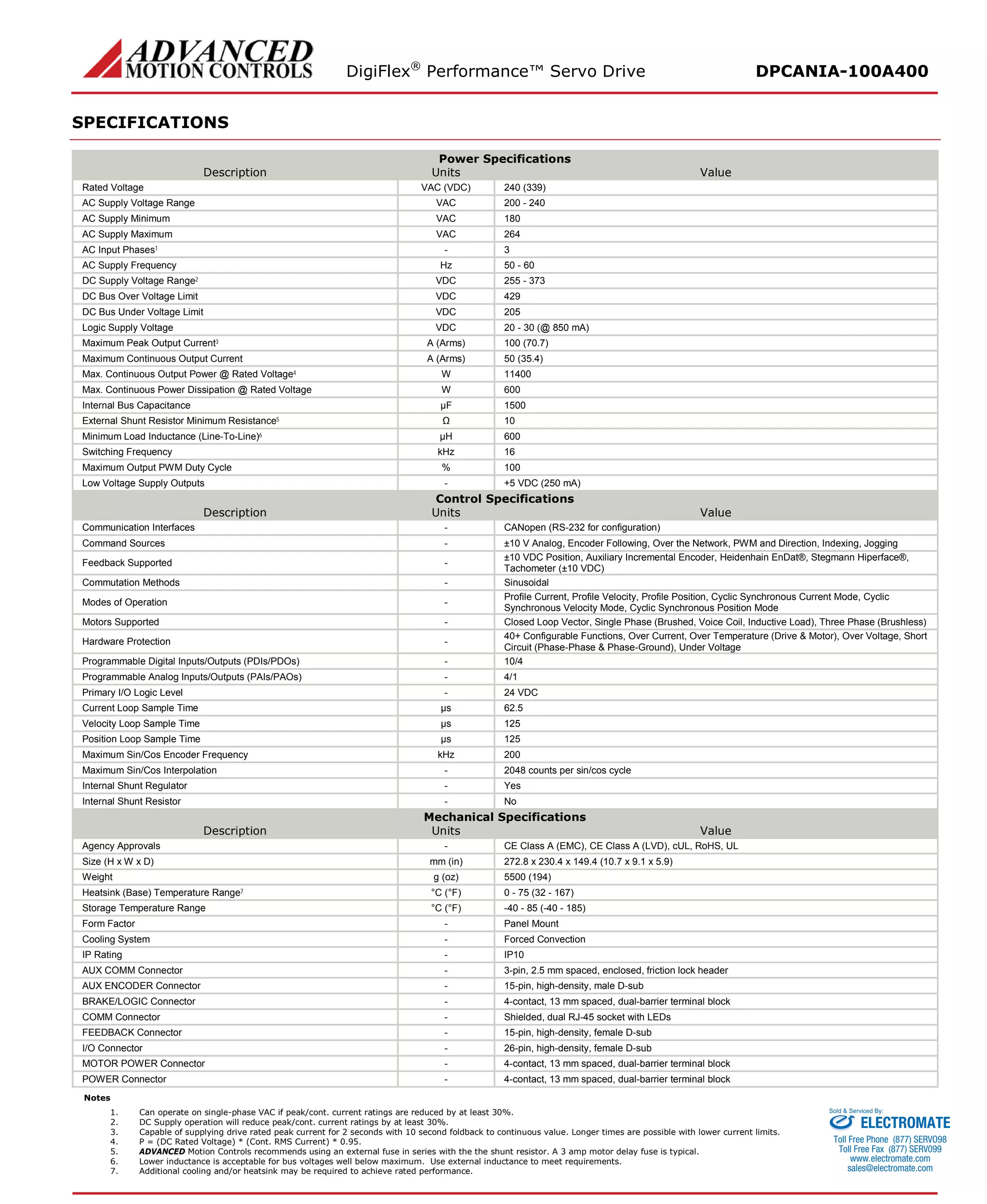 DigiFlex® Performance™ Servo Drive DPCANIA-100A400 
SPECIFICATIONS 
Power Specifications 
Description 
Units 
Value 
Rated Voltage 
VAC (VDC) 
240 (339) 
AC Supply Voltage Range 
VAC 
200 - 240 
AC Supply Minimum 
VAC 
180 
AC Supply Maximum 
VAC 
264 
AC Input Phases1 
- 
3 
AC Supply Frequency 
Hz 
50 - 60 
DC Supply Voltage Range2 
VDC 
255 - 373 
DC Bus Over Voltage Limit 
VDC 
429 
DC Bus Under Voltage Limit 
VDC 
205 
Logic Supply Voltage 
VDC 
20 - 30 (@ 850 mA) 
Maximum Peak Output Current3 
A (Arms) 
100 (70.7) 
Maximum Continuous Output Current 
A (Arms) 
50 (35.4) 
Max. Continuous Output Power @ Rated Voltage4 
W 
11400 
Max. Continuous Power Dissipation @ Rated Voltage 
W 
600 
Internal Bus Capacitance 
μF 
1500 
External Shunt Resistor Minimum Resistance5 
Ω 
10 
Minimum Load Inductance (Line-To-Line)6 
μH 
600 
Switching Frequency 
kHz 
16 
Maximum Output PWM Duty Cycle 
% 
100 
Low Voltage Supply Outputs 
- 
+5 VDC (250 mA) 
Control Specifications 
Description 
Units 
Value 
Communication Interfaces 
- 
CANopen (RS-232 for configuration) 
Command Sources 
- 
±10 V Analog, Encoder Following, Over the Network, PWM and Direction, Indexing, Jogging 
Feedback Supported 
- 
±10 VDC Position, Auxiliary Incremental Encoder, Heidenhain EnDat®, Stegmann Hiperface®, Tachometer (±10 VDC) 
Commutation Methods 
- 
Sinusoidal 
Modes of Operation 
- 
Profile Current, Profile Velocity, Profile Position, Cyclic Synchronous Current Mode, Cyclic Synchronous Velocity Mode, Cyclic Synchronous Position Mode 
Motors Supported 
- 
Closed Loop Vector, Single Phase (Brushed, Voice Coil, Inductive Load), Three Phase (Brushless) 
Hardware Protection 
- 
40+ Configurable Functions, Over Current, Over Temperature (Drive & Motor), Over Voltage, Short Circuit (Phase-Phase & Phase-Ground), Under Voltage 
Programmable Digital Inputs/Outputs (PDIs/PDOs) 
- 
10/4 
Programmable Analog Inputs/Outputs (PAIs/PAOs) 
- 
4/1 
Primary I/O Logic Level 
- 
24 VDC 
Current Loop Sample Time 
μs 
62.5 
Velocity Loop Sample Time 
μs 
125 
Position Loop Sample Time 
μs 
125 
Maximum Sin/Cos Encoder Frequency 
kHz 
200 
Maximum Sin/Cos Interpolation 
- 
2048 counts per sin/cos cycle 
Internal Shunt Regulator 
- 
Yes 
Internal Shunt Resistor 
- 
No 
Mechanical Specifications 
Description 
Units 
Value 
Agency Approvals 
- 
CE Class A (EMC), CE Class A (LVD), cUL, RoHS, UL 
Size (H x W x D) 
mm (in) 
272.8 x 230.4 x 149.4 (10.7 x 9.1 x 5.9) 
Weight 
g (oz) 
5500 (194) 
Heatsink (Base) Temperature Range7 
°C (°F) 
0 - 75 (32 - 167) 
Storage Temperature Range 
°C (°F) 
-40 - 85 (-40 - 185) 
Form Factor 
- 
Panel Mount 
Cooling System 
- 
Forced Convection 
IP Rating 
- 
IP10 
AUX COMM Connector 
- 
3-pin, 2.5 mm spaced, enclosed, friction lock header 
AUX ENCODER Connector 
- 
15-pin, high-density, male D-sub 
BRAKE/LOGIC Connector 
- 
4-contact, 13 mm spaced, dual-barrier terminal block 
COMM Connector 
- 
Shielded, dual RJ-45 socket with LEDs 
FEEDBACK Connector 
- 
15-pin, high-density, female D-sub 
I/O Connector 
- 
26-pin, high-density, female D-sub 
MOTOR POWER Connector 
- 
4-contact, 13 mm spaced, dual-barrier terminal block 
POWER Connector 
- 
4-contact, 13 mm spaced, dual-barrier terminal block 
Notes 
1. Can operate on single-phase VAC if peak/cont. current ratings are reduced by at least 30%. 
2. DC Supply operation will reduce peak/cont. current ratings by at least 30%. 
3. Capable of supplying drive rated peak current for 2 seconds with 10 second foldback to continuous value. Longer times are possible with lower current limits. 
4. P = (DC Rated Voltage) * (Cont. RMS Current) * 0.95. 
5. ADVANCED Motion Controls recommends using an external fuse in series with the the shunt resistor. A 3 amp motor delay fuse is typical. 
6. Lower inductance is acceptable for bus voltages well below maximum. Use external inductance to meet requirements. 
7. Additional cooling and/or heatsink may be required to achieve rated performance. 
ELECTROMATE 
Toll Free Phone (877) SERVO98 
Toll Free Fax (877) SERV099 
www.electromate.com 
sales@electromate.com 
Sold & Serviced By: 
 