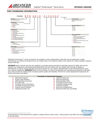 DigiFlex® Performance™ Servo Drive DPCANIA-100A400 
PART NUMBERING INFORMATION 
- Drive SeriesDigiFlex PerformanceCommunicationCommand InputsRPDINAE510A004Example: DPRS232/RS485RCANopen or RS232CSynqNetQAnalog (±10V) No Step & DirectionANAnalog (±10V) Low Voltage Step & Direction (5V)ALAnalog (±10V) High Voltage Step & Direction (24V)AHNo AnalogLow Voltage Step & Direction (5V)NLNo Analog, No Step & Direction(Communication Interface Only)NNDigital I/OIsolated (24V)ITTL (5V) Non-IsolatedTMotor FeedbackIncremental Encoder and/or HallsEResolverRAbsolute Sin/Cos (Hiperface & Endat)ASin/Cos with HallsSMax DC Bus Voltage (VDC) 80080200200400400800800AC Input+24VDC User Logic Supply RequiredAAC Input Single Phase Only+24VDC User Logic Supply RequiredSDC InputBoth Logic Supply Options (Internal or User)BDC InputLogic Supply RequiredL15015160162002025025300304004060060100100- Code used to identify customer specialsPower and Logic SupplyPeak Current (A0 to Peak) Customer SpecialEtherCATEUniversal (Halls, Inc. Enc., Abs. Enc., 1Vp-p Sin/Cos Enc.)U 
DigiFlex® Performance™ series of products are available in many configurations. Note that not all possible part number combinations are offered as standard drives. All models listed in the selection tables of the website are readily available, standard product offerings. 
ADVANCED Motion Controls also has the capability to promptly develop and deliver specified products for OEMs with volume requests. Our Applications and Engineering Departments will work closely with your design team through all stages of development in order to provide the best servo drive solution for your system. Equipped with on-site manufacturing for quick- turn customs capabilities, ADVANCED Motion Controls utilizes our years of engineering and manufacturing expertise to decrease your costs and time-to-market while increasing system quality and reliability. Feel free to contact Applications Engineering for further information and details. 
Examples of Customized Products 
 Optimized Footprint 
 Tailored Project File 
 Private Label Software 
 Silkscreen Branding 
 OEM Specified Connectors 
 Optimized Base Plate 
 No Outer Case 
 Increased Current Limits 
 Increased Current Resolution 
 Increased Voltage Range 
 Increased Temperature Range 
 Conformal Coating 
 Custom Control Interface 
 Multi-Axis Configurations 
 Integrated System I/O 
 Reduced Profile Size and Weight 
All specifications in this document are subject to change without written notice. Actual product may differ from pictures provided in this document. 
ELECTROMATE 
Toll Free Phone (877) SERVO98 
Toll Free Fax (877) SERV099 
www.electromate.com 
sales@electromate.com 
Sold & Serviced By: 
