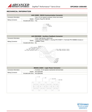 DigiFlex® Performance™ Servo Drive DPCANIA-100A400 
MECHANICAL INFORMATION 
AUX COMM - RS232 Communication Connector 
Connector Information 
3-pin, 2.5 mm spaced, enclosed, friction lock header 
Mating Connector 
Details 
Phoenix: Plug P/N 1881338 
Included with Drive 
Yes 
RS232 RX1RS232 TX2ISO GND3 
AUX ENCODER - Auxiliary Feedback Connector 
Connector Information 
15-pin, high-density, male D-sub 
Mating Connector 
Details 
TYCO: Plug P/N 1658681-1; Housing P/N 5748677-1; Terminals P/N 1658686-2 (loose) or 1658686-1 (strip) 
Included with Drive 
No 
PDI-8 - (PWM- / AUX ENC A- / CAP-B-)5PDI-8 + (PWM+ / AUX ENC A+ / CAP-B+)4PAI-4 -15PAI-4 +14+5V OUT13SGN GND12SGN GND11SGN GND10PDI-9 + (DIR+ / AUX ENC B+ / CAP-C+)6PDI-10 - (AUX ENC I- / CAP-A-)9PDI-10 + (AUX ENC I+ / CAP-A+)8PDI-9 - (DIR- / AUX ENC B- / CAP-C-)7 
BRAKE/LOGIC - Logic Power Connector 
Connector Information 
4-contact, 13 mm spaced, dual-barrier terminal block 
Mating Connector 
Details 
Not applicable 
Included with Drive 
Not applicable 
LOGIC GND1LOGIC PWR2BR3DC+4 
ELECTROMATE 
Toll Free Phone (877) SERVO98 
Toll Free Fax (877) SERV099 
www.electromate.com 
sales@electromate.com 
Sold & Serviced By: 
 