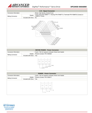 DigiFlex® Performance™ Servo Drive DPCANIE-060A800 
I/O - Signal Connector 
Connector Information 
26-pin, high-density, female D-sub 
Mating Connector 
Details 
TYCO: Plug P/N 1658671-1; Housing P/N 5748677-2; Terminals P/N 1658670-2 (loose) or 1658670-1 (strip) 
Included with Drive 
No 
PDO-1123456897PDO-414PDI-111PDI-212PDI-313PDO-310INPUT COMMON15PDI-417PDI-618SGN GND16OUTPUT COMMONPDI-5OUTPUT PULL-UPPAO-1PAI-2PAI-1 - (REF-) PAI-1 + (REF+) PDO-2PDI-719ENC I+ OUT24ENC B+ OUT22ENC A+ OUT20ENC A-OUT21ENC B-OUT23ENC I-OUT25SGN GND26 
MOTOR POWER - Power Connector 
Connector Information 
4-port, 7.62 mm spaced, enclosed, friction lock header 
Mating Connector 
Details 
Phoenix Contact: P/N 1804920 
Included with Drive 
Yes 
SHIELD1MOTOR C2MOTOR B3MOTOR A4 
POWER - Power Connector 
Connector Information 
3-port, 7.62 mm spaced, enclosed, friction lock header 
Mating Connector 
Details 
Phoenix Contact: P/N 1804917 
Included with Drive 
Yes 
L31L22L13 
ELECTROMATE 
Toll Free Phone (877) SERVO98 
Toll Free Fax (877) SERV099 
www.electromate.com 
sales@electromate.com 
Sold & Serviced By: 
 