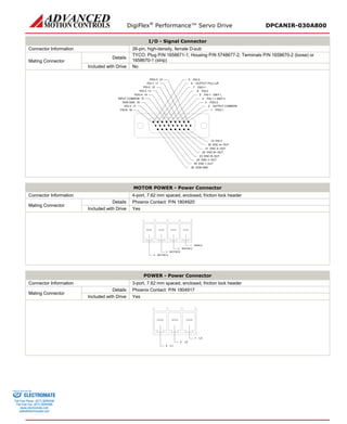 DigiFlex® Performance™ Servo Drive DPCANIR-030A800 
I/O - Signal Connector 
Connector Information 
26-pin, high-density, female D-sub 
Mating Connector 
Details 
TYCO: Plug P/N 1658671-1; Housing P/N 5748677-2; Terminals P/N 1658670-2 (loose) or 1658670-1 (strip) 
Included with Drive 
No 
PDO-1123456897PDO-414PDI-111PDI-212PDI-313PDO-310INPUT COMMON15PDI-417PDI-618SGN GND16OUTPUT COMMONPDI-5OUTPUT PULL-UPPAO-1PAI-2PAI-1 - (REF-) PAI-1 + (REF+) PDO-2PDI-719ENC I+ OUT24ENC B+ OUT22ENC A+ OUT20ENC A-OUT21ENC B-OUT23ENC I-OUT25SGN GND26 
MOTOR POWER - Power Connector 
Connector Information 
4-port, 7.62 mm spaced, enclosed, friction lock header 
Mating Connector 
Details 
Phoenix Contact: P/N 1804920 
Included with Drive 
Yes 
SHIELD1MOTOR C2MOTOR B3MOTOR A4 
POWER - Power Connector 
Connector Information 
3-port, 7.62 mm spaced, enclosed, friction lock header 
Mating Connector 
Details 
Phoenix Contact: P/N 1804917 
Included with Drive 
Yes 
L31L22L13 
ELECTROMATE 
Toll Free Phone (877) SERVO98 
Toll Free Fax (877) SERV099 
www.electromate.com 
sales@electromate.com 
Sold & Serviced By: 
 