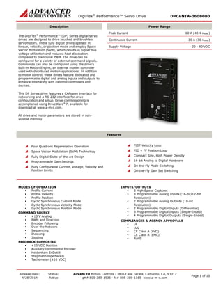 DigiFlex® Performance™ Servo Drive DPCANTA-060B080 
Release Date: 
4/28/2014 
Status: 
Active 
ADVANCED Motion Controls · 3805 Calle Tecate, Camarillo, CA, 93012 
ph# 805-389-1935 · fx# 805-389-1165· www.a-m-c.com Page 1 of 10 
Description 
Power Range 
The DigiFlex® Performance™ (DP) Series digital servo drives are designed to drive brushed and brushless servomotors. These fully digital drives operate in torque, velocity, or position mode and employ Space Vector Modulation (SVM), which results in higher bus voltage utilization and reduced heat dissipation compared to traditional PWM. The drive can be configured for a variety of external command signals. Commands can also be configured using the drive’s built-in Motion Engine, an internal motion controller used with distributed motion applications. In addition to motor control, these drives feature dedicated and programmable digital and analog inputs and outputs to enhance interfacing with external controllers and devices. 
This DP Series drive features a CANopen interface for networking and a RS-232 interface for drive configuration and setup. Drive commissioning is accomplished using DriveWare® 7, available for download at www.a-m-c.com. 
All drive and motor parameters are stored in non- volatile memory. 
Peak Current 60 A (42.4 ARMS) 
Continuous Current 30 A (30 ARMS) 
Supply Voltage 20 - 80 VDC 
Features 
 Four Quadrant Regenerative Operation 
 Space Vector Modulation (SVM) Technology 
 Fully Digital State-of-the-art Design 
 Programmable Gain Settings 
 Fully Configurable Current, Voltage, Velocity and Position Limits 
 PIDF Velocity Loop 
 PID + FF Position Loop 
 Compact Size, High Power Density 
 16-bit Analog to Digital Hardware 
 On-the-Fly Mode Switching 
 On-the-Fly Gain Set Switching 
MODES OF OPERATION 
 Profile Current 
 Profile Velocity 
 Profile Position 
 Cyclic Synchronous Current Mode 
 Cyclic Synchronous Velocity Mode 
 Cyclic Synchronous Position Mode 
COMMAND SOURCE 
 ±10 V Analog 
 PWM and Direction 
 Encoder Following 
 Over the Network 
 Sequencing 
 Indexing 
 Jogging 
FEEDBACK SUPPORTED 
 ±10 VDC Position 
 Auxiliary Incremental Encoder 
 Heidenhain EnDat® 
 Stegmann Hiperface® 
 Tachometer (±10 VDC) 
INPUTS/OUTPUTS 
 3 High Speed Captures 
 3 Programmable Analog Inputs (16-bit/12-bit Resolution) 
 2 Programmable Analog Outputs (10-bit Resolution) 
 2 Programmable Digital Inputs (Differential) 
 6 Programmable Digital Inputs (Single-Ended) 
 4 Programmable Digital Outputs (Single-Ended) 
COMPLIANCES & AGENCY APPROVALS 
 UL 
 cUL 
 CE Class A (LVD) 
 CE Class A (EMC) 
 RoHS  