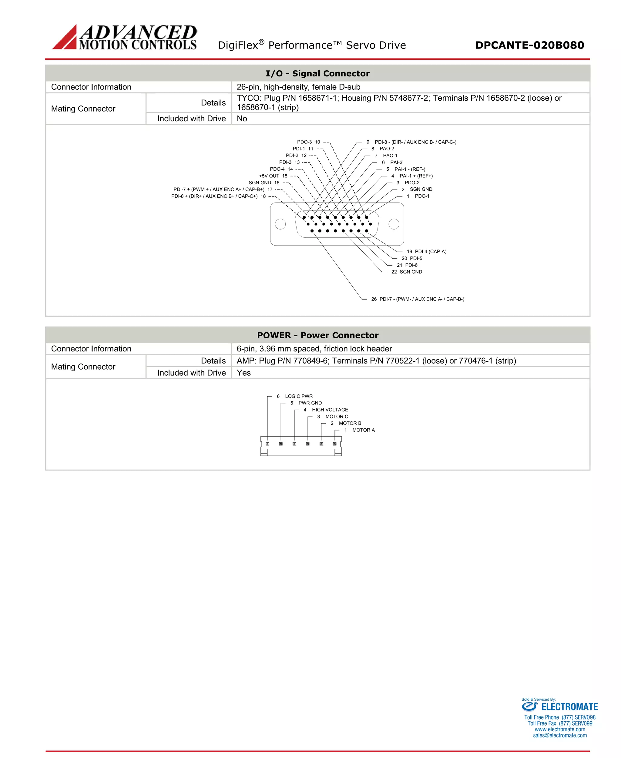 DigiFlex® Performance™ Servo Drive DPCANTE-020B080 
I/O - Signal Connector 
Connector Information 
26-pin, high-density, female D-sub 
Mating Connector 
Details 
TYCO: Plug P/N 1658671-1; Housing P/N 5748677-2; Terminals P/N 1658670-2 (loose) or 1658670-1 (strip) 
Included with Drive 
No 
PDO-1123456897PDO-414PDI-111PDI-212PDI-313PDO-310+5V OUT15PDI-7 + (PWM + / AUX ENC A+ / CAP-B+)17PDI-8 + (DIR+ / AUX ENC B+ / CAP-C+)18SGN GND16SGN GNDPDI-8 - (DIR- / AUX ENC B- / CAP-C-) PAO-2PAO-1PAI-2PAI-1 - (REF-) PAI-1 + (REF+) PDO-2PDI-4 (CAP-A)19SGN GND22PDI-520PDI-621PDI-7 - (PWM- / AUX ENC A- / CAP-B-)26 
POWER - Power Connector 
Connector Information 
6-pin, 3.96 mm spaced, friction lock header 
Mating Connector 
Details 
AMP: Plug P/N 770849-6; Terminals P/N 770522-1 (loose) or 770476-1 (strip) 
Included with Drive 
Yes 
MOTOR A1MOTOR B2MOTOR C3HIGH VOLTAGE4PWR GND5LOGIC PWR6 
ELECTROMATE 
Toll Free Phone (877) SERVO98 
Toll Free Fax (877) SERV099 
www.electromate.com 
sales@electromate.com 
Sold & Serviced By: 
 