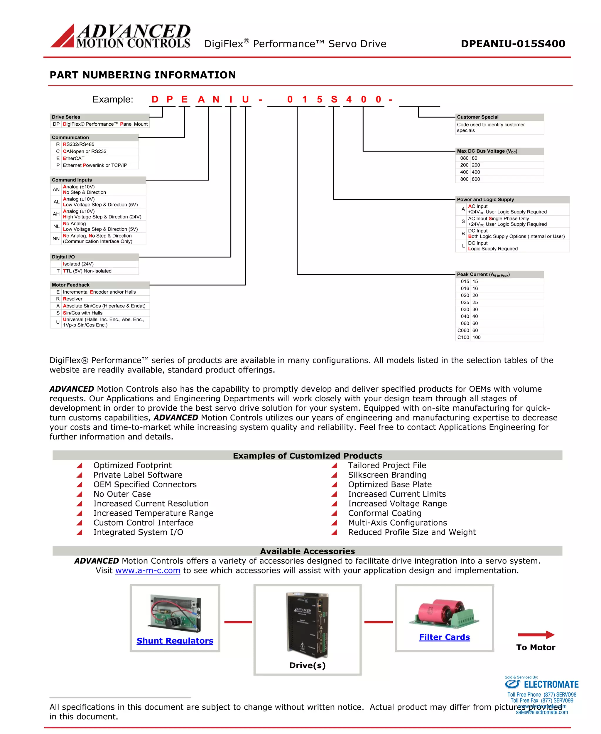 DigiFlex® Performance™ Servo Drive DPEANIU-015S400 
PART NUMBERING INFORMATION 
- Drive SeriesDigiFlex® Performance™ Panel MountCommunicationCommand InputsEPDINAU510S004Example: DPRS232/RS485RCANopen or RS232CEthernet Powerlink or TCP/IPPAnalog (±10V) No Step & DirectionANAnalog (±10V) Low Voltage Step & Direction (5V)ALAnalog (±10V) High Voltage Step & Direction (24V)AHNo AnalogLow Voltage Step & Direction (5V)NLNo Analog, No Step & Direction(Communication Interface Only)NNDigital I/OIsolated (24V)ITTL (5V) Non-IsolatedTMotor FeedbackIncremental Encoder and/or HallsEResolverRAbsolute Sin/Cos (Hiperface & Endat)ASin/Cos with HallsSMax DC Bus Voltage (VDC) 80080200200400400800800AC Input+24VDC User Logic Supply RequiredAAC Input Single Phase Only+24VDC User Logic Supply RequiredSDC InputBoth Logic Supply Options (Internal or User)BDC InputLogic Supply RequiredL15015160162002025025300304004060C060100C100- Code used to identify customer specialsPower and Logic SupplyPeak Current (A0 to Peak) Customer SpecialEtherCATEUniversal (Halls, Inc. Enc., Abs. Enc., 1Vp-p Sin/Cos Enc.)U60060 
DigiFlex® Performance™ series of products are available in many configurations. All models listed in the selection tables of the website are readily available, standard product offerings. 
ADVANCED Motion Controls also has the capability to promptly develop and deliver specified products for OEMs with volume requests. Our Applications and Engineering Departments will work closely with your design team through all stages of development in order to provide the best servo drive solution for your system. Equipped with on-site manufacturing for quick- turn customs capabilities, ADVANCED Motion Controls utilizes our years of engineering and manufacturing expertise to decrease your costs and time-to-market while increasing system quality and reliability. Feel free to contact Applications Engineering for further information and details. 
Examples of Customized Products 
 Optimized Footprint 
 Tailored Project File 
 Private Label Software 
 Silkscreen Branding 
 OEM Specified Connectors 
 Optimized Base Plate 
 No Outer Case 
 Increased Current Limits 
 Increased Current Resolution 
 Increased Voltage Range 
 Increased Temperature Range 
 Conformal Coating 
 Custom Control Interface 
 Multi-Axis Configurations 
 Integrated System I/O 
 Reduced Profile Size and Weight 
Available Accessories 
ADVANCED Motion Controls offers a variety of accessories designed to facilitate drive integration into a servo system. 
Visit www.a-m-c.com to see which accessories will assist with your application design and implementation. 
Shunt Regulators 
Drive(s) 
Filter Cards 
To Motor 
All specifications in this document are subject to change without written notice. Actual product may differ from pictures provided in this document. 
ELECTROMATE 
Toll Free Phone (877) SERVO98 
Toll Free Fax (877) SERV099 
www.electromate.com 
sales@electromate.com 
Sold & Serviced By: 
