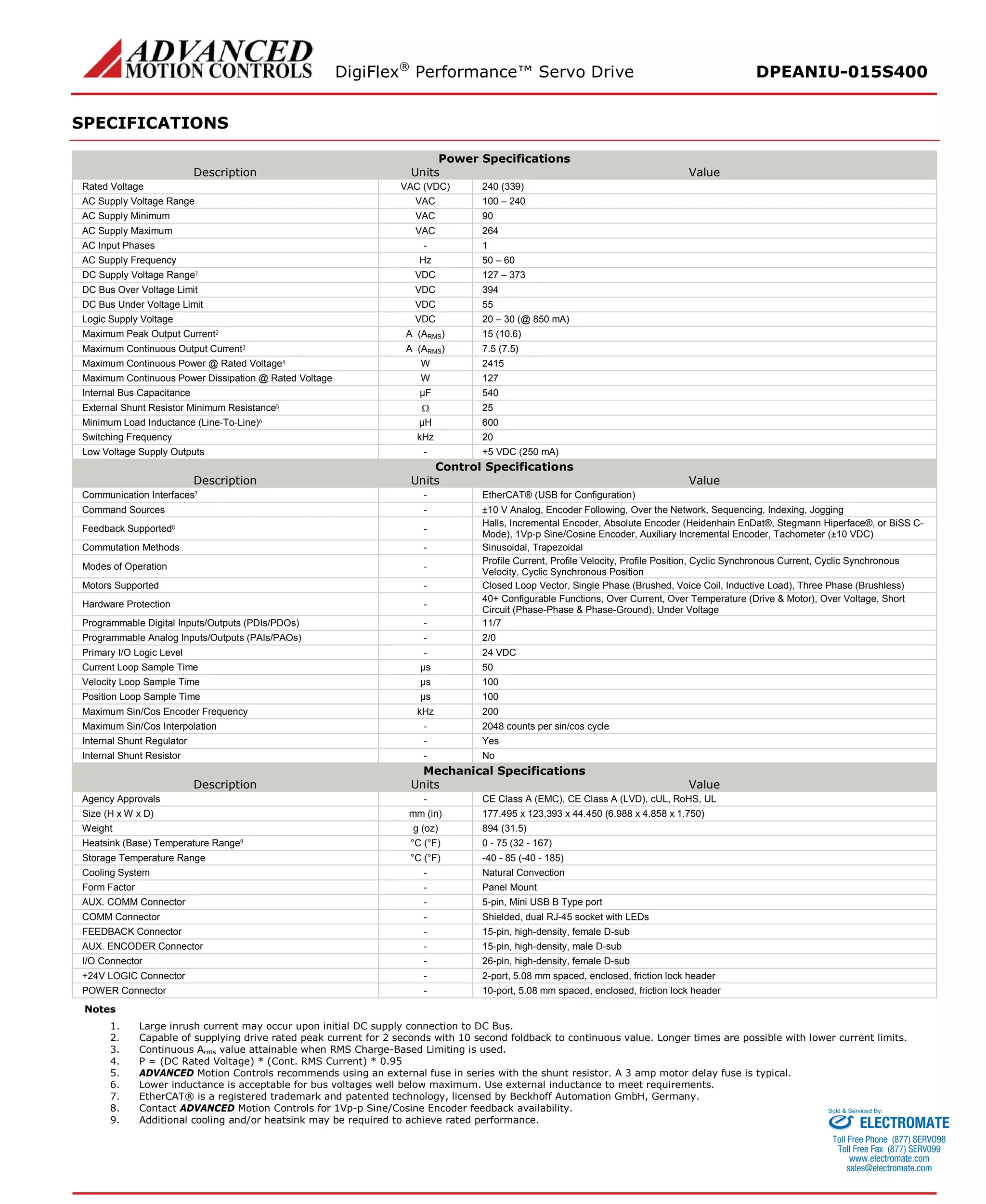 DigiFlex® Performance™ Servo Drive DPEANIU-015S400 
SPECIFICATIONS 
Power Specifications 
Description 
Units 
Value 
Rated Voltage 
VAC (VDC) 
240 (339) 
AC Supply Voltage Range 
VAC 
100 – 240 
AC Supply Minimum 
VAC 
90 
AC Supply Maximum 
VAC 
264 
AC Input Phases 
- 
1 
AC Supply Frequency 
Hz 
50 – 60 
DC Supply Voltage Range1 
VDC 
127 – 373 
DC Bus Over Voltage Limit 
VDC 
394 
DC Bus Under Voltage Limit 
VDC 
55 
Logic Supply Voltage 
VDC 
20 – 30 (@ 850 mA) 
Maximum Peak Output Current2 
A (ARMS) 
15 (10.6) 
Maximum Continuous Output Current3 
A (ARMS) 
7.5 (7.5) 
Maximum Continuous Power @ Rated Voltage4 
W 
2415 
Maximum Continuous Power Dissipation @ Rated Voltage 
W 
127 
Internal Bus Capacitance 
μF 
540 
External Shunt Resistor Minimum Resistance5 
Ω 
25 
Minimum Load Inductance (Line-To-Line)6 
μH 
600 
Switching Frequency 
kHz 
20 
Low Voltage Supply Outputs 
- 
+5 VDC (250 mA) 
Control Specifications 
Description 
Units 
Value 
Communication Interfaces7 
- 
EtherCAT® (USB for Configuration) 
Command Sources 
- 
±10 V Analog, Encoder Following, Over the Network, Sequencing, Indexing, Jogging 
Feedback Supported8 
- 
Halls, Incremental Encoder, Absolute Encoder (Heidenhain EnDat®, Stegmann Hiperface®, or BiSS C- Mode), 1Vp-p Sine/Cosine Encoder, Auxiliary Incremental Encoder, Tachometer (±10 VDC) 
Commutation Methods 
- 
Sinusoidal, Trapezoidal 
Modes of Operation 
- 
Profile Current, Profile Velocity, Profile Position, Cyclic Synchronous Current, Cyclic Synchronous Velocity, Cyclic Synchronous Position 
Motors Supported 
- 
Closed Loop Vector, Single Phase (Brushed, Voice Coil, Inductive Load), Three Phase (Brushless) 
Hardware Protection 
- 
40+ Configurable Functions, Over Current, Over Temperature (Drive & Motor), Over Voltage, Short Circuit (Phase-Phase & Phase-Ground), Under Voltage 
Programmable Digital Inputs/Outputs (PDIs/PDOs) 
- 
11/7 
Programmable Analog Inputs/Outputs (PAIs/PAOs) 
- 
2/0 
Primary I/O Logic Level 
- 
24 VDC 
Current Loop Sample Time 
μs 
50 
Velocity Loop Sample Time 
μs 
100 
Position Loop Sample Time 
μs 
100 
Maximum Sin/Cos Encoder Frequency 
kHz 
200 
Maximum Sin/Cos Interpolation 
- 
2048 counts per sin/cos cycle 
Internal Shunt Regulator 
- 
Yes 
Internal Shunt Resistor 
- 
No 
Mechanical Specifications 
Description 
Units 
Value 
Agency Approvals 
- 
CE Class A (EMC), CE Class A (LVD), cUL, RoHS, UL 
Size (H x W x D) 
mm (in) 
177.495 x 123.393 x 44.450 (6.988 x 4.858 x 1.750) 
Weight 
g (oz) 
894 (31.5) 
Heatsink (Base) Temperature Range9 
°C (°F) 
0 - 75 (32 - 167) 
Storage Temperature Range 
°C (°F) 
-40 - 85 (-40 - 185) 
Cooling System 
- 
Natural Convection 
Form Factor 
- 
Panel Mount 
AUX. COMM Connector 
- 
5-pin, Mini USB B Type port 
COMM Connector 
- 
Shielded, dual RJ-45 socket with LEDs 
FEEDBACK Connector 
- 
15-pin, high-density, female D-sub 
AUX. ENCODER Connector 
- 
15-pin, high-density, male D-sub 
I/O Connector 
- 
26-pin, high-density, female D-sub 
+24V LOGIC Connector 
- 
2-port, 5.08 mm spaced, enclosed, friction lock header 
POWER Connector 
- 
10-port, 5.08 mm spaced, enclosed, friction lock header 
Notes 
1. Large inrush current may occur upon initial DC supply connection to DC Bus. 
2. Capable of supplying drive rated peak current for 2 seconds with 10 second foldback to continuous value. Longer times are possible with lower current limits. 
3. Continuous Arms value attainable when RMS Charge-Based Limiting is used. 
4. P = (DC Rated Voltage) * (Cont. RMS Current) * 0.95 
5. ADVANCED Motion Controls recommends using an external fuse in series with the shunt resistor. A 3 amp motor delay fuse is typical. 
6. Lower inductance is acceptable for bus voltages well below maximum. Use external inductance to meet requirements. 
7. EtherCAT® is a registered trademark and patented technology, licensed by Beckhoff Automation GmbH, Germany. 
8. Contact ADVANCED Motion Controls for 1Vp-p Sine/Cosine Encoder feedback availability. 
9. Additional cooling and/or heatsink may be required to achieve rated performance. ELECTROMATE 
Toll Free Phone (877) SERVO98 
Toll Free Fax (877) SERV099 
www.electromate.com 
sales@electromate.com 
Sold & Serviced By: 
 