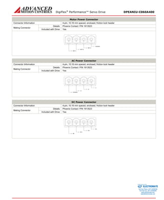 DigiFlex® Performance™ Servo Drive DPEANIU-C060A400 
Motor Power Connector 
Connector Information 
4-pin, 10.16 mm spaced, enclosed, friction lock header 
Mating Connector 
Details 
Phoenix Contact: P/N 1913523 
Included with Drive 
Yes 
CHASSIS1MOT A2MOT B3MOT C4 
AC Power Connector 
Connector Information 
4-pin, 10.16 mm spaced, enclosed, friction lock header 
Mating Connector 
Details 
Phoenix Contact: P/N 1913523 
Included with Drive 
Yes 
L11L22L33CHASSIS4 
DC Power Connector 
Connector Information 
4-pin, 10.16 mm spaced, enclosed, friction lock header 
Mating Connector 
Details 
Phoenix Contact: P/N 1913523 
Included with Drive 
Yes 
DC-1DC+2DC+3BR4 
ELECTROMATE 
Toll Free Phone (877) SERVO98 
Toll Free Fax (877) SERV099 
www.electromate.com 
sales@electromate.com 
Sold & Serviced By: 
 