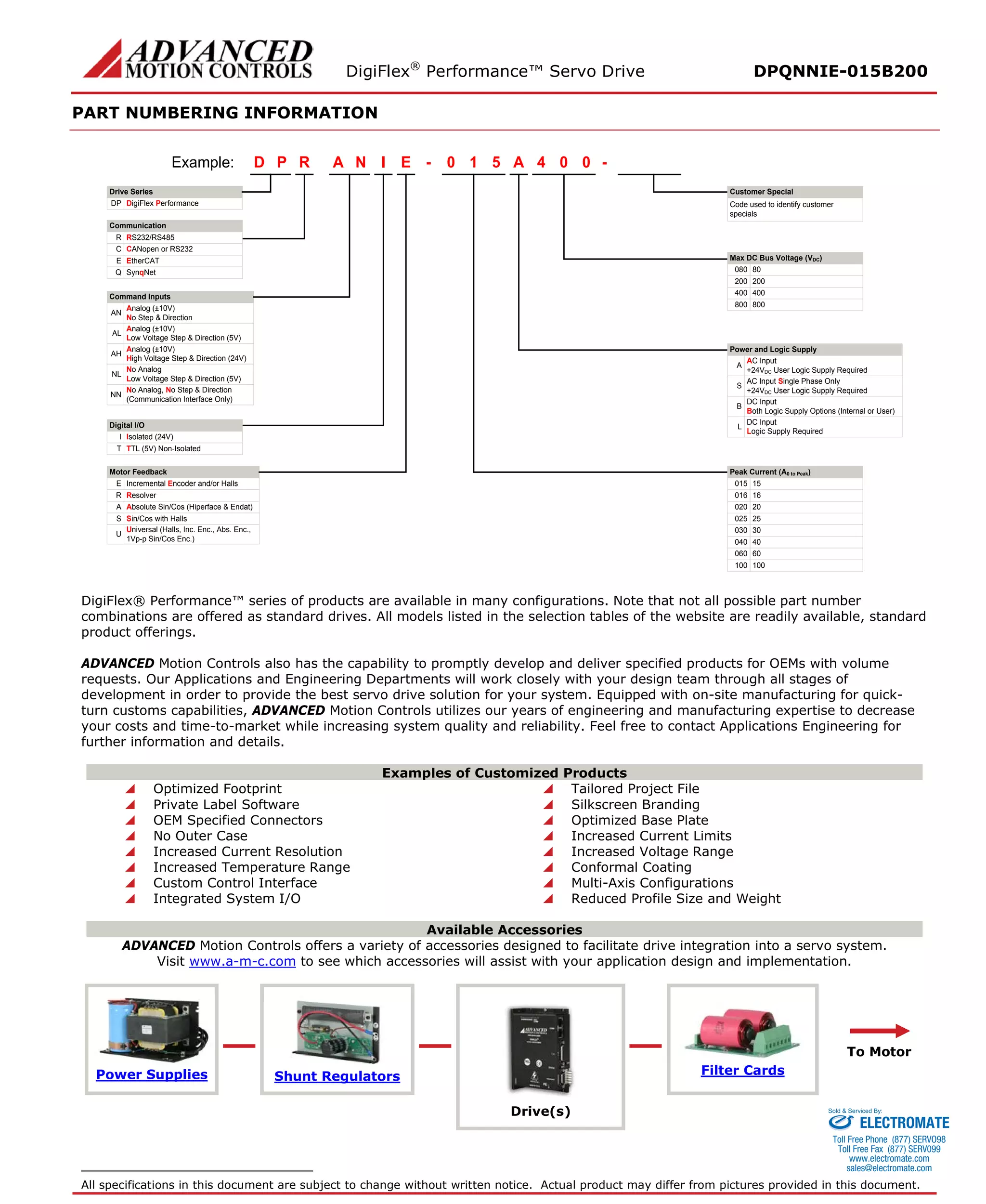 DigiFlex® Performance™ Servo Drive DPQNNIE-015B200 
PART NUMBERING INFORMATION 
- Drive SeriesDigiFlex PerformanceCommunicationCommand InputsRPDINAE510A004Example: DPRS232/RS485RCANopen or RS232CSynqNetQAnalog (±10V) No Step & DirectionANAnalog (±10V) Low Voltage Step & Direction (5V)ALAnalog (±10V) High Voltage Step & Direction (24V)AHNo AnalogLow Voltage Step & Direction (5V)NLNo Analog, No Step & Direction(Communication Interface Only)NNDigital I/OIsolated (24V)ITTL (5V) Non-IsolatedTMotor FeedbackIncremental Encoder and/or HallsEResolverRAbsolute Sin/Cos (Hiperface & Endat)ASin/Cos with HallsSMax DC Bus Voltage (VDC) 80080200200400400800800AC Input+24VDC User Logic Supply RequiredAAC Input Single Phase Only+24VDC User Logic Supply RequiredSDC InputBoth Logic Supply Options (Internal or User)BDC InputLogic Supply RequiredL15015160162002025025300304004060060100100- Code used to identify customer specialsPower and Logic SupplyPeak Current (A0 to Peak) Customer SpecialEtherCATEUniversal (Halls, Inc. Enc., Abs. Enc., 1Vp-p Sin/Cos Enc.)U 
DigiFlex® Performance™ series of products are available in many configurations. Note that not all possible part number combinations are offered as standard drives. All models listed in the selection tables of the website are readily available, standard product offerings. 
ADVANCED Motion Controls also has the capability to promptly develop and deliver specified products for OEMs with volume requests. Our Applications and Engineering Departments will work closely with your design team through all stages of development in order to provide the best servo drive solution for your system. Equipped with on-site manufacturing for quick- turn customs capabilities, ADVANCED Motion Controls utilizes our years of engineering and manufacturing expertise to decrease your costs and time-to-market while increasing system quality and reliability. Feel free to contact Applications Engineering for further information and details. 
Examples of Customized Products 
 Optimized Footprint 
 Tailored Project File 
 Private Label Software 
 Silkscreen Branding 
 OEM Specified Connectors 
 Optimized Base Plate 
 No Outer Case 
 Increased Current Limits 
 Increased Current Resolution 
 Increased Voltage Range 
 Increased Temperature Range 
 Conformal Coating 
 Custom Control Interface 
 Multi-Axis Configurations 
 Integrated System I/O 
 Reduced Profile Size and Weight 
Available Accessories 
ADVANCED Motion Controls offers a variety of accessories designed to facilitate drive integration into a servo system. 
Visit www.a-m-c.com to see which accessories will assist with your application design and implementation. Power Supplies 
Shunt Regulators 
Drive(s) 
Filter Cards 
To Motor 
All specifications in this document are subject to change without written notice. Actual product may differ from pictures provided in this document. 
ELECTROMATE 
Toll Free Phone (877) SERVO98 
Toll Free Fax (877) SERV099 
www.electromate.com 
sales@electromate.com 
Sold & Serviced By: 
