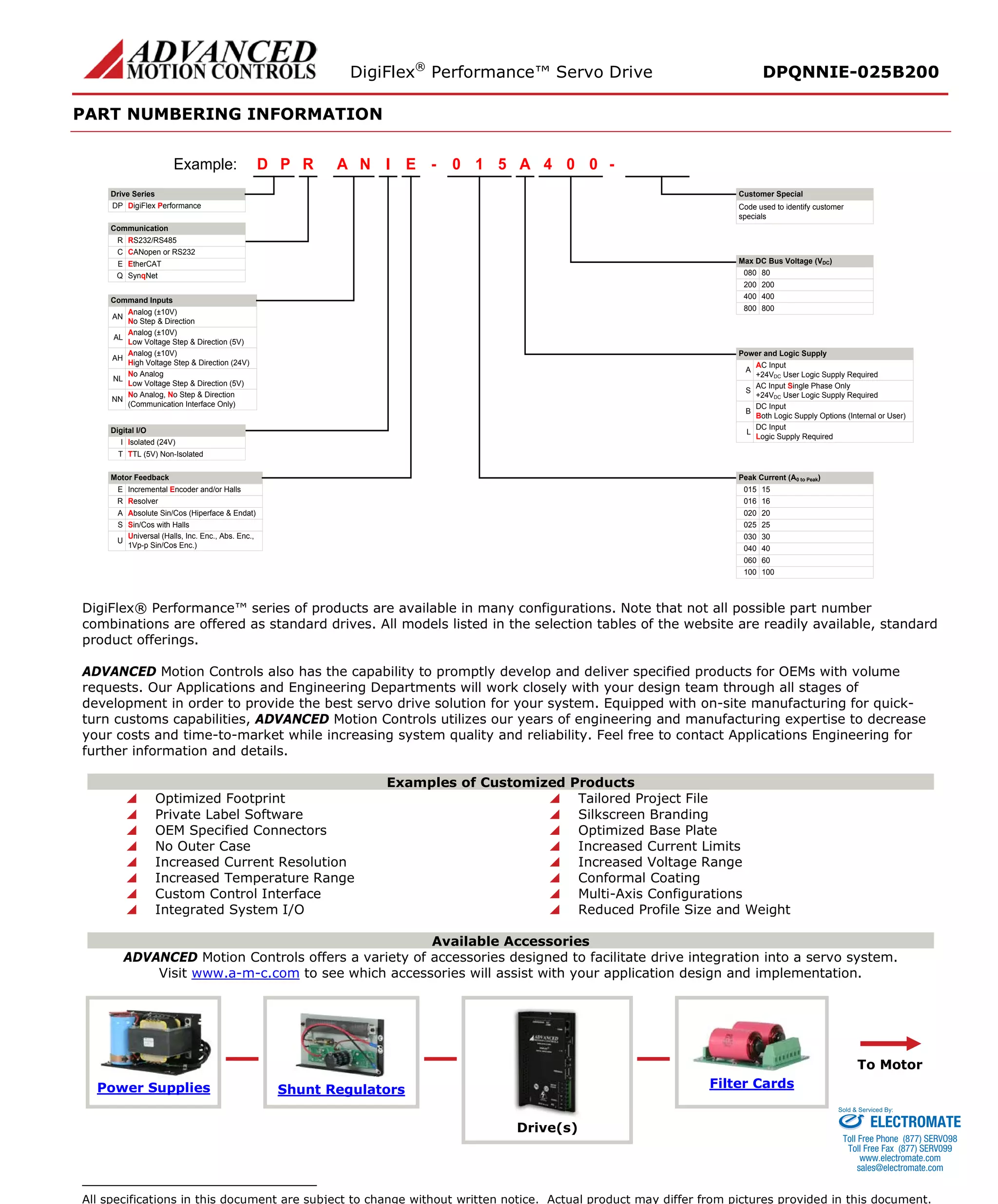 DigiFlex® Performance™ Servo Drive DPQNNIE-025B200 
PART NUMBERING INFORMATION 
- Drive SeriesDigiFlex PerformanceCommunicationCommand InputsRPDINAE510A004Example: DPRS232/RS485RCANopen or RS232CSynqNetQAnalog (±10V) No Step & DirectionANAnalog (±10V) Low Voltage Step & Direction (5V)ALAnalog (±10V) High Voltage Step & Direction (24V)AHNo AnalogLow Voltage Step & Direction (5V)NLNo Analog, No Step & Direction(Communication Interface Only)NNDigital I/OIsolated (24V)ITTL (5V) Non-IsolatedTMotor FeedbackIncremental Encoder and/or HallsEResolverRAbsolute Sin/Cos (Hiperface & Endat)ASin/Cos with HallsSMax DC Bus Voltage (VDC) 80080200200400400800800AC Input+24VDC User Logic Supply RequiredAAC Input Single Phase Only+24VDC User Logic Supply RequiredSDC InputBoth Logic Supply Options (Internal or User)BDC InputLogic Supply RequiredL15015160162002025025300304004060060100100- Code used to identify customer specialsPower and Logic SupplyPeak Current (A0 to Peak) Customer SpecialEtherCATEUniversal (Halls, Inc. Enc., Abs. Enc., 1Vp-p Sin/Cos Enc.)U 
DigiFlex® Performance™ series of products are available in many configurations. Note that not all possible part number combinations are offered as standard drives. All models listed in the selection tables of the website are readily available, standard product offerings. 
ADVANCED Motion Controls also has the capability to promptly develop and deliver specified products for OEMs with volume requests. Our Applications and Engineering Departments will work closely with your design team through all stages of development in order to provide the best servo drive solution for your system. Equipped with on-site manufacturing for quick- turn customs capabilities, ADVANCED Motion Controls utilizes our years of engineering and manufacturing expertise to decrease your costs and time-to-market while increasing system quality and reliability. Feel free to contact Applications Engineering for further information and details. 
Examples of Customized Products 
 Optimized Footprint 
 Tailored Project File 
 Private Label Software 
 Silkscreen Branding 
 OEM Specified Connectors 
 Optimized Base Plate 
 No Outer Case 
 Increased Current Limits 
 Increased Current Resolution 
 Increased Voltage Range 
 Increased Temperature Range 
 Conformal Coating 
 Custom Control Interface 
 Multi-Axis Configurations 
 Integrated System I/O 
 Reduced Profile Size and Weight 
Available Accessories 
ADVANCED Motion Controls offers a variety of accessories designed to facilitate drive integration into a servo system. 
Visit www.a-m-c.com to see which accessories will assist with your application design and implementation. Power Supplies 
Shunt Regulators 
Drive(s) 
Filter Cards 
To Motor 
All specifications in this document are subject to change without written notice. Actual product may differ from pictures provided in this document. 
ELECTROMATE 
Toll Free Phone (877) SERVO98 
Toll Free Fax (877) SERV099 
www.electromate.com 
sales@electromate.com 
Sold & Serviced By: 
