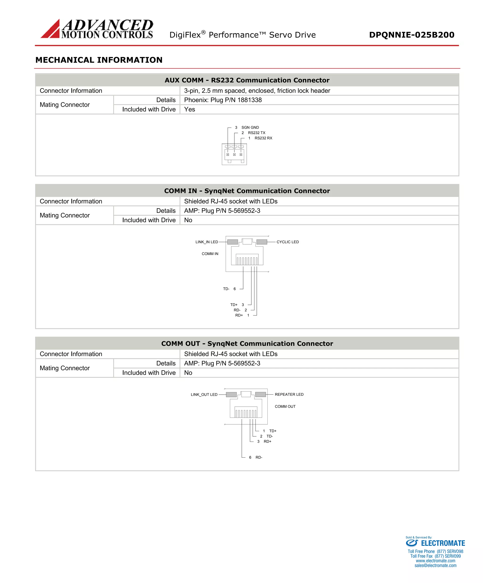 DigiFlex® Performance™ Servo Drive DPQNNIE-025B200 
MECHANICAL INFORMATION 
AUX COMM - RS232 Communication Connector 
Connector Information 
3-pin, 2.5 mm spaced, enclosed, friction lock header 
Mating Connector 
Details 
Phoenix: Plug P/N 1881338 
Included with Drive 
Yes 
RS232 RX1RS232 TX2SGN GND3 
COMM IN - SynqNet Communication Connector 
Connector Information 
Shielded RJ-45 socket with LEDs 
Mating Connector 
Details 
AMP: Plug P/N 5-569552-3 
Included with Drive 
No 
RD+1RD-2TD+3TD-6COMM INLINK_IN LEDCYCLIC LED 
COMM OUT - SynqNet Communication Connector 
Connector Information 
Shielded RJ-45 socket with LEDs 
Mating Connector 
Details 
AMP: Plug P/N 5-569552-3 
Included with Drive 
No 
TD+1TD-2RD+3RD-6COMM OUTREPEATER LEDLINK_OUT LED 
ELECTROMATE 
Toll Free Phone (877) SERVO98 
Toll Free Fax (877) SERV099 
www.electromate.com 
sales@electromate.com 
Sold & Serviced By: 
 