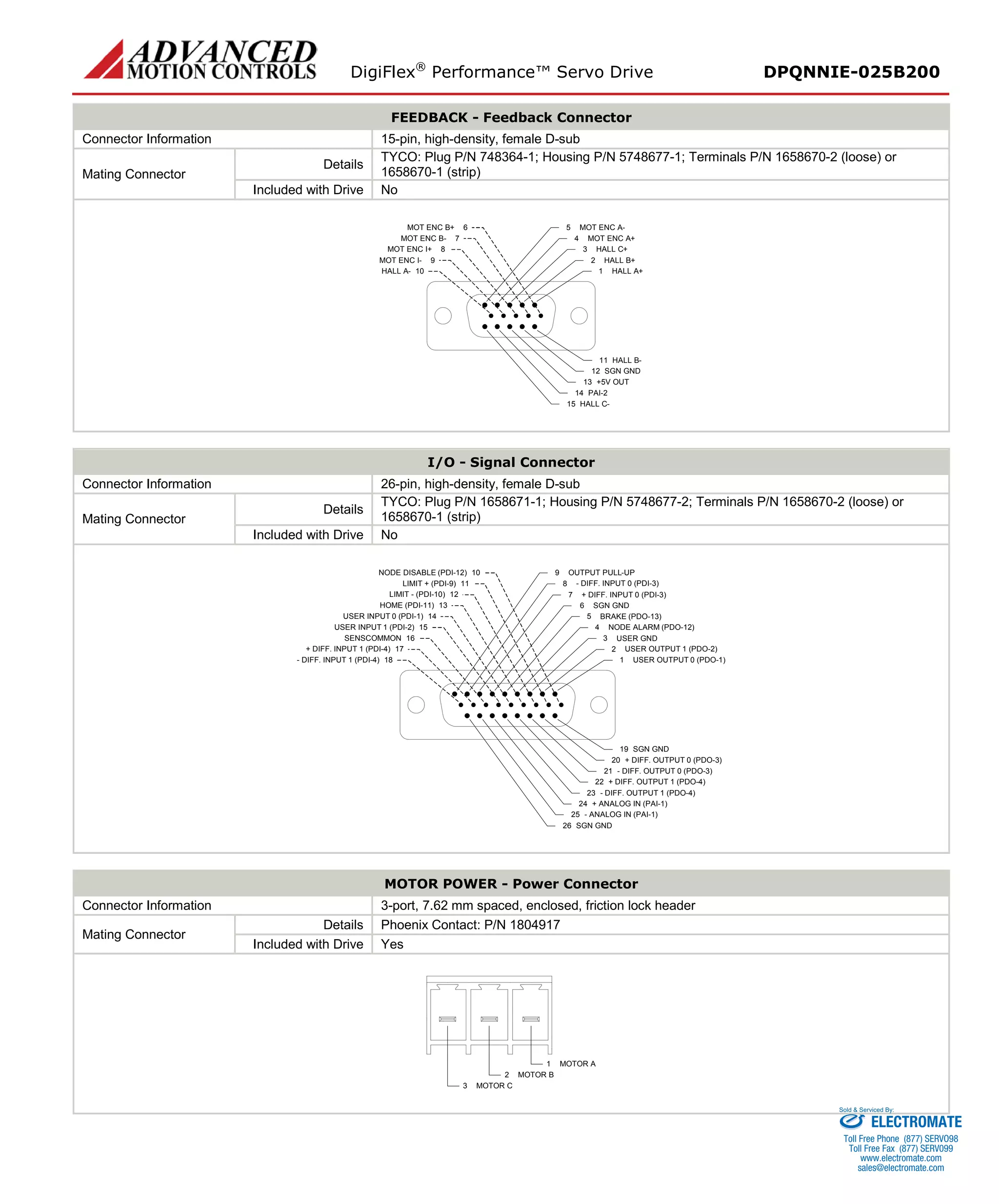DigiFlex® Performance™ Servo Drive DPQNNIE-025B200 
FEEDBACK - Feedback Connector 
Connector Information 
15-pin, high-density, female D-sub 
Mating Connector 
Details 
TYCO: Plug P/N 748364-1; Housing P/N 5748677-1; Terminals P/N 1658670-2 (loose) or 1658670-1 (strip) 
Included with Drive 
No 
HALL A+1HALL B+2HALL C+3MOT ENC A+4MOT ENC A-5HALL B-11SGN GND12+5V OUT13PAI-214HALL C-15MOT ENC B+6HALL A-10MOT ENC B-7MOT ENC I+8MOT ENC I-9 
I/O - Signal Connector 
Connector Information 
26-pin, high-density, female D-sub 
Mating Connector 
Details 
TYCO: Plug P/N 1658671-1; Housing P/N 5748677-2; Terminals P/N 1658670-2 (loose) or 1658670-1 (strip) 
Included with Drive 
No 
USER OUTPUT 0 (PDO-1)123456897USER INPUT 0 (PDI-1)14LIMIT + (PDI-9)11LIMIT - (PDI-10)12HOME (PDI-11)13NODE DISABLE (PDI-12)10USER INPUT 1 (PDI-2)15+ DIFF. INPUT 1 (PDI-4)17-DIFF. INPUT 1 (PDI-4)18SENSCOMMON16USER OUTPUT 1 (PDO-2) OUTPUT PULL-UP-DIFF. INPUT 0 (PDI-3) + DIFF. INPUT 0 (PDI-3) SGN GNDBRAKE (PDO-13) NODE ALARM (PDO-12) USER GNDSGN GND19+ ANALOG IN (PAI-1)24+ DIFF. OUTPUT 1 (PDO-4)22+ DIFF. OUTPUT 0 (PDO-3)20-DIFF. OUTPUT 0 (PDO-3)21-DIFF. OUTPUT 1 (PDO-4)23-ANALOG IN (PAI-1)25SGN GND26 
MOTOR POWER - Power Connector 
Connector Information 
3-port, 7.62 mm spaced, enclosed, friction lock header 
Mating Connector 
Details 
Phoenix Contact: P/N 1804917 
Included with Drive 
Yes 
MOTOR A1MOTOR B2MOTOR C3 
ELECTROMATE 
Toll Free Phone (877) SERVO98 
Toll Free Fax (877) SERV099 
www.electromate.com 
sales@electromate.com 
Sold & Serviced By: 
 