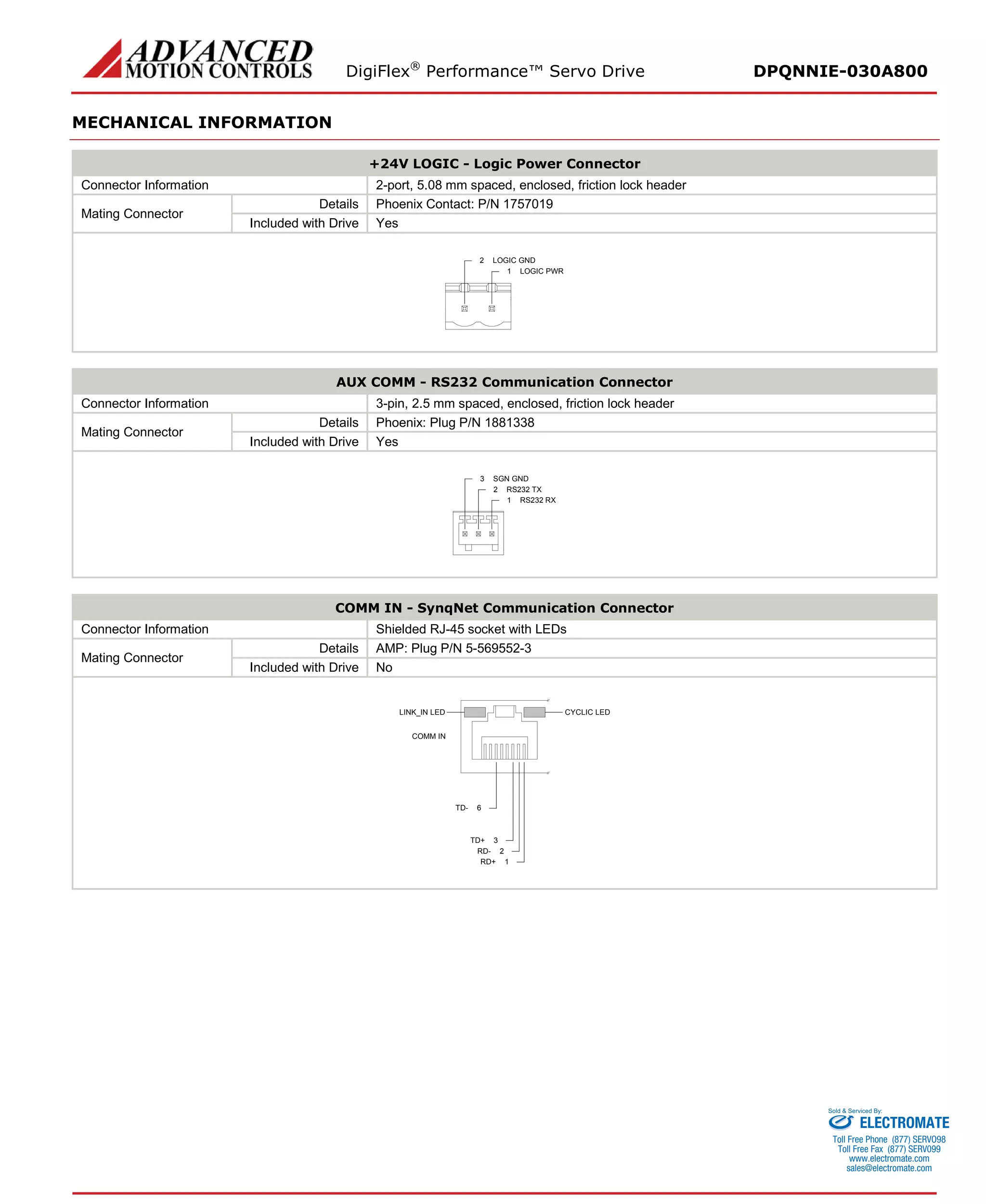 DigiFlex® Performance™ Servo Drive DPQNNIE-030A800 
MECHANICAL INFORMATION 
+24V LOGIC - Logic Power Connector 
Connector Information 
2-port, 5.08 mm spaced, enclosed, friction lock header 
Mating Connector 
Details 
Phoenix Contact: P/N 1757019 
Included with Drive 
Yes 
LOGIC PWR1LOGIC GND2 
AUX COMM - RS232 Communication Connector 
Connector Information 
3-pin, 2.5 mm spaced, enclosed, friction lock header 
Mating Connector 
Details 
Phoenix: Plug P/N 1881338 
Included with Drive 
Yes 
RS232 RX1RS232 TX2SGN GND3 
COMM IN - SynqNet Communication Connector 
Connector Information 
Shielded RJ-45 socket with LEDs 
Mating Connector 
Details 
AMP: Plug P/N 5-569552-3 
Included with Drive 
No 
RD+1RD-2TD+3TD-6COMM INLINK_IN LEDCYCLIC LED 
ELECTROMATE 
Toll Free Phone (877) SERVO98 
Toll Free Fax (877) SERV099 
www.electromate.com 
sales@electromate.com 
Sold & Serviced By: 
 