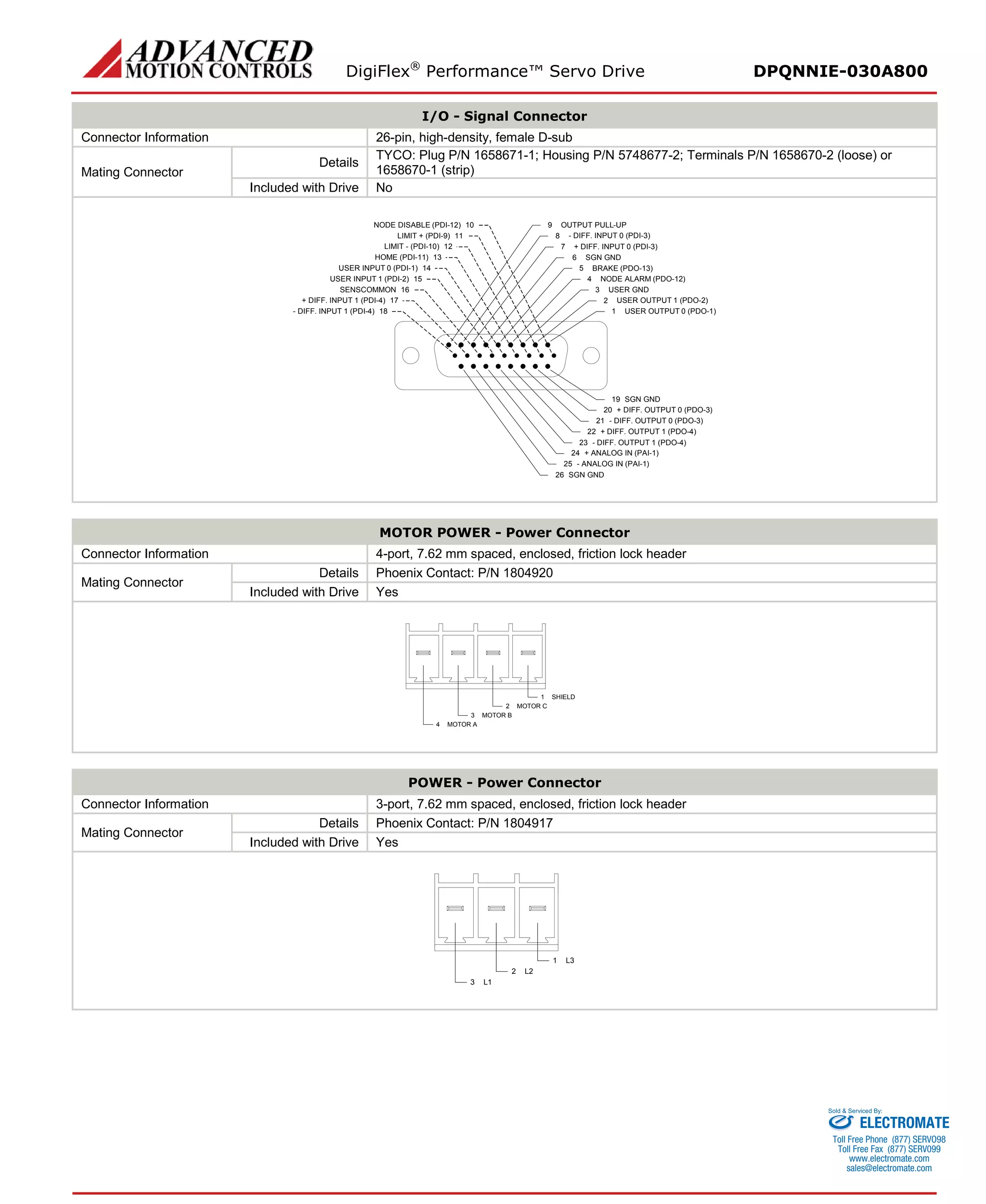 DigiFlex® Performance™ Servo Drive DPQNNIE-030A800 
I/O - Signal Connector 
Connector Information 
26-pin, high-density, female D-sub 
Mating Connector 
Details 
TYCO: Plug P/N 1658671-1; Housing P/N 5748677-2; Terminals P/N 1658670-2 (loose) or 1658670-1 (strip) 
Included with Drive 
No 
USER OUTPUT 0 (PDO-1)123456897USER INPUT 0 (PDI-1)14LIMIT + (PDI-9)11LIMIT - (PDI-10)12HOME (PDI-11)13NODE DISABLE (PDI-12)10USER INPUT 1 (PDI-2)15+ DIFF. INPUT 1 (PDI-4)17-DIFF. INPUT 1 (PDI-4)18SENSCOMMON16USER OUTPUT 1 (PDO-2) OUTPUT PULL-UP-DIFF. INPUT 0 (PDI-3) + DIFF. INPUT 0 (PDI-3) SGN GNDBRAKE (PDO-13) NODE ALARM (PDO-12) USER GNDSGN GND19+ ANALOG IN (PAI-1)24+ DIFF. OUTPUT 1 (PDO-4)22+ DIFF. OUTPUT 0 (PDO-3)20-DIFF. OUTPUT 0 (PDO-3)21-DIFF. OUTPUT 1 (PDO-4)23-ANALOG IN (PAI-1)25SGN GND26 
MOTOR POWER - Power Connector 
Connector Information 
4-port, 7.62 mm spaced, enclosed, friction lock header 
Mating Connector 
Details 
Phoenix Contact: P/N 1804920 
Included with Drive 
Yes 
SHIELD1MOTOR C2MOTOR B3MOTOR A4 
POWER - Power Connector 
Connector Information 
3-port, 7.62 mm spaced, enclosed, friction lock header 
Mating Connector 
Details 
Phoenix Contact: P/N 1804917 
Included with Drive 
Yes 
L31L22L13 
ELECTROMATE 
Toll Free Phone (877) SERVO98 
Toll Free Fax (877) SERV099 
www.electromate.com 
sales@electromate.com 
Sold & Serviced By: 
 