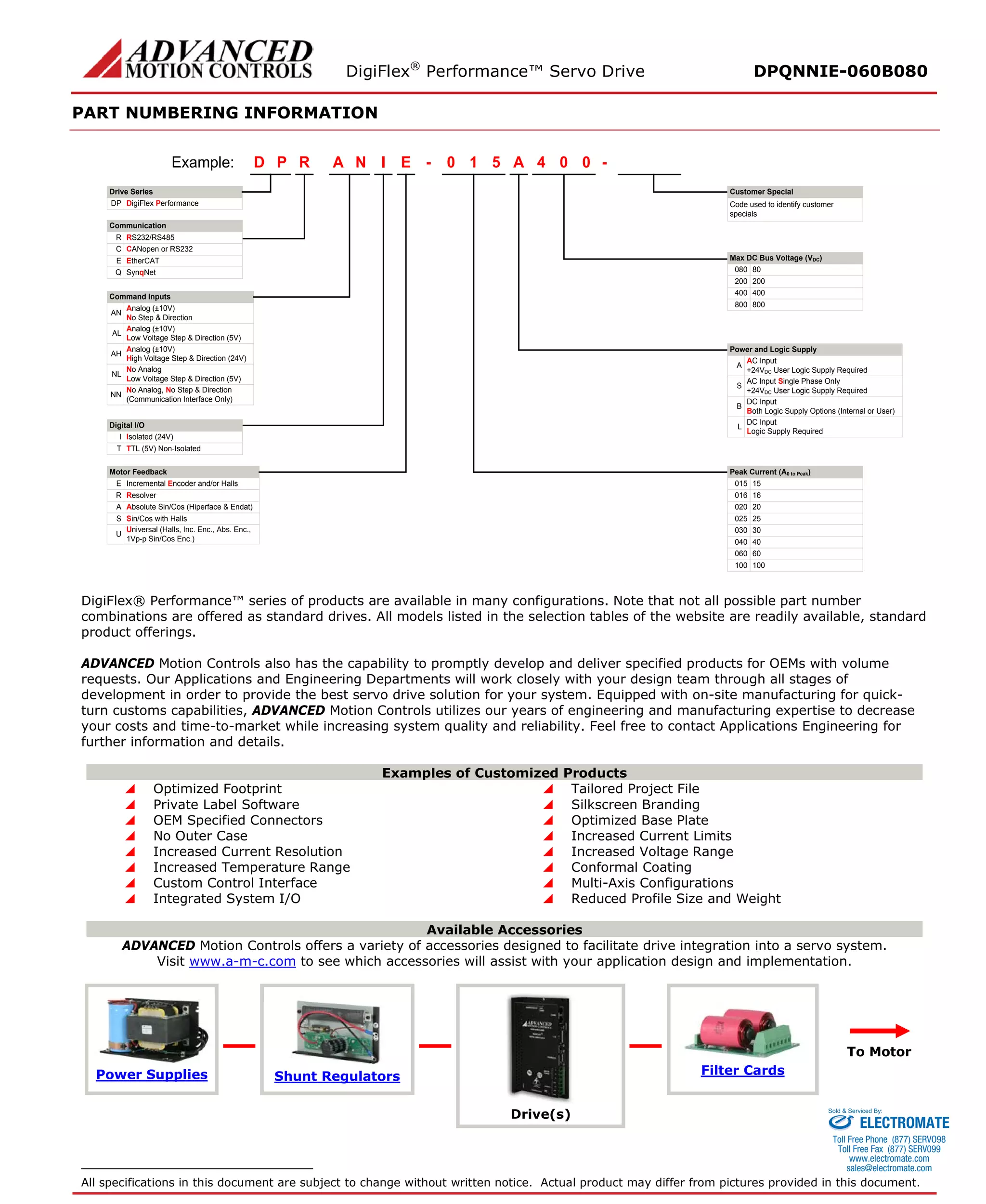DigiFlex® Performance™ Servo Drive DPQNNIE-060B080 
PART NUMBERING INFORMATION 
- Drive SeriesDigiFlex PerformanceCommunicationCommand InputsRPDINAE510A004Example: DPRS232/RS485RCANopen or RS232CSynqNetQAnalog (±10V) No Step & DirectionANAnalog (±10V) Low Voltage Step & Direction (5V)ALAnalog (±10V) High Voltage Step & Direction (24V)AHNo AnalogLow Voltage Step & Direction (5V)NLNo Analog, No Step & Direction(Communication Interface Only)NNDigital I/OIsolated (24V)ITTL (5V) Non-IsolatedTMotor FeedbackIncremental Encoder and/or HallsEResolverRAbsolute Sin/Cos (Hiperface & Endat)ASin/Cos with HallsSMax DC Bus Voltage (VDC) 80080200200400400800800AC Input+24VDC User Logic Supply RequiredAAC Input Single Phase Only+24VDC User Logic Supply RequiredSDC InputBoth Logic Supply Options (Internal or User)BDC InputLogic Supply RequiredL15015160162002025025300304004060060100100- Code used to identify customer specialsPower and Logic SupplyPeak Current (A0 to Peak) Customer SpecialEtherCATEUniversal (Halls, Inc. Enc., Abs. Enc., 1Vp-p Sin/Cos Enc.)U 
DigiFlex® Performance™ series of products are available in many configurations. Note that not all possible part number combinations are offered as standard drives. All models listed in the selection tables of the website are readily available, standard product offerings. 
ADVANCED Motion Controls also has the capability to promptly develop and deliver specified products for OEMs with volume requests. Our Applications and Engineering Departments will work closely with your design team through all stages of development in order to provide the best servo drive solution for your system. Equipped with on-site manufacturing for quick- turn customs capabilities, ADVANCED Motion Controls utilizes our years of engineering and manufacturing expertise to decrease your costs and time-to-market while increasing system quality and reliability. Feel free to contact Applications Engineering for further information and details. 
Examples of Customized Products 
 Optimized Footprint 
 Tailored Project File 
 Private Label Software 
 Silkscreen Branding 
 OEM Specified Connectors 
 Optimized Base Plate 
 No Outer Case 
 Increased Current Limits 
 Increased Current Resolution 
 Increased Voltage Range 
 Increased Temperature Range 
 Conformal Coating 
 Custom Control Interface 
 Multi-Axis Configurations 
 Integrated System I/O 
 Reduced Profile Size and Weight 
Available Accessories 
ADVANCED Motion Controls offers a variety of accessories designed to facilitate drive integration into a servo system. 
Visit www.a-m-c.com to see which accessories will assist with your application design and implementation. Power Supplies 
Shunt Regulators 
Drive(s) 
Filter Cards 
To Motor 
All specifications in this document are subject to change without written notice. Actual product may differ from pictures provided in this document. 
ELECTROMATE 
Toll Free Phone (877) SERVO98 
Toll Free Fax (877) SERV099 
www.electromate.com 
sales@electromate.com 
Sold & Serviced By: 
