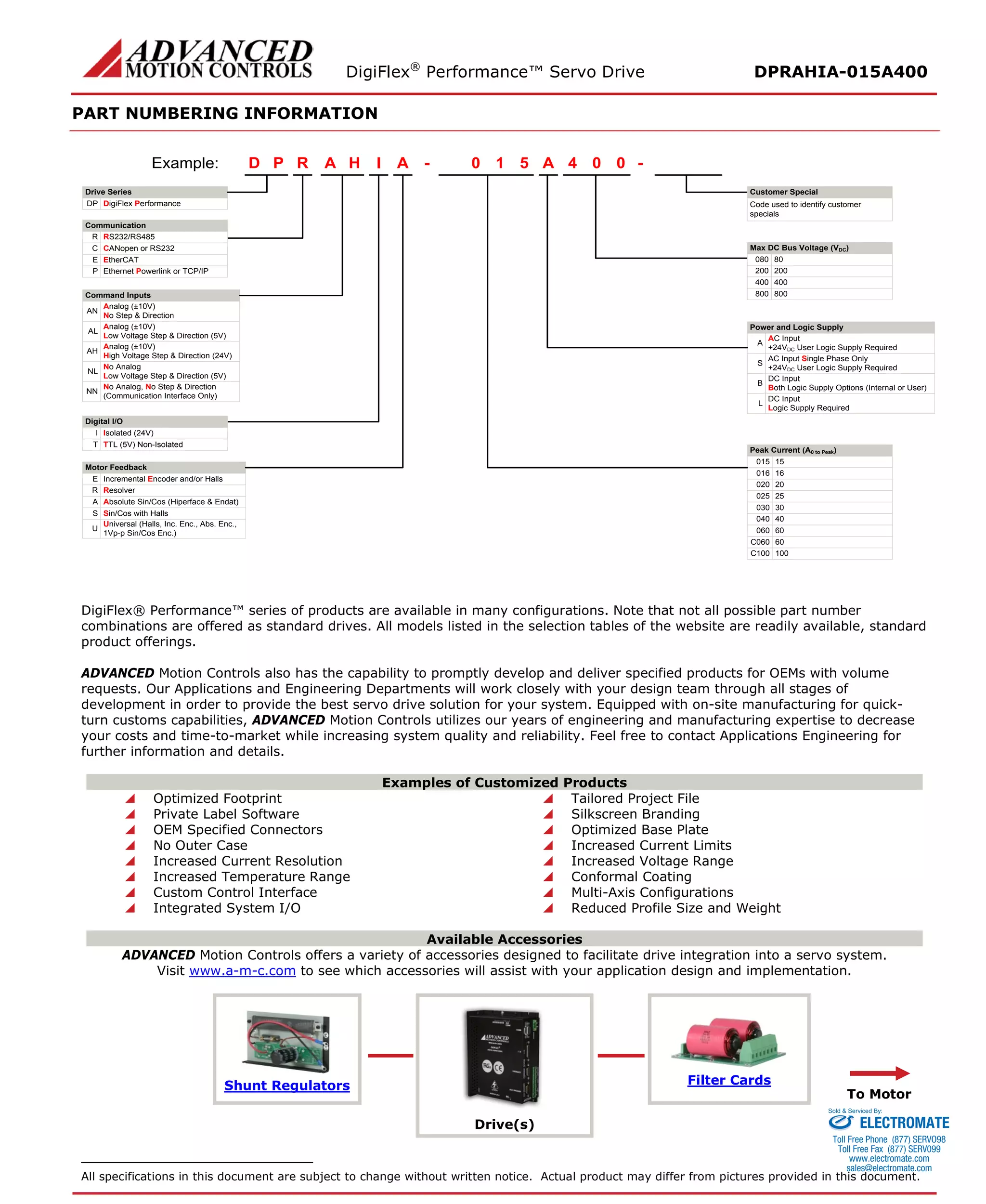 DigiFlex® Performance™ Servo Drive DPRAHIA-015A400 
PART NUMBERING INFORMATION 
- Drive SeriesDigiFlex PerformanceCommunicationCommand InputsRPDIHAA510A004Example: DPRS232/RS485RCANopen or RS232CEthernet Powerlink or TCP/IPPAnalog (±10V) No Step & DirectionANAnalog (±10V) Low Voltage Step & Direction (5V)ALAnalog (±10V) High Voltage Step & Direction (24V)AHNo AnalogLow Voltage Step & Direction (5V)NLNo Analog, No Step & Direction(Communication Interface Only)NNDigital I/OIsolated (24V)ITTL (5V) Non-IsolatedTMotor FeedbackIncremental Encoder and/or HallsEResolverRAbsolute Sin/Cos (Hiperface & Endat)ASin/Cos with HallsSMax DC Bus Voltage (VDC) 80080200200400400800800AC Input+24VDC User Logic Supply RequiredAAC Input Single Phase Only+24VDC User Logic Supply RequiredSDC InputBoth Logic Supply Options (Internal or User)BDC InputLogic Supply RequiredL15015160162002025025300304004060C060100C100- Code used to identify customer specialsPower and Logic SupplyPeak Current (A0 to Peak) Customer SpecialEtherCATEUniversal (Halls, Inc. Enc., Abs. Enc., 1Vp-p Sin/Cos Enc.)U60060 
DigiFlex® Performance™ series of products are available in many configurations. Note that not all possible part number combinations are offered as standard drives. All models listed in the selection tables of the website are readily available, standard product offerings. 
ADVANCED Motion Controls also has the capability to promptly develop and deliver specified products for OEMs with volume requests. Our Applications and Engineering Departments will work closely with your design team through all stages of development in order to provide the best servo drive solution for your system. Equipped with on-site manufacturing for quick- turn customs capabilities, ADVANCED Motion Controls utilizes our years of engineering and manufacturing expertise to decrease your costs and time-to-market while increasing system quality and reliability. Feel free to contact Applications Engineering for further information and details. 
Examples of Customized Products 
 Optimized Footprint 
 Tailored Project File 
 Private Label Software 
 Silkscreen Branding 
 OEM Specified Connectors 
 Optimized Base Plate 
 No Outer Case 
 Increased Current Limits 
 Increased Current Resolution 
 Increased Voltage Range 
 Increased Temperature Range 
 Conformal Coating 
 Custom Control Interface 
 Multi-Axis Configurations 
 Integrated System I/O 
 Reduced Profile Size and Weight 
Available Accessories 
ADVANCED Motion Controls offers a variety of accessories designed to facilitate drive integration into a servo system. 
Visit www.a-m-c.com to see which accessories will assist with your application design and implementation. 
Shunt Regulators 
Drive(s) 
Filter Cards 
To Motor 
All specifications in this document are subject to change without written notice. Actual product may differ from pictures provided in this document. 
ELECTROMATE 
Toll Free Phone (877) SERVO98 
Toll Free Fax (877) SERV099 
www.electromate.com 
sales@electromate.com 
Sold & Serviced By: 
