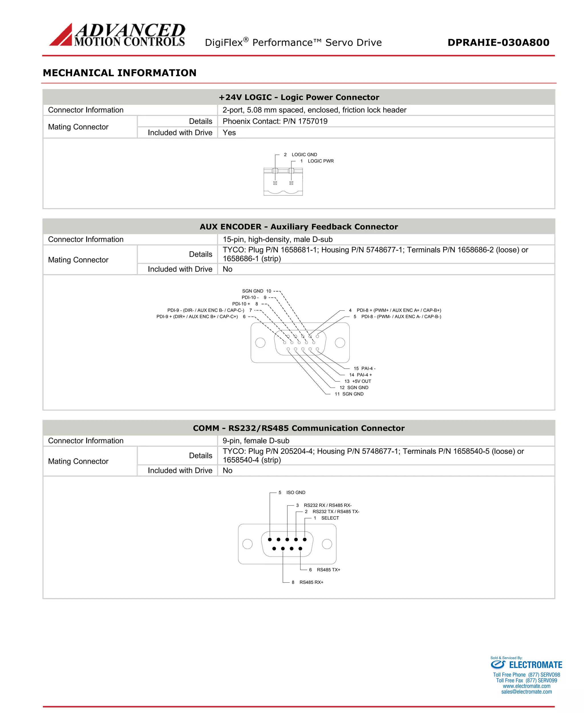 DigiFlex® Performance™ Servo Drive DPRAHIE-030A800 
MECHANICAL INFORMATION 
+24V LOGIC - Logic Power Connector 
Connector Information 
2-port, 5.08 mm spaced, enclosed, friction lock header 
Mating Connector 
Details 
Phoenix Contact: P/N 1757019 
Included with Drive 
Yes 
LOGIC PWR1LOGIC GND2 
AUX ENCODER - Auxiliary Feedback Connector 
Connector Information 
15-pin, high-density, male D-sub 
Mating Connector 
Details 
TYCO: Plug P/N 1658681-1; Housing P/N 5748677-1; Terminals P/N 1658686-2 (loose) or 1658686-1 (strip) 
Included with Drive 
No 
PDI-8 - (PWM- / AUX ENC A- / CAP-B-)5PDI-8 + (PWM+ / AUX ENC A+ / CAP-B+)4PAI-4 -15PAI-4 +14+5V OUT13SGN GND12SGN GND11SGN GND10PDI-9 + (DIR+ / AUX ENC B+ / CAP-C+)6PDI-10 -9PDI-10 +8PDI-9 - (DIR- / AUX ENC B- / CAP-C-)7 
COMM - RS232/RS485 Communication Connector 
Connector Information 
9-pin, female D-sub 
Mating Connector 
Details 
TYCO: Plug P/N 205204-4; Housing P/N 5748677-1; Terminals P/N 1658540-5 (loose) or 1658540-4 (strip) 
Included with Drive 
No 
SELECT1RS232 TX / RS485 TX-2RS232 RX / RS485 RX-3ISO GND5RS485 TX+6RS485 RX+8 
ELECTROMATE 
Toll Free Phone (877) SERVO98 
Toll Free Fax (877) SERV099 
www.electromate.com 
sales@electromate.com 
Sold & Serviced By: 
 