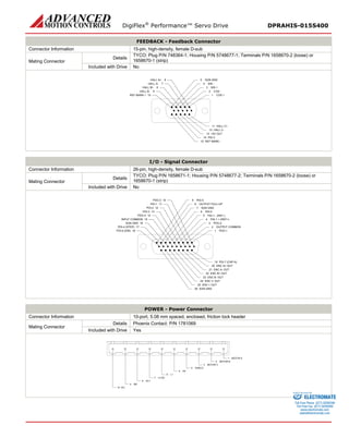 DigiFlex® Performance™ Servo Drive DPRAHIS-015S400 
FEEDBACK - Feedback Connector 
Connector Information 
15-pin, high-density, female D-sub 
Mating Connector 
Details 
TYCO: Plug P/N 748364-1; Housing P/N 5748677-1; Terminals P/N 1658670-2 (loose) or 1658670-1 (strip) 
Included with Drive 
No 
COS +1COS -2SIN +3SIN -4SGN GND5HALL C+11HALL C-12+5V OUT13PAI-314REF MARK -15HALL A+6REF MARK +10HALL A-7HALL B+8HALL B-9 
I/O - Signal Connector 
Connector Information 
26-pin, high-density, female D-sub 
Mating Connector 
Details 
TYCO: Plug P/N 1658671-1; Housing P/N 5748677-2; Terminals P/N 1658670-2 (loose) or 1658670-1 (strip) 
Included with Drive 
No 
PDO-1123456897PDO-414PDI-111PDI-212PDI-313PDO-310INPUT COMMON15PDI-4 (STEP)17PDI-6 (DIR)18SGN GND16OUTPUT COMMONPDI-5OUTPUT PULL-UPSGN GNDPAI-2PAI-1 - (REF-) PAI-1 + (REF+) PDO-2PDI-7 (CAP-A)19ENC I+ OUT24ENC B+ OUT22ENC A+ OUT20ENC A-OUT21ENC B-OUT23ENC I-OUT25SGN GND26 
POWER - Power Connector 
Connector Information 
10-port, 5.08 mm spaced, enclosed, friction lock header 
Mating Connector 
Details 
Phoenix Contact: P/N 1781069 
Included with Drive 
Yes 
MOTOR A1MOTOR B2MOTOR C3SHIELD4PE5L16L2 (N)7DC+8BR9DC-10 
ELECTROMATE 
Toll Free Phone (877) SERVO98 
Toll Free Fax (877) SERV099 
www.electromate.com 
sales@electromate.com 
Sold & Serviced By: 
 