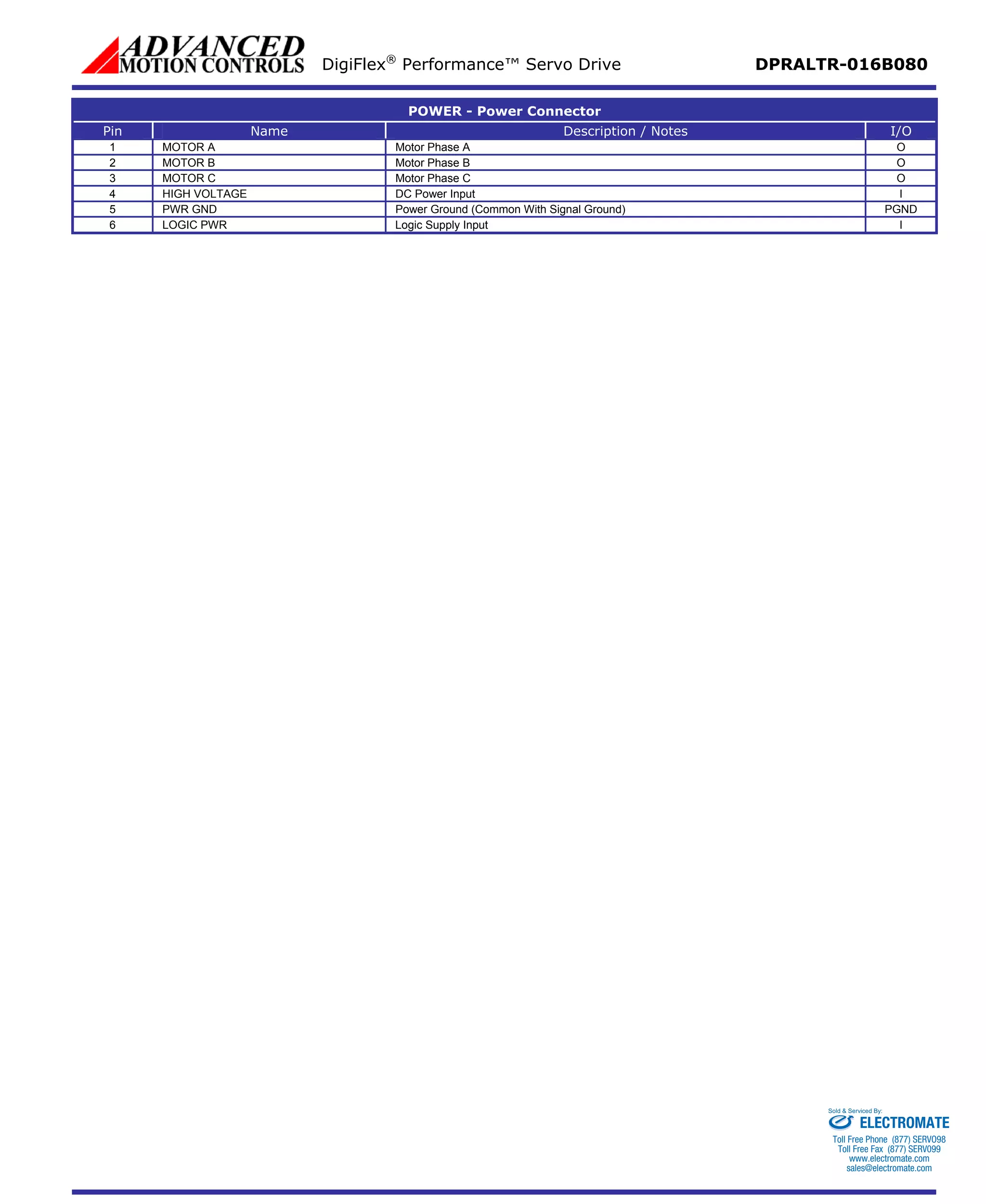 DigiFlex® Performance™ Servo Drive DPRALTR-016B080 
POWER - Power Connector 
Pin 
Name 
Description / Notes 
I/O 
1 
MOTOR A 
Motor Phase A 
O 
2 
MOTOR B 
Motor Phase B 
O 
3 
MOTOR C 
Motor Phase C 
O 
4 
HIGH VOLTAGE 
DC Power Input 
I 
5 
PWR GND 
Power Ground (Common With Signal Ground) 
PGND 
6 
LOGIC PWR 
Logic Supply Input 
I 
ELECTROMATE 
Toll Free Phone (877) SERVO98 
Toll Free Fax (877) SERV099 
www.electromate.com 
sales@electromate.com 
Sold & Serviced By: 
 
