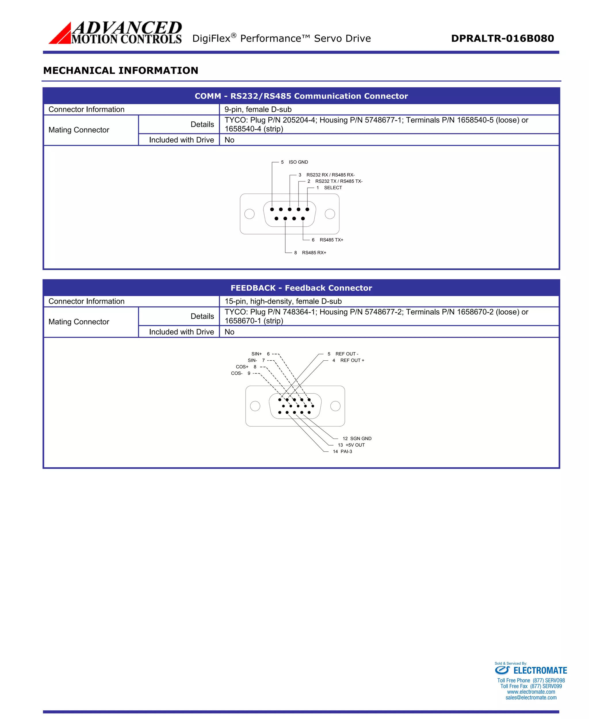 DigiFlex® Performance™ Servo Drive DPRALTR-016B080 
MECHANICAL INFORMATION 
COMM - RS232/RS485 Communication Connector 
Connector Information 
9-pin, female D-sub 
Details 
TYCO: Plug P/N 205204-4; Housing P/N 5748677-1; Terminals P/N 1658540-5 (loose) or 1658540-4 (strip) 
Mating Connector 
Included with Drive 
No SELECT1RS232 TX / RS485 TX-2RS232 RX / RS485 RX-3ISO GND5RS485 TX+6 
FEEDBACK - Feedback Connector 
Connector Information 
15-pin, high-density, female D-sub 
Details 
TYCO: Plug P/N 748364-1; Housing P/N 5748677-2; Terminals P/N 1658670-2 (loose) or 1658670-1 (strip) 
Mating Connector 
Included with Drive 
No REF OUT +4REF OUT -5SGN GND12SIN+6SIN-7COS+8COS-9 
ELECTROMATE 
Toll Free Phone (877) SERVO98 
Toll Free Fax (877) SERV099 
www.electromate.com 
sales@electromate.com 
Sold & Serviced By: 
 