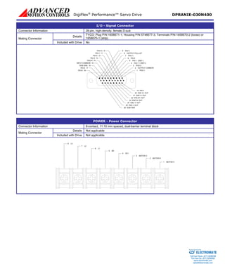 DigiFlex® Performance™ Servo Drive DPRANIE-030N400 
I/O - Signal Connector 
Connector Information 
26-pin, high-density, female D-sub 
Details 
TYCO: Plug P/N 1658671-1; Housing P/N 5748677-3; Terminals P/N 1658670-2 (loose) or 1658670-1 (strip) 
Mating Connector 
Included with Drive 
No PDO-1123456897PDO-414PDI-111PDI-212PDI-313PDO-310INPUT COMMON15PDI-417PDI-618SGN GND16OUTPUT COMMONPDI-5OUTPUT PULL-UPPAO-1PAI-2PAI-1 - (REF-) PAI-1 + (REF+) PDO-2PDI-719ENC I+ OUT24ENC B+ OUT22ENC A+ OUT20ENC A-OUT21ENC B-OUT23 
POWER - Power Connector 
Connector Information 
8-contact, 11.10 mm spaced, dual-barrier terminal block 
Details 
Not applicable 
Mating Connector 
Included with Drive 
Not applicable MOTOR A1MOTOR B2MOTOR C3DC+4BR5L16L27L38 
ELECTROMATE 
Toll Free Phone (877) SERVO98 
Toll Free Fax (877) SERV099 
www.electromate.com 
sales@electromate.com 
Sold & Serviced By: 
 