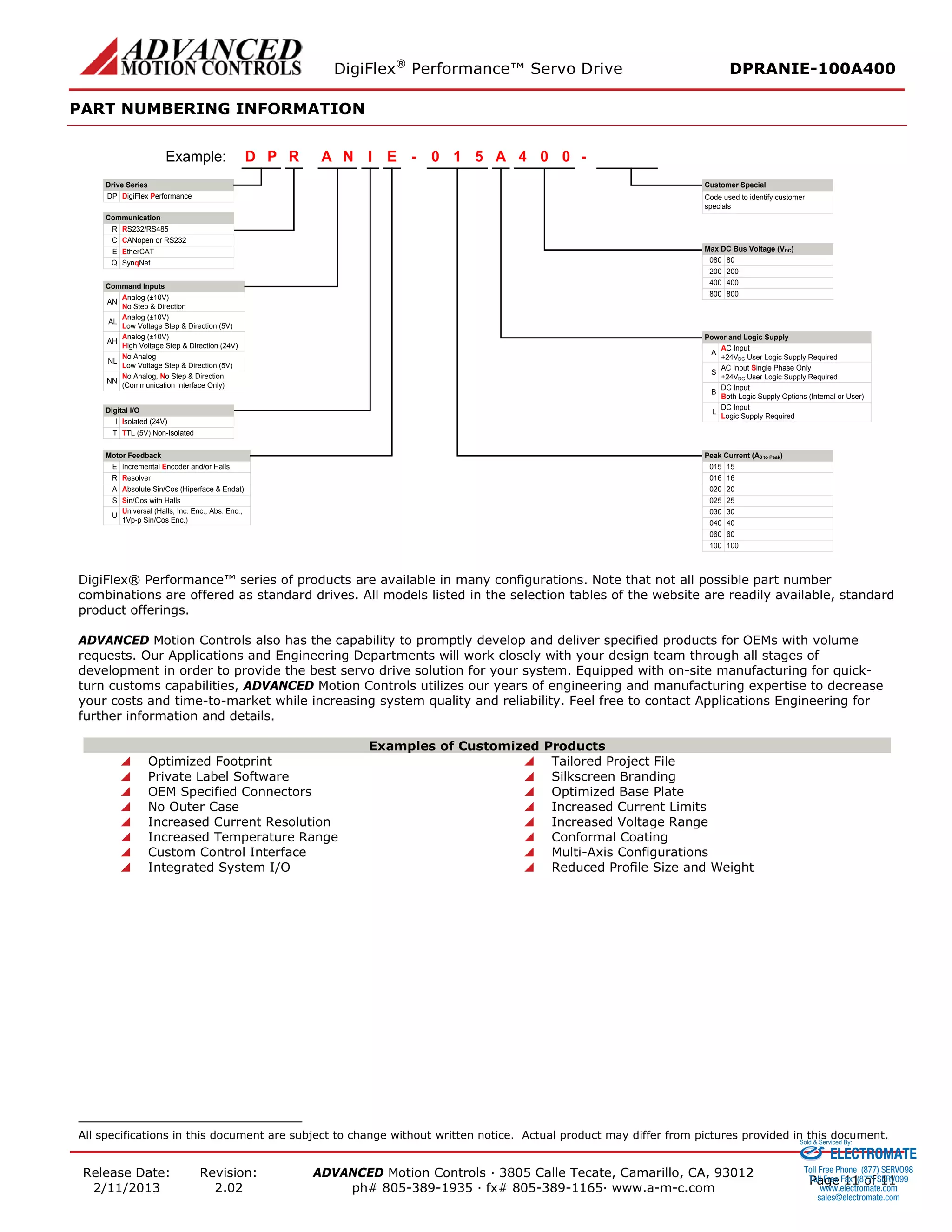 DigiFlex® Performance™ Servo Drive DPRANIE-100A400 
Release Date: 
2/11/2013 
Revision: 
2.02 
ADVANCED Motion Controls · 3805 Calle Tecate, Camarillo, CA, 93012 
ph# 805-389-1935 · fx# 805-389-1165· www.a-m-c.com Page 11 of 11 
PART NUMBERING INFORMATION 
- Drive SeriesDigiFlex PerformanceCommunicationCommand InputsRPDINAE510A004Example: DPRS232/RS485RCANopen or RS232CSynqNetQAnalog (±10V) No Step & DirectionANAnalog (±10V) Low Voltage Step & Direction (5V)ALAnalog (±10V) High Voltage Step & Direction (24V)AHNo AnalogLow Voltage Step & Direction (5V)NLNo Analog, No Step & Direction(Communication Interface Only)NNDigital I/OIsolated (24V)ITTL (5V) Non-IsolatedTMotor FeedbackIncremental Encoder and/or HallsEResolverRAbsolute Sin/Cos (Hiperface & Endat)ASin/Cos with HallsSMax DC Bus Voltage (VDC) 80080200200400400800800AC Input+24VDC User Logic Supply RequiredAAC Input Single Phase Only+24VDC User Logic Supply RequiredSDC InputBoth Logic Supply Options (Internal or User)BDC InputLogic Supply RequiredL15015160162002025025300304004060060100100- Code used to identify customer specialsPower and Logic SupplyPeak Current (A0 to Peak) Customer SpecialEtherCATEUniversal (Halls, Inc. Enc., Abs. Enc., 1Vp-p Sin/Cos Enc.)U 
DigiFlex® Performance™ series of products are available in many configurations. Note that not all possible part number combinations are offered as standard drives. All models listed in the selection tables of the website are readily available, standard product offerings. 
ADVANCED Motion Controls also has the capability to promptly develop and deliver specified products for OEMs with volume requests. Our Applications and Engineering Departments will work closely with your design team through all stages of development in order to provide the best servo drive solution for your system. Equipped with on-site manufacturing for quick- turn customs capabilities, ADVANCED Motion Controls utilizes our years of engineering and manufacturing expertise to decrease your costs and time-to-market while increasing system quality and reliability. Feel free to contact Applications Engineering for further information and details. 
Examples of Customized Products 
 Optimized Footprint 
 Tailored Project File 
 Private Label Software 
 Silkscreen Branding 
 OEM Specified Connectors 
 Optimized Base Plate 
 No Outer Case 
 Increased Current Limits 
 Increased Current Resolution 
 Increased Voltage Range 
 Increased Temperature Range 
 Conformal Coating 
 Custom Control Interface 
 Multi-Axis Configurations 
 Integrated System I/O 
 Reduced Profile Size and Weight 
All specifications in this document are subject to change without written notice. Actual product may differ from pictures provided in this document. 
ELECTROMATE 
Toll Free Phone (877) SERVO98 
Toll Free Fax (877) SERV099 
www.electromate.com 
sales@electromate.com 
Sold & Serviced By: 
