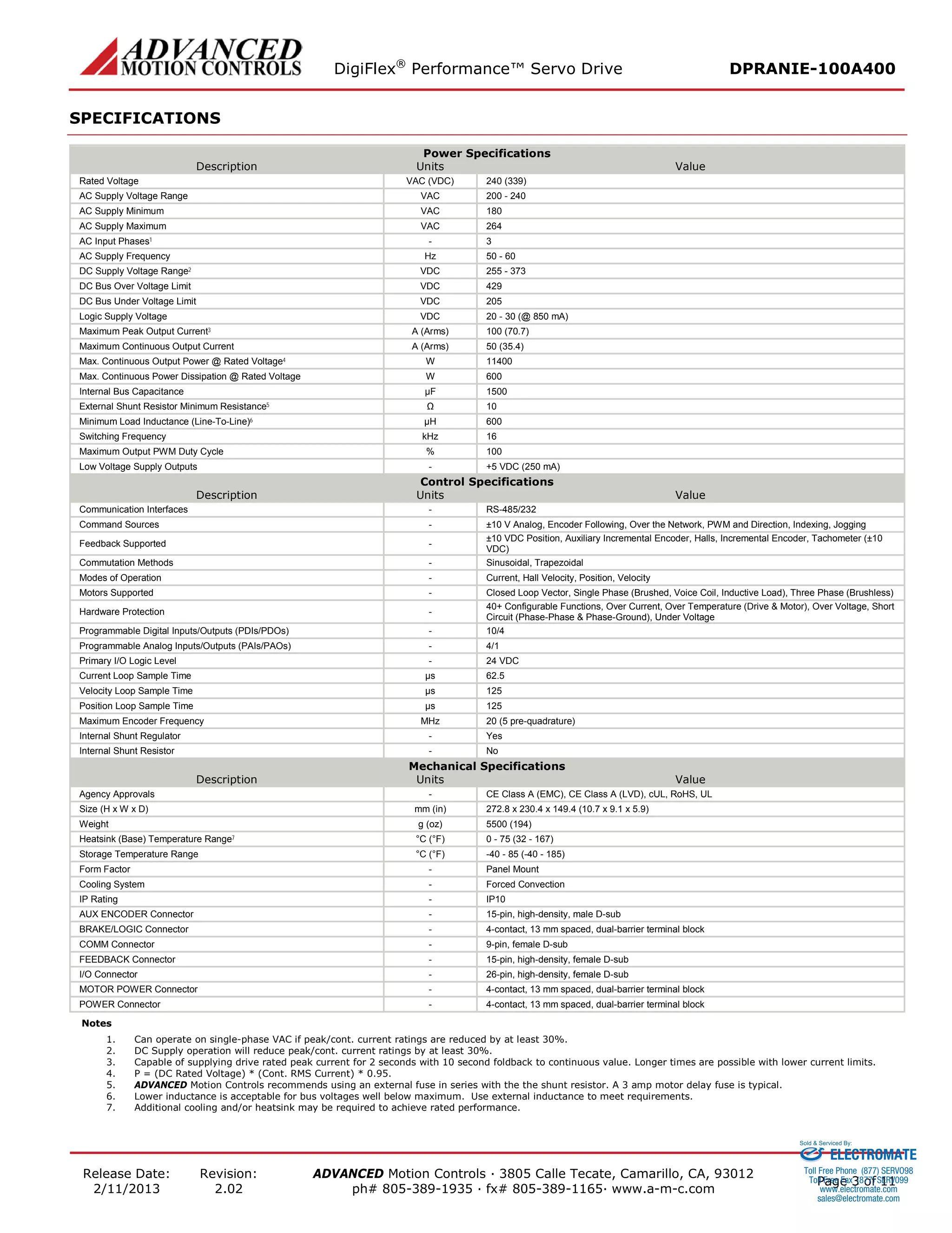 DigiFlex® Performance™ Servo Drive DPRANIE-100A400 
Release Date: 
2/11/2013 
Revision: 
2.02 
ADVANCED Motion Controls · 3805 Calle Tecate, Camarillo, CA, 93012 
ph# 805-389-1935 · fx# 805-389-1165· www.a-m-c.com Page 3 of 11 
SPECIFICATIONS 
Power Specifications 
Description 
Units 
Value 
Rated Voltage 
VAC (VDC) 
240 (339) 
AC Supply Voltage Range 
VAC 
200 - 240 
AC Supply Minimum 
VAC 
180 
AC Supply Maximum 
VAC 
264 
AC Input Phases1 
- 
3 
AC Supply Frequency 
Hz 
50 - 60 
DC Supply Voltage Range2 
VDC 
255 - 373 
DC Bus Over Voltage Limit 
VDC 
429 
DC Bus Under Voltage Limit 
VDC 
205 
Logic Supply Voltage 
VDC 
20 - 30 (@ 850 mA) 
Maximum Peak Output Current3 
A (Arms) 
100 (70.7) 
Maximum Continuous Output Current 
A (Arms) 
50 (35.4) 
Max. Continuous Output Power @ Rated Voltage4 
W 
11400 
Max. Continuous Power Dissipation @ Rated Voltage 
W 
600 
Internal Bus Capacitance 
μF 
1500 
External Shunt Resistor Minimum Resistance5 
Ω 
10 
Minimum Load Inductance (Line-To-Line)6 
μH 
600 
Switching Frequency 
kHz 
16 
Maximum Output PWM Duty Cycle 
% 
100 
Low Voltage Supply Outputs 
- 
+5 VDC (250 mA) 
Control Specifications 
Description 
Units 
Value 
Communication Interfaces 
- 
RS-485/232 
Command Sources 
- 
±10 V Analog, Encoder Following, Over the Network, PWM and Direction, Indexing, Jogging 
Feedback Supported 
- 
±10 VDC Position, Auxiliary Incremental Encoder, Halls, Incremental Encoder, Tachometer (±10 VDC) 
Commutation Methods 
- 
Sinusoidal, Trapezoidal 
Modes of Operation 
- 
Current, Hall Velocity, Position, Velocity 
Motors Supported 
- 
Closed Loop Vector, Single Phase (Brushed, Voice Coil, Inductive Load), Three Phase (Brushless) 
Hardware Protection 
- 
40+ Configurable Functions, Over Current, Over Temperature (Drive & Motor), Over Voltage, Short Circuit (Phase-Phase & Phase-Ground), Under Voltage 
Programmable Digital Inputs/Outputs (PDIs/PDOs) 
- 
10/4 
Programmable Analog Inputs/Outputs (PAIs/PAOs) 
- 
4/1 
Primary I/O Logic Level 
- 
24 VDC 
Current Loop Sample Time 
μs 
62.5 
Velocity Loop Sample Time 
μs 
125 
Position Loop Sample Time 
μs 
125 
Maximum Encoder Frequency 
MHz 
20 (5 pre-quadrature) 
Internal Shunt Regulator 
- 
Yes 
Internal Shunt Resistor 
- 
No 
Mechanical Specifications 
Description 
Units 
Value 
Agency Approvals 
- 
CE Class A (EMC), CE Class A (LVD), cUL, RoHS, UL 
Size (H x W x D) 
mm (in) 
272.8 x 230.4 x 149.4 (10.7 x 9.1 x 5.9) 
Weight 
g (oz) 
5500 (194) 
Heatsink (Base) Temperature Range7 
°C (°F) 
0 - 75 (32 - 167) 
Storage Temperature Range 
°C (°F) 
-40 - 85 (-40 - 185) 
Form Factor 
- 
Panel Mount 
Cooling System 
- 
Forced Convection 
IP Rating 
- 
IP10 
AUX ENCODER Connector 
- 
15-pin, high-density, male D-sub 
BRAKE/LOGIC Connector 
- 
4-contact, 13 mm spaced, dual-barrier terminal block 
COMM Connector 
- 
9-pin, female D-sub 
FEEDBACK Connector 
- 
15-pin, high-density, female D-sub 
I/O Connector 
- 
26-pin, high-density, female D-sub 
MOTOR POWER Connector 
- 
4-contact, 13 mm spaced, dual-barrier terminal block 
POWER Connector 
- 
4-contact, 13 mm spaced, dual-barrier terminal block 
Notes 
1. Can operate on single-phase VAC if peak/cont. current ratings are reduced by at least 30%. 
2. DC Supply operation will reduce peak/cont. current ratings by at least 30%. 
3. Capable of supplying drive rated peak current for 2 seconds with 10 second foldback to continuous value. Longer times are possible with lower current limits. 
4. P = (DC Rated Voltage) * (Cont. RMS Current) * 0.95. 
5. ADVANCED Motion Controls recommends using an external fuse in series with the the shunt resistor. A 3 amp motor delay fuse is typical. 
6. Lower inductance is acceptable for bus voltages well below maximum. Use external inductance to meet requirements. 
7. Additional cooling and/or heatsink may be required to achieve rated performance. 
ELECTROMATE 
Toll Free Phone (877) SERVO98 
Toll Free Fax (877) SERV099 
www.electromate.com 
sales@electromate.com 
Sold & Serviced By: 
 