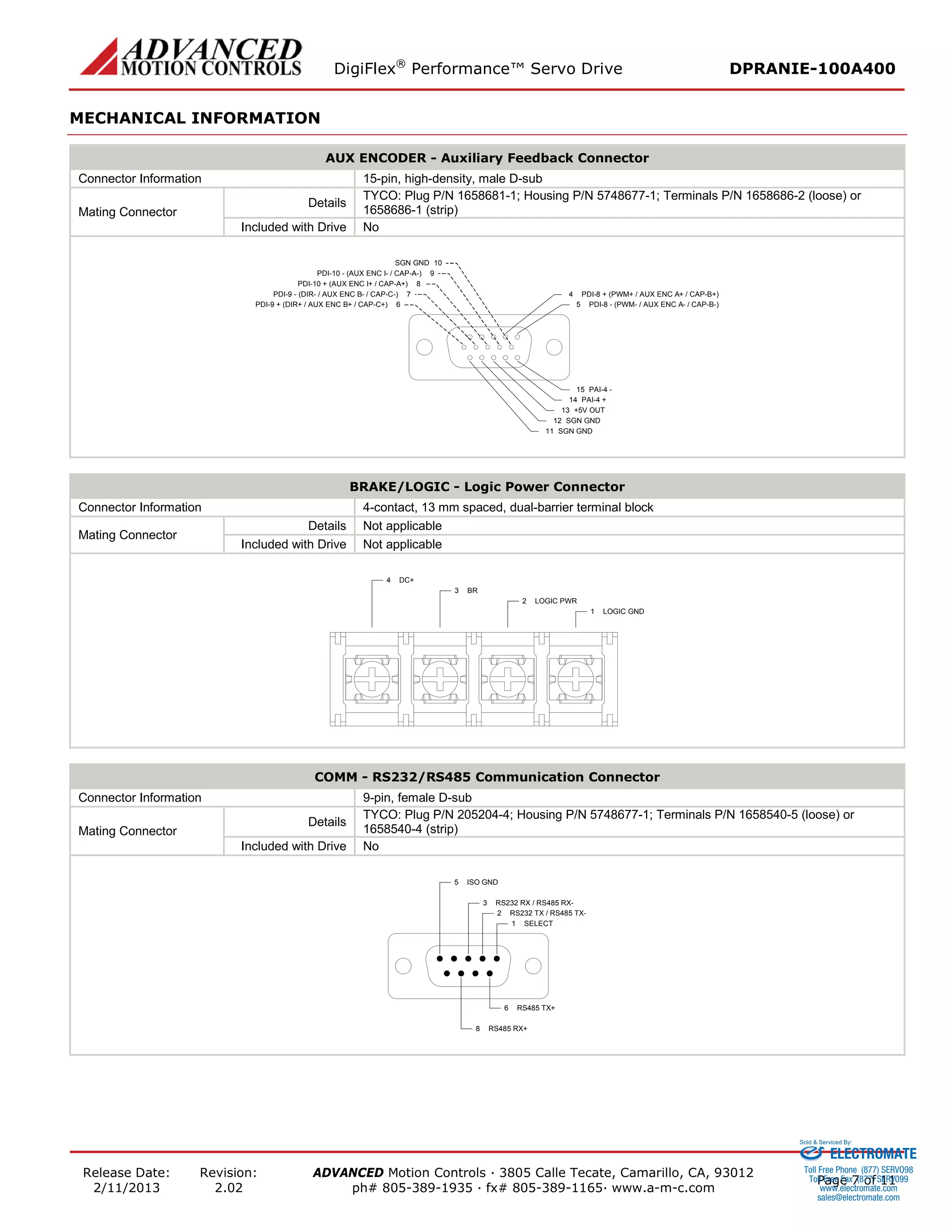 DigiFlex® Performance™ Servo Drive DPRANIE-100A400 
Release Date: 
2/11/2013 
Revision: 
2.02 
ADVANCED Motion Controls · 3805 Calle Tecate, Camarillo, CA, 93012 
ph# 805-389-1935 · fx# 805-389-1165· www.a-m-c.com Page 7 of 11 
MECHANICAL INFORMATION 
AUX ENCODER - Auxiliary Feedback Connector 
Connector Information 
15-pin, high-density, male D-sub 
Mating Connector 
Details 
TYCO: Plug P/N 1658681-1; Housing P/N 5748677-1; Terminals P/N 1658686-2 (loose) or 1658686-1 (strip) 
Included with Drive 
No 
PDI-8 - (PWM- / AUX ENC A- / CAP-B-)5PDI-8 + (PWM+ / AUX ENC A+ / CAP-B+)4PAI-4 -15PAI-4 +14+5V OUT13SGN GND12SGN GND11SGN GND10PDI-9 + (DIR+ / AUX ENC B+ / CAP-C+)6PDI-10 - (AUX ENC I- / CAP-A-)9PDI-10 + (AUX ENC I+ / CAP-A+)8PDI-9 - (DIR- / AUX ENC B- / CAP-C-)7 
BRAKE/LOGIC - Logic Power Connector 
Connector Information 
4-contact, 13 mm spaced, dual-barrier terminal block 
Mating Connector 
Details 
Not applicable 
Included with Drive 
Not applicable 
LOGIC GND1LOGIC PWR2BR3DC+4 
COMM - RS232/RS485 Communication Connector 
Connector Information 
9-pin, female D-sub 
Mating Connector 
Details 
TYCO: Plug P/N 205204-4; Housing P/N 5748677-1; Terminals P/N 1658540-5 (loose) or 1658540-4 (strip) 
Included with Drive 
No 
SELECT1RS232 TX / RS485 TX-2RS232 RX / RS485 RX-3ISO GND5RS485 TX+6RS485 RX+8 
ELECTROMATE 
Toll Free Phone (877) SERVO98 
Toll Free Fax (877) SERV099 
www.electromate.com 
sales@electromate.com 
Sold & Serviced By: 
 