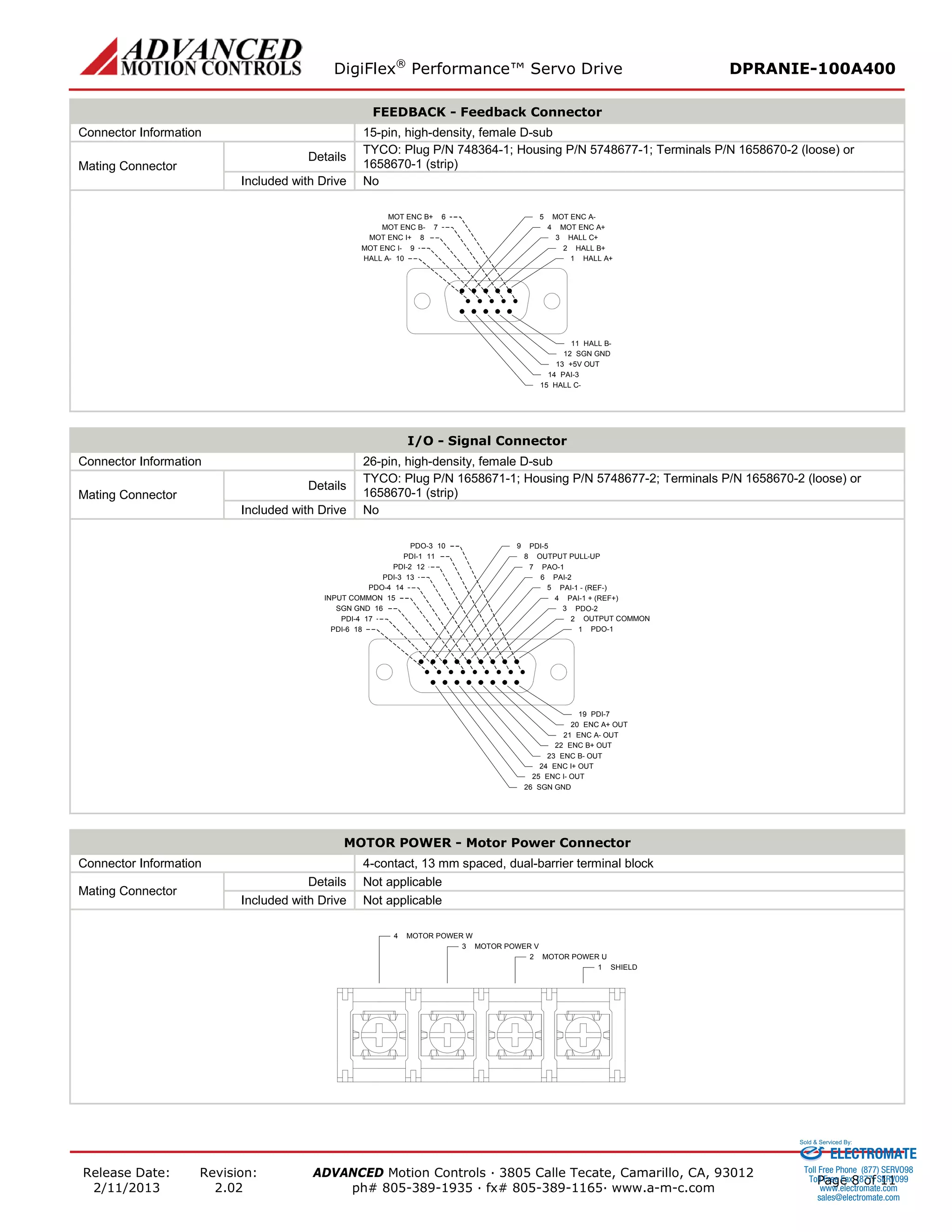 DigiFlex® Performance™ Servo Drive DPRANIE-100A400 
Release Date: 
2/11/2013 
Revision: 
2.02 
ADVANCED Motion Controls · 3805 Calle Tecate, Camarillo, CA, 93012 
ph# 805-389-1935 · fx# 805-389-1165· www.a-m-c.com Page 8 of 11 
FEEDBACK - Feedback Connector 
Connector Information 
15-pin, high-density, female D-sub 
Mating Connector 
Details 
TYCO: Plug P/N 748364-1; Housing P/N 5748677-1; Terminals P/N 1658670-2 (loose) or 1658670-1 (strip) 
Included with Drive 
No 
HALL A+1HALL B+2HALL C+3MOT ENC A+4MOT ENC A-5HALL B-11SGN GND12+5V OUT13PAI-314HALL C-15MOT ENC B+6HALL A-10MOT ENC B-7MOT ENC I+8MOT ENC I-9 
I/O - Signal Connector 
Connector Information 
26-pin, high-density, female D-sub 
Mating Connector 
Details 
TYCO: Plug P/N 1658671-1; Housing P/N 5748677-2; Terminals P/N 1658670-2 (loose) or 1658670-1 (strip) 
Included with Drive 
No 
PDO-1123456897PDO-414PDI-111PDI-212PDI-313PDO-310INPUT COMMON15PDI-417PDI-618SGN GND16OUTPUT COMMONPDI-5OUTPUT PULL-UPPAO-1PAI-2PAI-1 - (REF-) PAI-1 + (REF+) PDO-2PDI-719ENC I+ OUT24ENC B+ OUT22ENC A+ OUT20ENC A-OUT21ENC B-OUT23ENC I-OUT25SGN GND26 
MOTOR POWER - Motor Power Connector 
Connector Information 
4-contact, 13 mm spaced, dual-barrier terminal block 
Mating Connector 
Details 
Not applicable 
Included with Drive 
Not applicable 
SHIELD1MOTOR POWER U2MOTOR POWER V3MOTOR POWER W4 
ELECTROMATE 
Toll Free Phone (877) SERVO98 
Toll Free Fax (877) SERV099 
www.electromate.com 
sales@electromate.com 
Sold & Serviced By: 
 