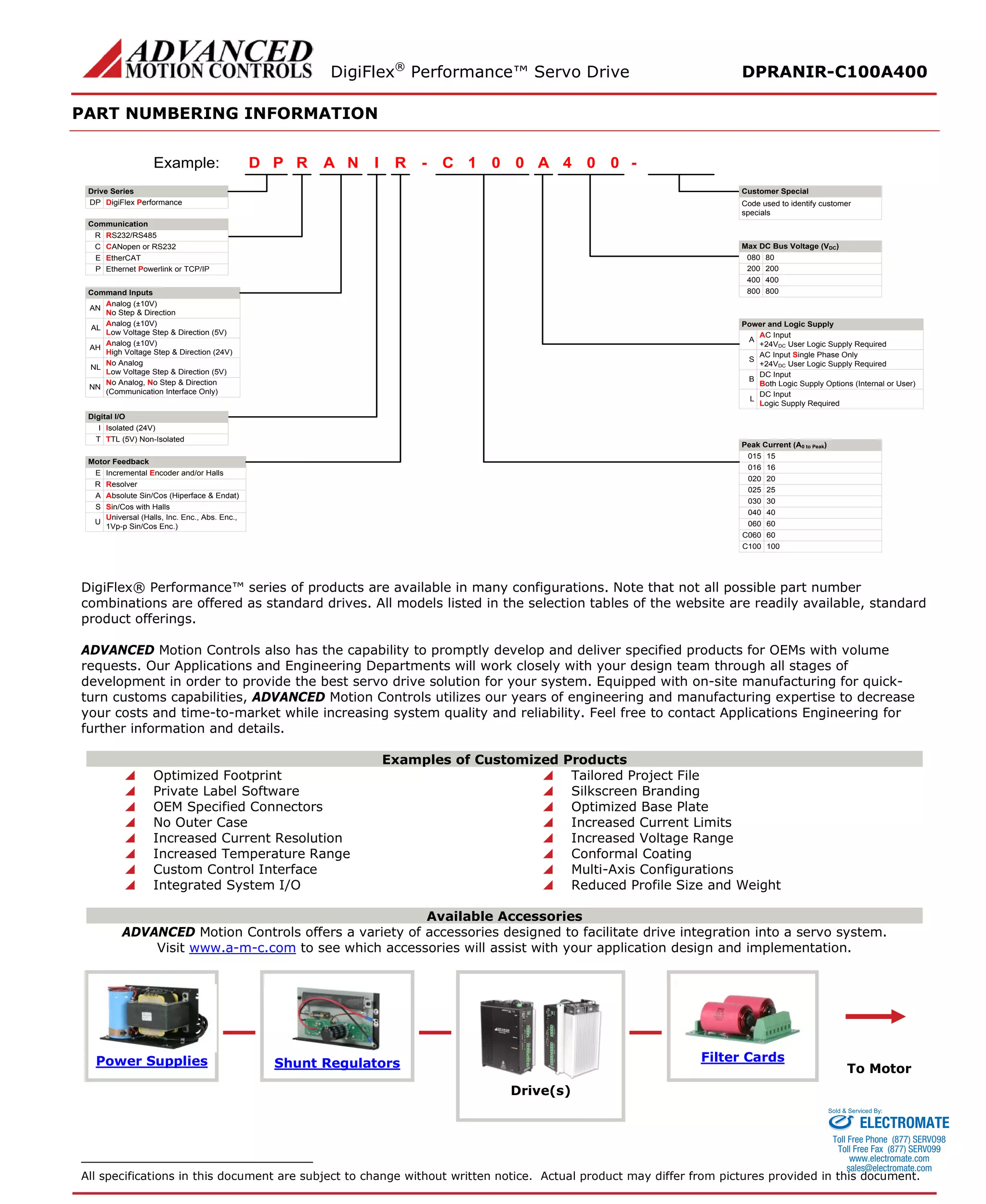 DigiFlex® Performance™ Servo Drive DPRANIR-C100A400 
PART NUMBERING INFORMATION 
C- Drive SeriesDigiFlex PerformanceCommunicationCommand InputsRPDINAR001A004Example: DPRS232/RS485RCANopen or RS232CEthernet Powerlink or TCP/IPPAnalog (±10V) No Step & DirectionANAnalog (±10V) Low Voltage Step & Direction (5V)ALAnalog (±10V) High Voltage Step & Direction (24V)AHNo AnalogLow Voltage Step & Direction (5V)NLNo Analog, No Step & Direction(Communication Interface Only)NNDigital I/OIsolated (24V)ITTL (5V) Non-IsolatedTMotor FeedbackIncremental Encoder and/or HallsEResolverRAbsolute Sin/Cos (Hiperface & Endat)ASin/Cos with HallsSMax DC Bus Voltage (VDC) 80080200200400400800800AC Input+24VDC User Logic Supply RequiredAAC Input Single Phase Only+24VDC User Logic Supply RequiredSDC InputBoth Logic Supply Options (Internal or User)BDC InputLogic Supply RequiredL15015160162002025025300304004060C060100C100- Code used to identify customer specialsPower and Logic SupplyPeak Current (A0 to Peak) Customer SpecialEtherCATEUniversal (Halls, Inc. Enc., Abs. Enc., 1Vp-p Sin/Cos Enc.)U60060 
DigiFlex® Performance™ series of products are available in many configurations. Note that not all possible part number combinations are offered as standard drives. All models listed in the selection tables of the website are readily available, standard product offerings. 
ADVANCED Motion Controls also has the capability to promptly develop and deliver specified products for OEMs with volume requests. Our Applications and Engineering Departments will work closely with your design team through all stages of development in order to provide the best servo drive solution for your system. Equipped with on-site manufacturing for quick- turn customs capabilities, ADVANCED Motion Controls utilizes our years of engineering and manufacturing expertise to decrease your costs and time-to-market while increasing system quality and reliability. Feel free to contact Applications Engineering for further information and details. 
Examples of Customized Products 
 Optimized Footprint 
 Tailored Project File 
 Private Label Software 
 Silkscreen Branding 
 OEM Specified Connectors 
 Optimized Base Plate 
 No Outer Case 
 Increased Current Limits 
 Increased Current Resolution 
 Increased Voltage Range 
 Increased Temperature Range 
 Conformal Coating 
 Custom Control Interface 
 Multi-Axis Configurations 
 Integrated System I/O 
 Reduced Profile Size and Weight 
Available Accessories 
ADVANCED Motion Controls offers a variety of accessories designed to facilitate drive integration into a servo system. 
Visit www.a-m-c.com to see which accessories will assist with your application design and implementation. 
Power Supplies 
Shunt Regulators 
Drive(s) 
Filter Cards 
To Motor 
All specifications in this document are subject to change without written notice. Actual product may differ from pictures provided in this document. 
ELECTROMATE 
Toll Free Phone (877) SERVO98 
Toll Free Fax (877) SERV099 
www.electromate.com 
sales@electromate.com 
Sold & Serviced By: 
