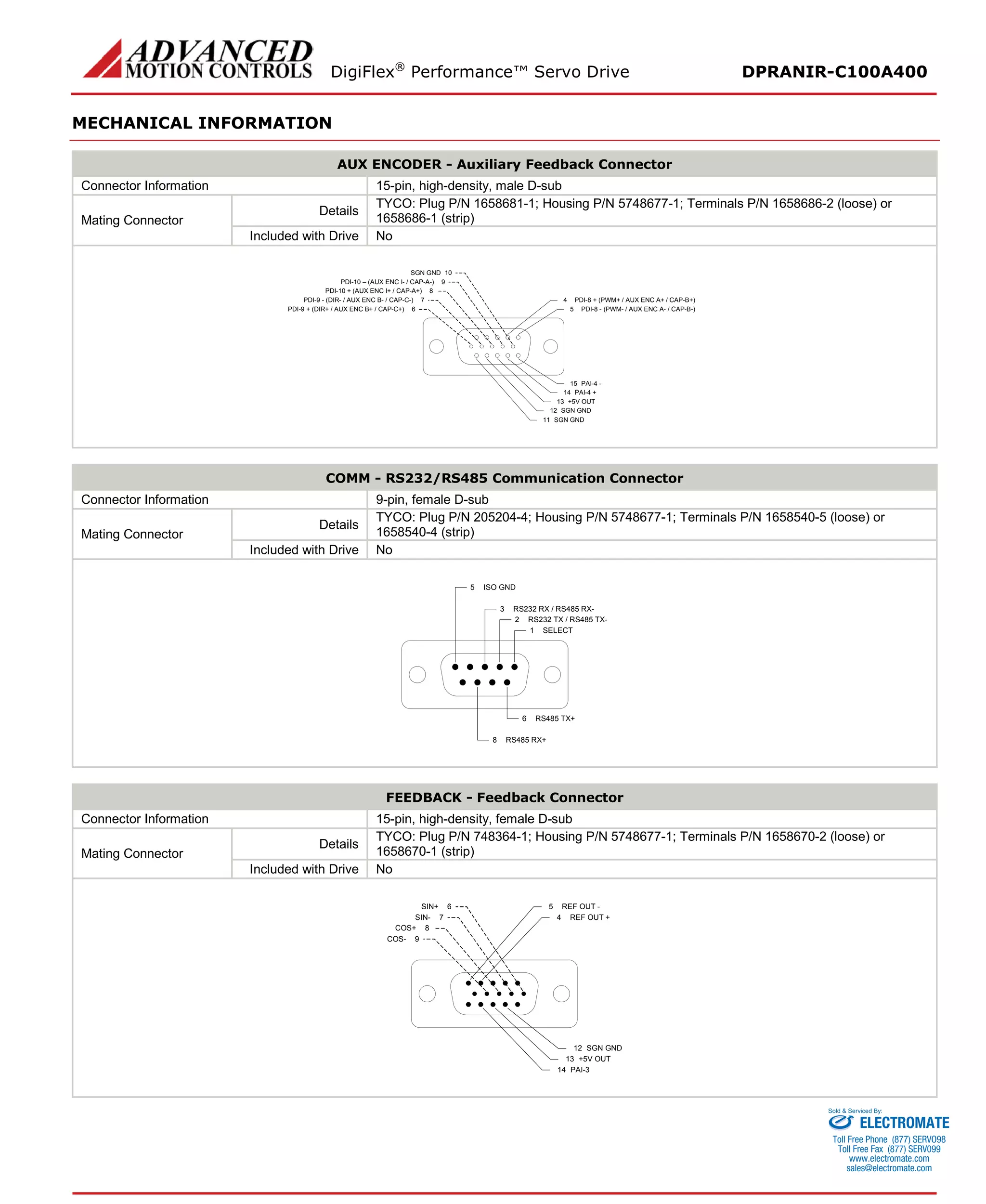 DigiFlex® Performance™ Servo Drive DPRANIR-C100A400 
MECHANICAL INFORMATION 
AUX ENCODER - Auxiliary Feedback Connector 
Connector Information 
15-pin, high-density, male D-sub 
Mating Connector 
Details 
TYCO: Plug P/N 1658681-1; Housing P/N 5748677-1; Terminals P/N 1658686-2 (loose) or 1658686-1 (strip) 
Included with Drive 
No 
PDI-8 -(PWM-/ AUX ENC A-/ CAP-B-)5PDI-8 + (PWM+ / AUX ENC A+ / CAP-B+)4PAI-4 -15PAI-4 +14+5V OUT13SGN GND12SGN GND11SGN GND10PDI-9 + (DIR+ / AUX ENC B+ / CAP-C+)6PDI-10 –(AUX ENC I-/ CAP-A-)9PDI-10 + (AUX ENC I+ / CAP-A+)8PDI-9 -(DIR-/ AUX ENC B-/ CAP-C-)7 
COMM - RS232/RS485 Communication Connector 
Connector Information 
9-pin, female D-sub 
Mating Connector 
Details 
TYCO: Plug P/N 205204-4; Housing P/N 5748677-1; Terminals P/N 1658540-5 (loose) or 1658540-4 (strip) 
Included with Drive 
No 
SELECT1RS232 TX / RS485 TX-2RS232 RX / RS485 RX-3ISO GND5RS485 TX+6RS485 RX+8 
FEEDBACK - Feedback Connector 
Connector Information 
15-pin, high-density, female D-sub 
Mating Connector 
Details 
TYCO: Plug P/N 748364-1; Housing P/N 5748677-1; Terminals P/N 1658670-2 (loose) or 1658670-1 (strip) 
Included with Drive 
No 
REF OUT +4REF OUT -5SGN GND12+5V OUT13PAI-314SIN+6SIN-7COS+8COS-9 
ELECTROMATE 
Toll Free Phone (877) SERVO98 
Toll Free Fax (877) SERV099 
www.electromate.com 
sales@electromate.com 
Sold & Serviced By: 
 
