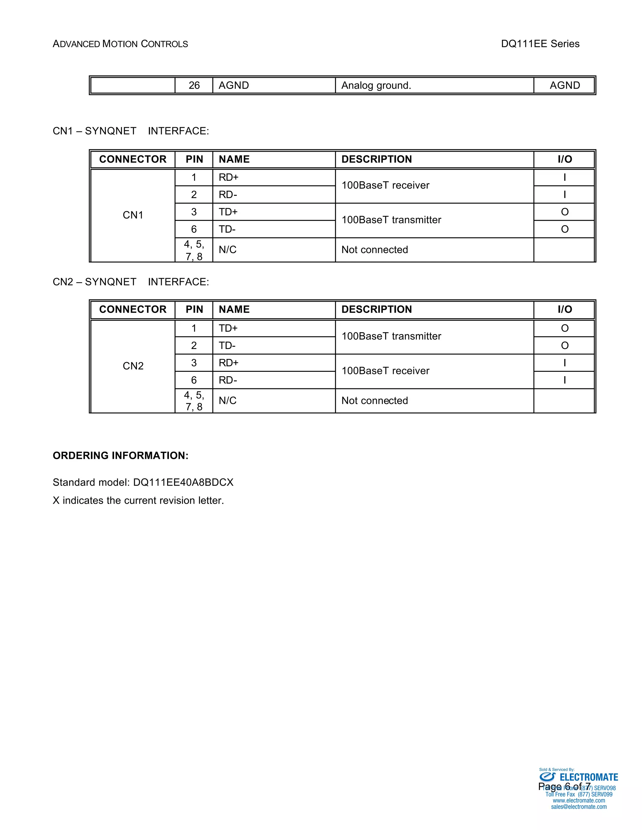 ADVANCED MOTION CONTROLS DQ111EE Series 
26 AGND Analog ground. AGND 
Sold & Serviced By: 
Page 6 of 7 
CN1 – SYNQNETä INTERFACE: 
CONNECTOR PIN NAME DESCRIPTION I/O 
1 RD+ I 
100BaseT receiver 
2 RD- 
I 
3 TD+ O 
100BaseT transmitter 
6 TD- 
O 
CN1 
4, 5, 
7, 8 
N/C Not connected 
CN2 – SYNQNETä INTERFACE: 
CONNECTOR PIN NAME DESCRIPTION I/O 
1 TD+ O 
100BaseT transmitter 
2 TD- 
O 
3 RD+ I 
100BaseT receiver 
6 RD- 
I 
CN2 
4, 5, 
7, 8 
N/C Not connected 
ORDERING INFORMATION: 
Standard model: DQ111EE40A8BDCX 
X indicates the current revision letter. 
ELECTROMATE 
Toll Free Phone (877) SERVO98 
Toll Free Fax (877) SERV099 
www.electromate.com 
sales@electromate.com 
 