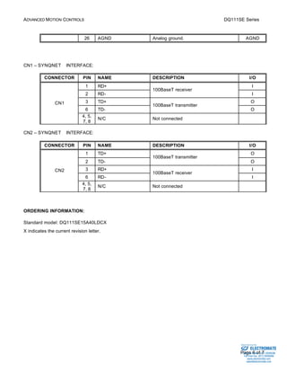 ADVANCED MOTION CONTROLS DQ111SE Series 
26 AGND Analog ground. AGND 
Sold & Serviced By: 
Page 6 of 7 
CN1 – SYNQNETä INTERFACE: 
CONNECTOR PIN NAME DESCRIPTION I/O 
1 RD+ I 
100BaseT receiver 
2 RD- 
I 
3 TD+ O 
100BaseT transmitter 
6 TD- 
O 
CN1 
4, 5, 
7, 8 
N/C Not connected 
CN2 – SYNQNETä INTERFACE: 
CONNECTOR PIN NAME DESCRIPTION I/O 
1 TD+ O 
100BaseT transmitter 
2 TD- 
O 
3 RD+ I 
100BaseT receiver 
6 RD- 
I 
CN2 
4, 5, 
7, 8 
N/C Not connected 
ORDERING INFORMATION: 
Standard model: DQ111SE15A40LDCX 
X indicates the current revision letter. 
ELECTROMATE 
Toll Free Phone (877) SERVO98 
Toll Free Fax (877) SERV099 
www.electromate.com 
sales@electromate.com 
 